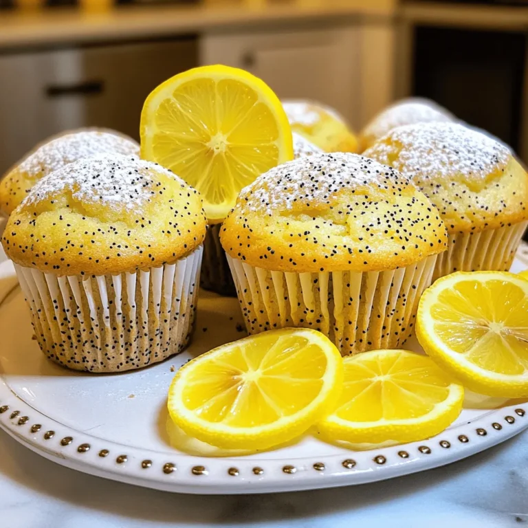 Here is what you need for delicious lemon poppy seed muffins: - 1 ½ cups all-purpose flour - ½ cup granulated sugar - 2 tablespoons poppy seeds - 1 tablespoon baking powder - ½ teaspoon salt - 1 cup buttermilk (or substitute with milk and lemon juice) - ½ cup vegetable oil - 2 large eggs - Zest from 2 lemons - 2 tablespoons freshly squeezed lemon juice - Optional: ½ cup powdered sugar (for glaze) These ingredients create a bright and zesty muffin. The all-purpose flour gives it structure. The sugar adds sweetness. Poppy seeds give a nice crunch and fun texture. Baking powder helps the muffins rise. Salt balances the flavor. Buttermilk keeps the muffins moist. Vegetable oil adds richness. The eggs bind everything together. Lemon zest and juice give a fresh kick. The optional glaze adds a sweet finish. You can find the full recipe above. Enjoy baking these fresh and flavorful treats! 1. Preheat your oven to 375°F (190°C). This gets the oven ready for baking. 2. Prepare your muffin tin. You can line it with paper liners or grease each cup. This helps to prevent sticking. 3. Whisk together the dry ingredients. In a bowl, mix the all-purpose flour, sugar, poppy seeds, baking powder, and salt. This ensures even flavor in every bite. 4. Combine the wet ingredients. In another bowl, mix the buttermilk, vegetable oil, eggs, lemon zest, and lemon juice. Use a whisk until it's smooth and frothy. 1. Gradually combine the wet and dry ingredients. Pour the wet mixture into the dry bowl. Stir gently until just combined. Be careful not to overmix; a few lumps are okay. This keeps the muffins light and fluffy. 1. Portion the batter into muffin cups. Use a spoon or ice cream scoop. Fill each cup about two-thirds full. This allows space for the muffins to rise. 2. Bake for 18-20 minutes. Place the muffin tin in your preheated oven. Check for doneness by inserting a toothpick into the center of a muffin. If it comes out clean, they’re ready! You can find more details in the Full Recipe. - Accurate measurements are key to great muffins. Use measuring cups and spoons for best results. - Room temperature ingredients blend better. Let your buttermilk and eggs sit out for about 30 minutes before mixing. - After baking, cool your muffins properly on a wire rack. This helps them stay fluffy. - For serving, I love pairing these muffins with tea or coffee. You can also add a light glaze for a sweet touch. Serve on a pretty platter for a nice look! {{image_4}} You can easily make this recipe gluten-free. Use a gluten-free flour mix instead of all-purpose flour. Look for a blend that includes xanthan gum. This will help mimic the texture of regular flour. Measure the gluten-free flour just like regular flour. Follow the rest of the recipe as usual. Your muffins will still be soft and tasty! Want to make vegan lemon poppy seed muffins? It’s simple! For the eggs, use flax eggs. Mix 1 tablespoon of ground flaxseed with 2.5 tablespoons of water. Let it sit for a few minutes to thicken. Instead of buttermilk, use plant-based milk mixed with lemon juice. Almond or soy milk works well. Swap vegetable oil with coconut oil for a nice flavor. These changes keep the muffins light and flavorful. You can add more fun to your muffins! Consider mixing in blueberries or raspberries. They add a burst of sweetness. Chopped walnuts or pecans can give a nice crunch. Try adding a teaspoon of vanilla extract for a warm flavor. You can also experiment with lemon zest. More zest means a stronger lemon taste. These little additions make your muffins stand out! To keep your lemon poppy seed muffins fresh at room temperature, place them in an airtight container. This helps keep them moist. You can also wrap each muffin in plastic wrap. Store them at room temperature for up to three days. If you notice any signs of drying, enjoy them quickly! For longer storage, freezing is your best bet. First, let the muffins cool completely. Then, wrap each muffin tightly in plastic wrap. Place the wrapped muffins in a freezer-safe bag or container. They can stay frozen for up to three months. When you're ready to eat, just take out a muffin and let it thaw at room temperature. To reheat your muffins, preheat your oven to 350°F (175°C). Place the muffins on a baking sheet. Heat them for about 5 to 10 minutes. This method keeps them soft and warm. You can also use the microwave. Heat on medium power for about 15 to 20 seconds. Be careful not to overheat, or they may get tough. Enjoy your muffins warm for the best flavor! Lemon poppy seed muffins can last up to three days when stored at room temperature. Keep them in an airtight container to keep them fresh. If you want to store them longer, put them in the fridge for about a week. For even longer storage, freeze them for up to three months. Just remember to wrap them well to prevent freezer burn. Yes, you can use regular milk instead of buttermilk. Mix one cup of milk with one tablespoon of fresh lemon juice or vinegar. Let it sit for about five minutes to thicken. This will give you a similar tangy flavor that buttermilk adds to the muffins. Your muffins will still taste great! If you want a vegan version, you can replace each egg with one of these options: - 1/4 cup of unsweetened applesauce - 1/4 cup of mashed banana - 1 tablespoon of ground flaxseed mixed with 2.5 tablespoons of water (let it sit for five minutes) These substitutes work well to bind the ingredients and keep the muffins moist. Yes, you can make a lemon glaze without powdered sugar. You can use maple syrup or honey as a sweetener. Mix two tablespoons of lemon juice with one tablespoon of your chosen sweetener. Stir until it reaches your desired consistency. This glaze will add a nice lemon flavor without the powdered sugar. To prevent muffins from sticking, grease your muffin tins with cooking spray or butter. You can also use paper liners for easy removal. If using liners, make sure to fill each cup only two-thirds full to allow for rising. This will help you get perfect muffins every time. Yes, you can turn this recipe into mini muffins! Simply adjust the baking time to about 12-15 minutes. Check for doneness by inserting a toothpick into the center of a mini muffin. If it comes out clean, they are ready to enjoy. This is a great option for bite-sized treats! This blog post guided you through making delicious lemon poppy seed muffins. We explored each ingredient, preparation steps, and baking tips for success. You also learned about variations, storage, and answers to common questions. Creating these muffins is simple and fun. Use fresh ingredients for the best taste. Enjoy sharing them with friends and family, or savor them yourself. Happy baking!