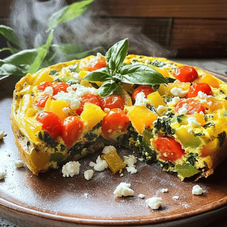 - 6 large eggs - 1/2 cup milk - 1 cup fresh spinach, chopped - 1/2 cup cherry tomatoes, halved - 1/2 cup bell pepper, diced - 1/4 cup red onion, finely chopped - 1/2 cup feta cheese, crumbled - 2 tablespoons olive oil The main ingredients form the base of your frittata. Eggs and milk create a fluffy texture. Fresh spinach adds color and nutrients. Cherry tomatoes bring sweetness. Bell peppers and onions provide crunch and flavor. Feta cheese adds a salty kick, making each bite special. - 1 teaspoon garlic powder - 1 teaspoon dried oregano - Salt and pepper, to taste Seasonings enhance the taste. Garlic powder adds depth. Dried oregano brings an herbal note. Salt and pepper balance flavors. Adjust these to fit your taste. - Types of cheese (e.g., cheddar, goat cheese) - Additional vegetables (e.g., zucchini, mushrooms) - Fresh herbs (e.g., basil, parsley) Want to change it up? Use different cheeses for a new twist. Add veggies like zucchini or mushrooms for more variety. Fresh herbs, like basil or parsley, make it fresh and vibrant. For the full recipe, check out the Garden Delight Vegetable Frittata. - Preheat the oven to 375°F (190°C). - In a large bowl, whisk together 6 eggs and 1/2 cup of milk. - Heat 2 tablespoons of olive oil in an oven-safe skillet. - Add 1/4 cup of finely chopped red onion and 1/2 cup of diced bell pepper. Sauté for 3-4 minutes until soft. - Now, add 1 cup of chopped spinach and 1/2 cup of halved cherry tomatoes. Stir for 2 minutes until the spinach wilts. - Pour the egg and milk mixture over the cooked veggies. - Sprinkle 1/2 cup of crumbled feta cheese on top. - Cook the frittata on the stove for 2 minutes until the edges set. - Move the skillet to the oven and bake for 15-20 minutes. Check for a slight jiggle in the center. - Let the frittata cool for a few minutes before slicing. This simple recipe makes a delicious meal that anyone can enjoy. For the full recipe, check back to see how to make it perfect! To make a great frittata, you need to whisk the eggs well. This helps create a light texture. Use a large bowl and a whisk. Mix until the eggs and milk are fully blended. Aim for a smooth and airy mixture. For a fluffy frittata, cook it gently. Start on the stove, then move it to the oven. This helps the frittata rise nicely. Bake it just until the center is firm but slightly jiggly. Letting it rest before slicing helps keep it fluffy. When serving, cut the frittata into wedges. Use a bright plate to make it stand out. You can add fresh herbs or extra cheese on top for a nice touch. Pair the frittata with a light salad. This adds color and freshness to your meal. For the best frittata, use an oven-safe skillet. A cast iron skillet works great. It conducts heat evenly and gives a nice crust. You’ll also need a whisk and a spatula. These tools help with mixing and serving. Keep them handy to make cooking easier. For the full recipe, check the earlier section. Happy cooking! {{image_4}} You can use many vegetables in a frittata. Seasonal veggies are a great choice. In spring, try asparagus and peas. In summer, use zucchini and corn. Fall brings squash and kale. In winter, root veggies like carrots and potatoes work well. If you have leftover veggies, use them! Mix in cooked broccoli, roasted peppers, or sautéed mushrooms. This saves food and adds flavor. Your frittata will always taste fresh and new. Cheese can change the flavor of your frittata. Feta adds a tangy taste, while cheddar gives it a sharp flavor. Goat cheese makes it creamy and rich. Each cheese brings a unique twist. If you prefer plant-based options, try vegan cheese. Many brands offer good taste and texture. Nutritional yeast is another great choice. It adds a cheesy flavor without dairy. Adding spices can give your frittata a global touch. For a Mediterranean flair, use herbs like basil and thyme. A sprinkle of paprika or cumin can give it a Mexican twist. Consider how the flavors match your ingredients. If you use spinach and feta, Mediterranean spices shine. Pair bell peppers and black beans with Mexican spices. This way, you create a frittata that fits your mood and taste. To store leftovers, let the frittata cool to room temperature. Then, wrap it in plastic wrap or place it in an airtight container. This keeps the frittata fresh. Make sure to refrigerate it right away. The frittata stays good for up to four days in the fridge. For reheating, slice a piece and place it on a microwave-safe plate. Heat it in the microwave for about 30 seconds to 1 minute. Check if it's warm throughout. You can also reheat it in a skillet over low heat for a few minutes. This gives it a nice texture. If you want to freeze frittata, wait until it cools completely. Then, slice it into wedges. Wrap each piece in plastic wrap, and then place them in a freezer bag. This helps prevent freezer burn. Frittata can last for about three months in the freezer. To thaw, take a piece out of the freezer and place it in the fridge overnight. You can also microwave it directly from frozen. Just add a minute or two to the cooking time. This way, you enjoy a quick meal anytime. The best serving temperature for frittata is warm, around 150°F (65°C). This temperature enhances the flavors. You can also enjoy it cold as a snack or in a lunchbox. Cold frittata is tasty and easy to eat on the go. For a fun twist, try serving it with a side salad or fresh herbs. This adds color and flavor to your meal. If you like, experiment with dipping sauces for added taste. A frittata and an omelette have key differences. An omelette cooks quickly and is folded. It has a soft texture and usually fills with ingredients. In contrast, a frittata cooks slowly and is baked. It incorporates more ingredients and has a firm texture. You can also serve a frittata in slices, while an omelette is served whole. This makes the frittata great for sharing, while the omelette is perfect for one. You can tell a frittata is done by its appearance and feel. Look for a puffed-up, golden top. Gently shake the pan; if the center jiggles slightly, it is fine. The edges should be set, and the center firm. You can also insert a knife into the middle. If it comes out clean, your frittata is ready to enjoy! Allow it to cool slightly before slicing for easy serving. Yes, you can make a frittata in advance! This is a great meal prep idea. Cook the frittata and let it cool completely. You can store it in an airtight container in the fridge for up to four days. When ready to eat, reheat slices in the oven or microwave. This saves time and makes for a quick meal. You can enjoy it hot or at room temperature as a tasty snack! For the full recipe, check out the Garden Delight Vegetable Frittata. We covered how to make a great vegetable frittata with simple steps. You learned about key ingredients, cooking methods, and tips for perfect texture. Remember, frittatas are flexible. Use fresh or leftover veggies and adjust cheese to your taste. This dish is great for any meal. Enjoy your tasty creations and share your favorites with friends!