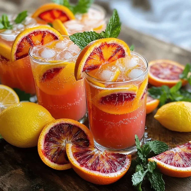 - Blood oranges - Fresh lemons - Agave syrup or honey - Water (still or sparkling) - Pure vanilla extract The main ingredients for blood orange vanilla lemonade shine with bright flavors. Blood oranges pack a punch with their sweet and tart taste. They give the drink a lovely color and a unique twist. Fresh lemons add a zesty kick. Their juice brightens the mix and balances the sweetness. For sweetness, you can choose between agave syrup or honey. Both options blend well while adding their own character. Water is the base for your drink. You can use still or sparkling water depending on your preference. Sparkling water adds fun bubbles, while still water keeps it simple. Lastly, pure vanilla extract is essential. It adds depth and warmth to the lemonade. - Ice cubes - Slices of lemon and blood orange - Fresh mint leaves Garnishes make your drink look and taste even better. Ice cubes chill your drink and keep it refreshing. Slices of lemon and blood orange are great for decoration. They also hint at the flavors inside. Fresh mint leaves add a lovely aroma and a pop of green. These garnishes turn a simple drink into a fun summer treat. Ready to enjoy your blood orange vanilla lemonade? Check out the Full Recipe for all the steps! To juice blood oranges, start by cutting each one in half. Use a citrus juicer to press out the juice. You want about 1 cup of juice. Strain the juice to remove any seeds or pulp. This makes your lemonade smooth. Next, prepare the lemon juice. Roll the lemons on the counter to soften them. Cut them in half and use the juicer again. Aim for about 1/2 cup of juice. Combine both juices in a large pitcher. Now, it’s time to combine the citrus juices. Pour the blood orange juice and lemon juice into the pitcher. Stir them together gently. Next, add the agave syrup or honey. Stir well until it dissolves completely. This step is key for a balanced sweetness. Make sure you taste it. You can always add more sweetener if needed. Gradually pour in 4 cups of water. You can use still or sparkling water. Stir the mixture gently to blend all the flavors. Add 1 teaspoon of pure vanilla extract. This gives your lemonade a unique and tasty twist. Stir it well to mix. Chill the lemonade in the fridge for at least 30 minutes. This helps the flavors mix beautifully. When you’re ready to serve, pour it over ice. Garnish with lemon and blood orange slices, plus fresh mint. Enjoy your refreshing drink! For the complete recipe, check out the Full Recipe. To get the right sweetness in your Blood Orange Vanilla Lemonade, start with agave syrup or honey. Both sweeteners are great choices, but they differ in flavor. If you prefer a milder taste, use agave syrup. For a richer flavor, honey works best. Always taste test the drink before chilling. If it’s not sweet enough, add more agave syrup. Stir well and try again. Remember, you can always add more, but you can’t take it out! Serve your lemonade in fun glassware. Tall glasses work well, letting you show off the vibrant color. You can also use mason jars for a casual vibe. For ice cubes, consider alternatives such as frozen fruit or herb ice cubes. Simply freeze small pieces of blood orange or mint in water. They keep your drink cold and add extra flavor! Feel free to get creative with your lemonade! You can add other fruits like strawberries or raspberries. This adds layers of taste and color. Herbs can also boost the flavor. Try adding fresh mint or basil. Just muddle them gently before mixing in. This will give your drink a fresh twist. Enjoy exploring different combinations to find your favorite! {{image_4}} You can easily swap out ingredients in this recipe. If you want a different sweetener, try honey or maple syrup instead of agave. Both add a unique taste and sweetness. For a fun twist, you might like to use other citrus fruits. Grapefruits, limes, or tangerines can give your drink a new flavor. Mixing these fruits can create a fun blend. Choosing between sparkling and still water changes how your drink tastes and looks. Sparkling water adds bubbles, making it feel festive and lively. The carbonation can brighten flavors and give a refreshing zing. Still water offers a smoother drink, letting the fruit shine through. Both options are delicious, so it’s all about your preference. Use seasonal fruits to add a fresh twist to your lemonade. In summer, peaches or strawberries can bring sweetness. In fall, think about adding apple juice for a cozy vibe. For holidays, try adding cranberries or pomegranate seeds for a festive look. These adaptations keep your drink exciting and tailored to the season. To keep your blood orange vanilla lemonade fresh, store it in the fridge. Use an airtight pitcher to prevent other odors from mixing in. This lemonade stays tasty for up to five days in the fridge. Always give it a stir before pouring, as some ingredients may settle. If you want to save some lemonade for later, freezing is a great option. Pour the lemonade into ice cube trays. This way, you can enjoy a refreshing sip anytime. When you're ready to use them, just drop a few cubes into your glass. They will chill your drink and add flavor as they melt. Don't toss those leftover fruit peels! You can use blood orange and lemon peels to make a zest for baking or cooking. They add a bright flavor to many dishes. Another idea is to use the peels in homemade potpourri for a lovely scent at home. You can also blend leftover ingredients into smoothies for a tasty treat. Blood oranges are nutritious. They are low in calories and high in vitamins. Each blood orange has: - Calories: About 80 - Vitamin C: 120% of daily value - Fiber: 3 grams They are rich in antioxidants. These compounds help fight free radicals. This can lower your risk of diseases. The deep color of blood oranges shows they have anthocyanins. These agents may help reduce heart disease and inflammation. You can use bottled juice. However, fresh juice tastes better and is more healthy. Bottled juice often has added sugars and preservatives. This can change the flavor and reduce health benefits. If you choose bottled juice, look for options labeled "100% juice" without added sugars. You can easily adjust the recipe for kids. To make it less sweet, reduce the agave syrup. You can also skip the vanilla extract if your kids don’t like it. This way, the drink stays refreshing and enjoyable for all ages. This blog post took you through making a refreshing blood orange lemonade. We covered key ingredients like blood oranges, lemons, and agave syrup. I shared steps for juicing and mixing, along with tips for sweetness and serving. We explored variations to keep it fun, and discussed storage options to extend freshness. Remember, you can experiment with flavors and seasonal fruits. Creating your own twist can make this drink even more special. Enjoy your lemonade creation!