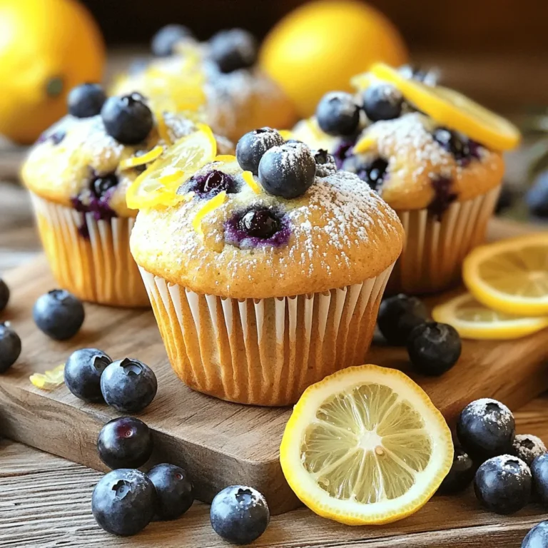 To make these tasty lemon blueberry muffins, gather the following ingredients: - 1 ½ cups all-purpose flour - 1 cup fresh blueberries - ½ cup granulated sugar - ½ cup unsalted butter, melted and cooled - 2 large eggs, at room temperature - 1 teaspoon pure vanilla extract - 1 teaspoon baking powder - ½ teaspoon baking soda - ½ teaspoon sea salt - Zest of 1 large lemon - 2 tablespoons freshly squeezed lemon juice - ¼ cup whole milk, at room temperature Using fresh ingredients is key for flavor and texture. Fresh blueberries burst with juice and add sweetness. Fresh lemons provide bright, zesty notes. They elevate the taste of your muffins. Stale ingredients can lead to dry or bland muffins. Always check the dates on your baking items. Freshness makes a big difference in baking. If you have allergies, there are easy swaps. For gluten-free muffins, use a gluten-free flour blend. For dairy-free options, substitute butter with coconut oil. You can replace eggs with flaxseed meal mixed with water. Use 1 tablespoon of flaxseed meal with 2.5 tablespoons of water for each egg. This mix binds the ingredients like eggs do. Just remember, these changes can alter the taste slightly. Preheat your oven to 375°F (190°C). This step ensures even baking. Line a muffin tin with paper liners or spray it lightly with cooking oil. This helps the muffins release easily. In a large bowl, whisk together the flour, baking powder, baking soda, and sea salt. Mix them well until there are no lumps. This helps the muffins rise nicely. In another bowl, mix the melted butter and sugar until creamy. Add the eggs one at a time, stirring well after each. Then, add the vanilla, lemon zest, and lemon juice. This mixture brings in rich flavors. Gradually add the dry mix to the wet mix, alternating with the milk. Start and end with the dry mix to keep it fluffy. Mix gently until just combined. Be careful not to overmix. Spoon the batter into the muffin cups, filling them about two-thirds full. Bake for 18 to 22 minutes. Check if they are done by inserting a toothpick into the center. It should come out clean or with a few crumbs. Once baked, let the muffins cool in the tin for 5 minutes. Then, move them to a wire rack to cool completely. For a lovely touch, dust them with powdered sugar before serving. Arrange them on a wooden board with fresh blueberries and lemon slices for a beautiful display. You can find the full recipe for more detailed steps. To make your muffins fluffy, avoid overmixing the batter. Mix until just combined; this keeps the muffins light. Use room temperature eggs and milk. They blend better and help the muffins rise well. Also, make sure your baking powder is fresh. Expired baking powder can lead to flat muffins. Soggy muffins happen when too much moisture builds up. To prevent this, do not overmix the batter. Also, use fresh blueberries, as they hold less water than frozen ones. Baking the muffins at the right temperature is key. A preheated oven at 375°F (190°C) helps create a nice crust. To evenly distribute blueberries, toss them in a bit of flour before adding to the batter. This helps them stay suspended and not sink to the bottom. Gently fold the blueberries in with a spatula. Avoid crushing them, as you want those bursts of flavor in every bite. For a great recipe, check out the Full Recipe for Lemon Blueberry Muffins. {{image_4}} You can add nuts to your lemon blueberry muffins. Walnuts or pecans add a nice crunch. Just fold in about ½ cup of chopped nuts when you add the blueberries. You can also swap blueberries for other fruits. Raspberries or strawberries work great too. Keep the lemon zest for that bright flavor. A lemon glaze can take your muffins to the next level. To make it, mix 1 cup of powdered sugar with 2 tablespoons of lemon juice. Drizzle this glaze over the muffins after they cool. This adds sweetness and a vibrant lemon taste. If you need gluten-free muffins, use a gluten-free flour blend. Make sure it has a good structure. You can also try almond flour for a nutty flavor. Just note that the texture may be slightly different. Always check the labels to avoid allergens. For a moist muffin, add an extra egg or some applesauce. For the full recipe, check out Zesty Lemon Blueberry Bliss Muffins. To keep your lemon blueberry muffins fresh, store them in an airtight container. Place parchment paper between layers to prevent sticking. This method helps to keep them soft. You can store them at room temperature for up to three days. If you want them to last longer, consider refrigeration. Freezing is a great option if you want to save muffins for later. Allow the muffins to cool completely. Wrap each muffin tightly in plastic wrap. Then, place them in a freezer bag. This way, they can last for up to three months. When you want to eat one, just take it out and let it thaw at room temperature. To enjoy your muffins warm, you can reheat them easily. Preheat your oven to 350°F (175°C). Place the muffins on a baking sheet and heat for about 10 minutes. You can also microwave a single muffin for about 15 to 20 seconds. This will make them soft and warm, just like fresh out of the oven. For the best flavor, enjoy them soon after reheating. Lemon blueberry muffins get their moisture from a mix of ingredients. The butter adds fat, while eggs provide structure and moisture. Whole milk also keeps them soft. Plus, the blueberries release juice, adding even more moisture when baked. This combination helps create a tender crumb. Yes, you can use frozen blueberries! They are a great option, especially when fresh ones aren't available. Just toss them in a bit of flour before adding them to the batter. This helps prevent them from sinking to the bottom. Keep in mind that frozen blueberries may make the batter a bit cooler, which can affect baking time. You can easily adjust the sugar in the recipe. If you prefer less sweetness, cut the sugar by a quarter. For sweeter muffins, add a little more sugar, up to a half cup. Just remember, too much sugar can change the texture and browning of your muffins. Dense muffins often result from overmixing the batter or using too much flour. Mix the batter until just combined; lumps are okay. If your muffins are still dense, check your baking powder and baking soda for freshness. Expired leavening agents will not help your muffins rise. Lemon blueberry muffins stay fresh for about 2 to 3 days at room temperature. Store them in an airtight container to keep them from getting dry. If you want them to last longer, you can freeze them for up to 3 months. Just thaw them at room temperature before enjoying. For the complete recipe, refer to the Full Recipe. In this post, we explored lemon blueberry muffins from ingredients to storage. We highlighted fresh ingredients for the best flavor and texture. You learned step-by-step how to bake fluffy muffins and tips to make them perfect. Variations like adding fruits or nuts can add fun twists. I shared storage tips to keep muffins fresh longer. With these insights, you can bake delicious muffins that impress. Enjoy every bite and share them with friends and family!