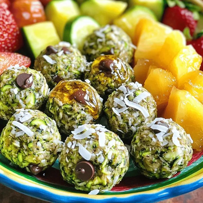 - 1 cup grated zucchini, well-drained - 1 cup rolled oats - 1/2 cup almond butter (or any preferred nut butter) - 1/4 cup honey or maple syrup - 1/2 cup dark chocolate chips - 1/4 cup shredded coconut - 1 teaspoon vanilla extract - 1/2 teaspoon ground cinnamon - Pinch of salt What is the nutritional value of zucchini? Zucchini is low in calories and high in vitamins. It has vitamin C and potassium. These nutrients help your body stay healthy and energized. What are the benefits of oats in energy bites? Oats give you energy and keep you full. They have fiber, which helps your digestion. Oats also provide vitamins and minerals that support your health. What are the advantages of using nut butter? Nut butter adds healthy fats and protein. This keeps you satisfied longer. It also adds a creamy texture and rich flavor to your energy bites. Nut butter is a great way to boost nutrition in snacks. These ingredients work together to create tasty bites. You get energy, flavor, and health benefits in each bite. You can find the full recipe to make these energy bites in just a few simple steps. To make great energy bites, you need to drain the zucchini well. Start by grating one cup of zucchini. Then, place it in a clean kitchen towel. Wrap it tightly and squeeze hard to get rid of extra moisture. This step is key. If the zucchini is too wet, your bites will be soggy. Next, grab a large mixing bowl. Add the well-drained zucchini, one cup of rolled oats, half a cup of almond butter, and a quarter cup of honey or maple syrup. Toss in half a cup of dark chocolate chips, a quarter cup of shredded coconut, one teaspoon of vanilla extract, half a teaspoon of ground cinnamon, and a pinch of salt. Mix everything together well. The blend should feel sticky and hold together well when pressed. Once mixed, it’s time to shape your bites. Use your hands to scoop about a tablespoon of the mixture. Roll it into a ball. Keep rolling until all the mixture is formed into bites. You want them to be about one inch in size. This size is perfect for snacking and easy to pop in your mouth. Now, refrigeration is important. Place the energy bites on a tray lined with parchment paper. Chill them in the fridge for at least 30 minutes. This helps them firm up and makes them easy to handle. The chilling time is vital for the perfect texture. After they are set, you can store them in an airtight container in the fridge. They will stay fresh and tasty for days. For the complete recipe, make sure to check the [Full Recipe]. - Over-squeezing zucchini: This may lead to dry energy bites. Remove just enough moisture to keep them moist yet firm. - Insufficient mixing of ingredients: A well-mixed blend ensures even flavor and texture. Take your time and mix until all ingredients are combined. - Suggestions for additional spices or additives: Try adding a pinch of nutmeg or a splash of almond extract for extra depth. You can also mix in some chopped nuts or dried fruit for a fun twist. - How to adjust firmness if the mixture is too sticky: If your mix feels too sticky, add more oats or shredded coconut. This will help the bites hold their shape. - Pairing ideas with other healthy snacks: Serve your energy bites with fresh fruit or yogurt for a balanced snack. They also pair well with nuts or seeds for extra crunch. - Creative ways to serve to guests: Arrange energy bites on a colorful platter. You can even use cupcake liners for individual servings. Add some dark chocolate drizzles on top for an elegant touch! {{image_4}} You can easily adapt the ingredients in these energy bites. If you need a nut-free option, try using sunflower seed butter. It works well and adds a nice flavor. You can also use tahini for a different twist. For sweeteners, you can swap honey or maple syrup with agave nectar or date syrup. Each sweetener offers a unique taste and sweetness level. Adding fruit or nuts can change the taste of your bites. Try adding dried cranberries or chopped apricots for a fruity touch. You can also mix in chopped walnuts or pecans for extra crunch. If you want to boost protein, add a scoop of your favorite protein powder. This makes the bites more filling and nutritious. You can modify these energy bites for different seasons. For summer, add fresh berries like blueberries or strawberries for a bright flavor. In winter, try adding spices like nutmeg or cloves for a cozy taste. For holidays, mix in festive ingredients like pumpkin puree or crushed peppermint. These small changes can make your energy bites perfect for any occasion. To keep your energy bites fresh, store them in an airtight container. This helps prevent moisture and keeps the bites from drying out. I recommend using glass containers as they seal well and do not absorb odors. Place the container in your fridge for the best results. The cold temperature helps maintain their texture and flavor. If you want to keep your energy bites for a longer time, freezing is a great option. To freeze, arrange the bites in a single layer on a baking sheet. Place the sheet in the freezer for about an hour. Once they are firm, transfer them to a freezer-safe bag or container. This method keeps them from sticking together. To thaw, just take out the desired number of bites and leave them at room temperature for about 15 minutes. They will be soft and ready to enjoy without losing their texture. In the fridge, your energy bites can stay fresh for about one week. Look for changes in color or smell as signs of spoilage. If they smell off or look dried out, it is best to toss them. Enjoying these bites fresh ensures you get the most flavor and nutrients. For long-term storage, consider freezing them as mentioned earlier. Yes, you can. Nut butter adds creaminess and flavor. Here are some tasty alternatives: - Peanut butter - Cashew butter - Sunflower seed butter (great for nut-free diets) - Hazelnut butter Each option brings a unique taste. Peanut butter gives a strong flavor, while cashew butter is mild and creamy. These energy bites stay fresh for up to one week in the fridge. Store them in an airtight container. They will keep their taste and texture well. If you want them to last longer, freeze them. They can last up to three months in the freezer. Just thaw in the fridge before eating. You can use other sweeteners! Here are some options: - Agave nectar - Coconut sugar - Stevia or monk fruit sweetener (for a low-calorie option) Each sweetener will change the taste slightly. Honey and maple syrup add a rich flavor. The other sweeteners are good, but may not have the same depth. Adjust the amount based on your taste preferences. This article covered the ingredients to make tasty No Bake Zucchini Energy Bites. We explored essential ingredients, their health benefits, and step-by-step instructions. I shared tips to avoid common mistakes and how to enhance flavor. You can also try different variations and learn the best ways to store these bites. In conclusion, these energy bites are easy to make and fun to customize. Enjoy the healthy benefits while delighting your taste buds!