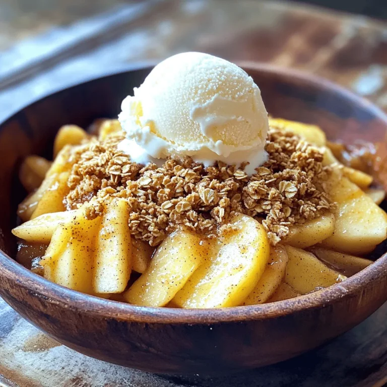 - Apples: Use 6 medium-sized apples. I prefer Granny Smith or Honeycrisp. They give a great balance of tartness and sweetness. - Lemon juice: Add 1 tablespoon. It keeps apples from browning and brightens the flavor. - Spices: Incorporate 1 teaspoon of cinnamon and ½ teaspoon of nutmeg. They add warmth and depth to the dish. - Rolled oats: Use 1 cup. They create a chewy texture that complements the soft apples. - Flour: Add ½ cup of all-purpose flour. This helps bind the topping together. - Sweeteners: Use ⅓ cup of light brown sugar and ⅓ cup of granulated sugar. They add sweetness and depth to the topping. - Butter: Melt ½ cup of unsalted butter. It creates that golden crispiness we all love. - Sea salt: Add ½ teaspoon. It enhances all the flavors in the dish. - Optional ingredients: You can add ½ cup of chopped nuts, like walnuts or pecans, for a delightful crunch. For the complete details, refer to the Full Recipe. Start by preheating your oven to 350°F (175°C). This heat is perfect for crisping the topping and softening the apples. Make sure to give your oven enough time to reach this temperature. A hot oven helps create that golden, crunchy layer we love. In a large mixing bowl, slice and peel your apples. I like using Granny Smith or Honeycrisp for their sweet-tart balance. Add 1 tablespoon of fresh lemon juice to keep the apples bright. Next, sprinkle in 1 teaspoon of ground cinnamon, ½ teaspoon of ground nutmeg, and ⅓ cup of packed light brown sugar. Toss everything together gently. This step allows the flavors to blend well and makes the apples taste amazing. For the topping, grab another bowl. Combine 1 cup of rolled oats, ½ cup of all-purpose flour, and ⅓ cup of granulated sugar. Add ½ cup of melted unsalted butter and ½ teaspoon of sea salt. If you want some crunch, toss in ½ cup of chopped nuts too. Mix until it looks like coarse crumbs. This texture is key for a delightful topping. Now it’s time to bake! Pour the apple mixture into a greased 9x13 inch baking dish. Spread the oat mixture over the apples, covering them completely. Place it in your preheated oven. Bake for 35-40 minutes. Look for tender apples and a golden-brown topping. Keep an eye on it to avoid burning. Once it’s done, let it cool slightly before serving. Enjoy the wonderful smells in your kitchen! To get the best topping, start with cold butter. Cut it into small pieces before mixing. This helps create a crunchy texture. Use a fork or your fingers to mix the topping. You want it to look like coarse crumbs. Don't over-mix; it should still have some lumps. A sprinkle of sea salt can enhance the flavor. Choosing the right apples is key. I recommend using Granny Smith or Honeycrisp apples. They give a nice balance of sweet and tart. Make sure they are firm. Soft apples turn mushy during baking. You can also mix varieties for added depth. A combination can create a more complex taste. Serve your crisp warm for the best experience. I love pairing it with vanilla ice cream. The cold ice cream melts into the warm crisp. It creates a wonderful contrast. Whipped cream also works great as a topping. A sprinkle of cinnamon on top adds a nice touch. Enjoy each bite! {{image_4}} You can mix in other fruits for a fun twist. Try adding berries, like blueberries or raspberries. Pears also work well! They add sweetness and a nice texture. Just remember, if you use juicier fruits, you may need to adjust the sugar or cook time. This keeps the crisp from getting too wet. Adding spices can take your apple crisp to the next level. Ginger and cloves bring warmth and depth. You can mix in a teaspoon of ground ginger or half a teaspoon of ground cloves. These spices create a cozy flavor that pairs perfectly with apples. Feel free to experiment with nutmeg too, which adds a nice kick. If you want a healthier option, you can swap out some ingredients. Use coconut oil instead of butter for a dairy-free treat. You can also use gluten-free flour if you need it. It works well to keep the crisp texture. Lastly, try reducing the sugar or using a natural sweetener like maple syrup for a lighter taste. For more details, check the Full Recipe to guide your choices. To keep your apple crisp fresh in the fridge, let it cool completely. Once cool, cover it tightly with plastic wrap or aluminum foil. Store it in the fridge for up to three days. This method helps keep the apples tender. The topping may lose some crunch, but the flavors will still shine. For long-term storage, you can freeze your apple crisp. First, let it cool completely. Then, wrap it tightly in plastic wrap and place it in a freezer-safe container. It can last in the freezer for up to three months. When you want to enjoy it, thaw it in the fridge overnight. To reheat and restore crispiness, preheat your oven to 350°F (175°C). Place the apple crisp in an oven-safe dish. Cover it loosely with foil to prevent burning. Heat for about 20-25 minutes until warm. Remove the foil for the last 5 minutes to crisp up the topping. This method ensures you enjoy that delightful crunch again! Yes, you can make apple crisp ahead of time. To do this, prepare the apple mixture and topping separately. Store the apples in the fridge after mixing them with lemon juice and spices. Keep the topping in an airtight container at room temperature. When you're ready to bake, combine them in a dish and bake as instructed. This method saves time and keeps the crisp fresh. The best apples for apple crisp are Granny Smith and Honeycrisp. Granny Smith apples are tart and hold their shape well when cooked. Honeycrisp apples provide a nice balance of sweetness and tartness. Using a mix of these apples gives you a deep flavor and great texture in your crisp. Yes, you can make this recipe vegan! Substitute the unsalted butter with coconut oil or vegan butter. For the sweeteners, you can use maple syrup or agave nectar instead of brown sugar. These swaps keep the dish delicious while making it plant-based. Enjoy your vegan apple crisp! Making apple crisp involves fresh apples, spices, and a perfect topping. We explored the best ingredients, like Granny Smith apples and rolled oats for texture. Step-by-step, I guided you from prepping the oven to baking and achieving that golden crust. Remember to try different fruits and spices to keep it exciting. Store leftovers carefully in the fridge or freeze them for later. With these tips, you can enjoy a warm, tasty treat anytime. Now, it's time to gather your ingredients and start baking your own delicious apple crisp!