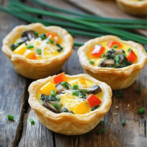 - Eggs and Dairy Eggs are the star of the mini quiche. They bind everything together. I like to use large eggs for the best texture. Milk adds creaminess. You can choose whole or 2% milk based on your taste. - Cheese Varieties Cheese brings flavor and richness to the quiche. I often use shredded cheddar or mozzarella. Both melt well. You can also try a blend of your favorites. Goat cheese or feta add a tangy touch. - Vegetables and Meats Diced vegetables add color and nutrition. Bell peppers, spinach, and mushrooms are my top picks. For meat lovers, diced ham or crispy bacon boost the flavor. Feel free to mix and match! - Herbs and Seasonings Fresh herbs like chives, parsley, or basil elevate the taste. I recommend adding a teaspoon of garlic powder and onion powder for extra depth. A pinch of salt and pepper completes the mix. - Alternative Crust Options While I use refrigerated pie crusts, you can switch it up! Try puff pastry for a flaky option. For a gluten-free choice, look for gluten-free pie crusts available at your local store. This simple ingredient list makes mini quiche cups fun and easy to prepare. For the full recipe, refer to the earlier section. Preheating Guidelines Start by preheating your oven to 375°F (190°C). This step is key to getting your quiche cups just right. A hot oven helps them rise and bake evenly. Preparing the Pie Crust Next, take your pie crust out of the fridge. Lightly flour a clean surface and roll out the crust. Use a round cutter or a glass to cut circles about 3 inches wide. These circles should fit snugly into your greased muffin tin. Press the dough down gently to avoid gaps. Whisking the Egg Mixture In a large bowl, whisk together 6 large eggs and 1 cup of milk. Keep whisking until the mixture is frothy. This adds air, making the quiche light and fluffy. Sprinkle in garlic powder, onion powder, salt, and pepper. Mix well until everything blends together. Incorporating Cheese and Fillings Now, fold in 1 cup of shredded cheese and 1 cup of diced vegetables. You can use bell peppers, fresh spinach, or mushrooms. If you like meat, add 1/2 cup of diced cooked ham or crispy bacon. Stir gently so everything gets mixed evenly. Filling the Crusts Using a ladle or measuring cup, pour your egg mixture into each pie crust. Fill them about three-quarters full. This gives room for the quiche to rise while baking, so it doesn’t overflow. Recommended Baking Time Place the muffin tin in your preheated oven. Bake for 18-20 minutes. You’ll know they’re done when the centers are set and the tops are golden brown. Once ready, take them out and let them cool for a few minutes. Use a knife to loosen the edges, then lift the quiche cups out carefully. For the full recipe, refer to the Mini Quiche Cups Delight section. Avoiding Overfilling When you fill your mini quiche cups, keep a watchful eye. Fill each crust only three-quarters full. This gives the eggs space to rise as they bake. Overfilling can cause a mess and lead to spilled quiche. Trust me, it’s easier to enjoy them without a soggy bottom! Ensuring Even Baking To achieve even baking, make sure to preheat your oven to 375°F (190°C). An uneven oven can bake some cups faster than others. Rotate the muffin tin halfway through baking for even heat. This small step can make a big difference in how they turn out! Garnishing Techniques To make your mini quiche cups extra special, add fresh herbs on top. Chopped chives, parsley, or basil add bright colors and flavor. You can sprinkle them right before serving for a fresh look. A simple garnish can elevate your dish from good to great! Serving Suggestions Serve your mini quiche cups on a beautiful platter. Arrange them in a circle for a lovely display. Pair with a side of mixed greens dressed lightly with vinaigrette. This adds a crunchy contrast and makes the meal feel complete. For more fun, try different sauces on the side for dipping! You can find the full recipe [here](#). {{image_4}} Vegetarian Mini Quiche Cups For a tasty vegetarian option, use only veggies. You can add spinach, mushrooms, and bell peppers. Mix in some cheese for creaminess. This keeps the dish light yet filling. You can also use fresh herbs like basil or oregano for extra flavor. Try to use seasonal veggies for the best taste. Meat Lovers' Option If you love meat, this option is for you. Use diced ham, crispy bacon, or cooked sausage. Combine these with your favorite cheese and veggies. This mix gives a hearty bite to each quiche cup. You will enjoy the rich, savory flavors in every bite. Gluten-Free Crust Alternatives If you need a gluten-free crust, use almond flour or cornmeal. You can also find ready-made gluten-free pie crusts at the store. Another idea is to make a crustless quiche. Just pour the filling into greased muffin tins. This way, you skip the crust but keep all the flavor. Dairy-Free Ingredient Swaps For a dairy-free version, use plant-based milk like almond or soy. Swap regular cheese for dairy-free cheese options. Nutritional yeast can add a cheesy flavor without dairy. Try these swaps to enjoy mini quiche cups without dairy. It keeps the recipe tasty and friendly for all diets. For the full recipe, check out the details in the previous section. To keep your mini quiche cups fresh, proper storage is key. - Refrigerating Leftovers: Place any leftover mini quiche cups in an airtight container. They will stay fresh for up to 3 days in the fridge. Just make sure they cool down before sealing. You can also wrap them tightly in plastic wrap for extra protection. - Freezing for Long-Term Storage: If you want to save them longer, freezing works well. First, let the quiche cups cool completely. Then, place them on a baking sheet and freeze until solid. After that, transfer them to a freezer-safe bag or container. They can last up to 2 months in the freezer. Remember to label the container with the date you made them. When you're ready to enjoy your mini quiche cups again, follow these tips for the best results. - Best Methods for Serving Again: The oven is the best way to reheat quiche cups. Preheat your oven to 350°F (175°C). Place the cups on a baking sheet and heat for about 10-15 minutes. This method keeps the crust crisp and the filling warm. - Retaining Flavor and Texture: Avoid using a microwave if you can. Microwaving can make the crust soggy and the filling rubbery. If you must use a microwave, heat them in short bursts of 30 seconds. Check often to ensure they don’t overcook. Following these tips will help you enjoy your mini quiche cups just like fresh! For the full recipe, check the [Full Recipe]. Bake Mini Quiche Cups for 18 to 20 minutes at 375°F (190°C). The tops should turn golden brown. You want the centers set but still moist. Keep an eye on them in the last few minutes. Each oven heats a bit differently. Yes, you can make Mini Quiche Cups ahead of time. Prepare them and store in the fridge for up to two days. You can also freeze them for up to a month. Just be sure to cool them completely before storing. To reheat, place them in the oven at 350°F (175°C) until warm. Great ingredients include: - 6 large eggs - 1 cup milk (whole or 2%) - 1 cup shredded cheese (like cheddar or mozzarella) - 1 cup diced vegetables (bell peppers, spinach, or mushrooms) - 1/2 cup cooked ham or crispy bacon (optional) - Garlic powder and onion powder for flavor These create a tasty base for your quiche cups. You can mix and match fillings easily. Try different cheeses or veggies. For a spicy kick, add jalapeños. If you love herbs, include fresh basil or thyme. Think about seasonal produce too. This makes your quiche cups unique and fun. Mini quiche cups are fun and easy to make. You can mix eggs, dairy, cheese, meats, and veggies to create tasty treats. Remember to preheat your oven and choose the right crust. I shared tips on filling them just right and baking them perfectly. Explore variations like vegetarian or gluten-free options, and learn how to store leftovers. With these steps and ideas, you have all you need for quiche success. Enjoy making your own mini quiche cups! They’ll be a hit with everyone.
