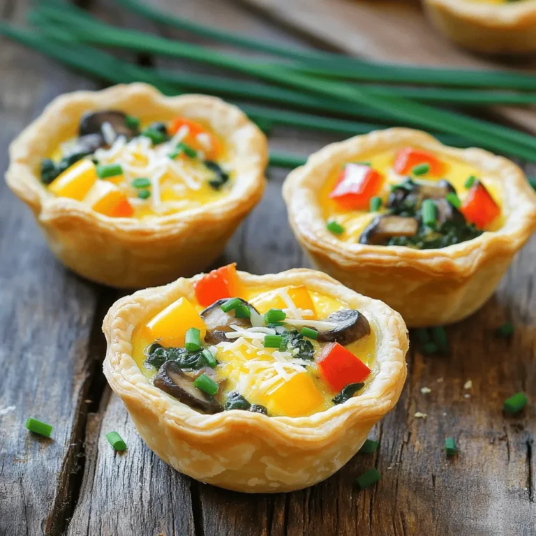 - Eggs and Dairy Eggs are the star of the mini quiche. They bind everything together. I like to use large eggs for the best texture. Milk adds creaminess. You can choose whole or 2% milk based on your taste. - Cheese Varieties Cheese brings flavor and richness to the quiche. I often use shredded cheddar or mozzarella. Both melt well. You can also try a blend of your favorites. Goat cheese or feta add a tangy touch. - Vegetables and Meats Diced vegetables add color and nutrition. Bell peppers, spinach, and mushrooms are my top picks. For meat lovers, diced ham or crispy bacon boost the flavor. Feel free to mix and match! - Herbs and Seasonings Fresh herbs like chives, parsley, or basil elevate the taste. I recommend adding a teaspoon of garlic powder and onion powder for extra depth. A pinch of salt and pepper completes the mix. - Alternative Crust Options While I use refrigerated pie crusts, you can switch it up! Try puff pastry for a flaky option. For a gluten-free choice, look for gluten-free pie crusts available at your local store. This simple ingredient list makes mini quiche cups fun and easy to prepare. For the full recipe, refer to the earlier section. Preheating Guidelines Start by preheating your oven to 375°F (190°C). This step is key to getting your quiche cups just right. A hot oven helps them rise and bake evenly. Preparing the Pie Crust Next, take your pie crust out of the fridge. Lightly flour a clean surface and roll out the crust. Use a round cutter or a glass to cut circles about 3 inches wide. These circles should fit snugly into your greased muffin tin. Press the dough down gently to avoid gaps. Whisking the Egg Mixture In a large bowl, whisk together 6 large eggs and 1 cup of milk. Keep whisking until the mixture is frothy. This adds air, making the quiche light and fluffy. Sprinkle in garlic powder, onion powder, salt, and pepper. Mix well until everything blends together. Incorporating Cheese and Fillings Now, fold in 1 cup of shredded cheese and 1 cup of diced vegetables. You can use bell peppers, fresh spinach, or mushrooms. If you like meat, add 1/2 cup of diced cooked ham or crispy bacon. Stir gently so everything gets mixed evenly. Filling the Crusts Using a ladle or measuring cup, pour your egg mixture into each pie crust. Fill them about three-quarters full. This gives room for the quiche to rise while baking, so it doesn’t overflow. Recommended Baking Time Place the muffin tin in your preheated oven. Bake for 18-20 minutes. You’ll know they’re done when the centers are set and the tops are golden brown. Once ready, take them out and let them cool for a few minutes. Use a knife to loosen the edges, then lift the quiche cups out carefully. For the full recipe, refer to the Mini Quiche Cups Delight section. Avoiding Overfilling When you fill your mini quiche cups, keep a watchful eye. Fill each crust only three-quarters full. This gives the eggs space to rise as they bake. Overfilling can cause a mess and lead to spilled quiche. Trust me, it’s easier to enjoy them without a soggy bottom! Ensuring Even Baking To achieve even baking, make sure to preheat your oven to 375°F (190°C). An uneven oven can bake some cups faster than others. Rotate the muffin tin halfway through baking for even heat. This small step can make a big difference in how they turn out! Garnishing Techniques To make your mini quiche cups extra special, add fresh herbs on top. Chopped chives, parsley, or basil add bright colors and flavor. You can sprinkle them right before serving for a fresh look. A simple garnish can elevate your dish from good to great! Serving Suggestions Serve your mini quiche cups on a beautiful platter. Arrange them in a circle for a lovely display. Pair with a side of mixed greens dressed lightly with vinaigrette. This adds a crunchy contrast and makes the meal feel complete. For more fun, try different sauces on the side for dipping! You can find the full recipe [here](#). {{image_4}} Vegetarian Mini Quiche Cups For a tasty vegetarian option, use only veggies. You can add spinach, mushrooms, and bell peppers. Mix in some cheese for creaminess. This keeps the dish light yet filling. You can also use fresh herbs like basil or oregano for extra flavor. Try to use seasonal veggies for the best taste. Meat Lovers' Option If you love meat, this option is for you. Use diced ham, crispy bacon, or cooked sausage. Combine these with your favorite cheese and veggies. This mix gives a hearty bite to each quiche cup. You will enjoy the rich, savory flavors in every bite. Gluten-Free Crust Alternatives If you need a gluten-free crust, use almond flour or cornmeal. You can also find ready-made gluten-free pie crusts at the store. Another idea is to make a crustless quiche. Just pour the filling into greased muffin tins. This way, you skip the crust but keep all the flavor. Dairy-Free Ingredient Swaps For a dairy-free version, use plant-based milk like almond or soy. Swap regular cheese for dairy-free cheese options. Nutritional yeast can add a cheesy flavor without dairy. Try these swaps to enjoy mini quiche cups without dairy. It keeps the recipe tasty and friendly for all diets. For the full recipe, check out the details in the previous section. To keep your mini quiche cups fresh, proper storage is key. - Refrigerating Leftovers: Place any leftover mini quiche cups in an airtight container. They will stay fresh for up to 3 days in the fridge. Just make sure they cool down before sealing. You can also wrap them tightly in plastic wrap for extra protection. - Freezing for Long-Term Storage: If you want to save them longer, freezing works well. First, let the quiche cups cool completely. Then, place them on a baking sheet and freeze until solid. After that, transfer them to a freezer-safe bag or container. They can last up to 2 months in the freezer. Remember to label the container with the date you made them. When you're ready to enjoy your mini quiche cups again, follow these tips for the best results. - Best Methods for Serving Again: The oven is the best way to reheat quiche cups. Preheat your oven to 350°F (175°C). Place the cups on a baking sheet and heat for about 10-15 minutes. This method keeps the crust crisp and the filling warm. - Retaining Flavor and Texture: Avoid using a microwave if you can. Microwaving can make the crust soggy and the filling rubbery. If you must use a microwave, heat them in short bursts of 30 seconds. Check often to ensure they don’t overcook. Following these tips will help you enjoy your mini quiche cups just like fresh! For the full recipe, check the [Full Recipe]. Bake Mini Quiche Cups for 18 to 20 minutes at 375°F (190°C). The tops should turn golden brown. You want the centers set but still moist. Keep an eye on them in the last few minutes. Each oven heats a bit differently. Yes, you can make Mini Quiche Cups ahead of time. Prepare them and store in the fridge for up to two days. You can also freeze them for up to a month. Just be sure to cool them completely before storing. To reheat, place them in the oven at 350°F (175°C) until warm. Great ingredients include: - 6 large eggs - 1 cup milk (whole or 2%) - 1 cup shredded cheese (like cheddar or mozzarella) - 1 cup diced vegetables (bell peppers, spinach, or mushrooms) - 1/2 cup cooked ham or crispy bacon (optional) - Garlic powder and onion powder for flavor These create a tasty base for your quiche cups. You can mix and match fillings easily. Try different cheeses or veggies. For a spicy kick, add jalapeños. If you love herbs, include fresh basil or thyme. Think about seasonal produce too. This makes your quiche cups unique and fun. Mini quiche cups are fun and easy to make. You can mix eggs, dairy, cheese, meats, and veggies to create tasty treats. Remember to preheat your oven and choose the right crust. I shared tips on filling them just right and baking them perfectly. Explore variations like vegetarian or gluten-free options, and learn how to store leftovers. With these steps and ideas, you have all you need for quiche success. Enjoy making your own mini quiche cups! They’ll be a hit with everyone.