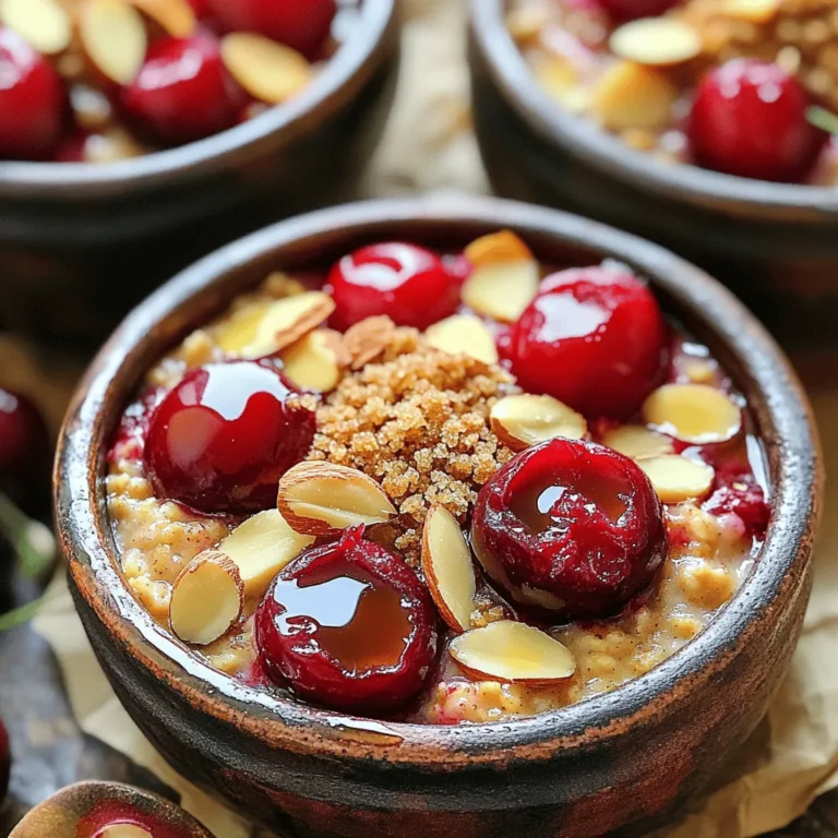 - 2 cups rolled oats - 1 ¾ cups almond milk (or any milk of choice) - ½ cup pitted cherries, halved (fresh or frozen) - ⅓ cup almond butter - ¼ cup maple syrup (or honey) - 1 teaspoon vanilla extract - 1 teaspoon baking powder - ½ teaspoon ground cinnamon - ¼ teaspoon salt - ⅓ cup sliced almonds (for topping) - ¼ cup brown sugar (for topping) When selecting cherries, look for bright colors and firm textures. Fresh cherries should be shiny and plump. If you pick frozen, choose ones without added sugar. For almonds, buy whole or sliced ones that are raw or lightly roasted. Avoid those with added salt or sugar for a healthier dish. If you have dietary restrictions, you can make this recipe work for you: - Use gluten-free oats to make it gluten-free. - Swap almond milk with oat milk or soy milk for different flavors. - Replace almond butter with sunflower seed butter if you have a nut allergy. This recipe is flexible, so feel free to make it your own! Check out the Full Recipe for more details on how to prepare this tasty dish. 1. Preheat the oven to 375°F (190°C). Grease a 9x9 inch baking dish with non-stick spray. This helps the oatmeal not stick. 2. Mix the wet and dry ingredients. In a large bowl, combine: - 2 cups rolled oats - 1 ¾ cups almond milk - ⅓ cup almond butter - ¼ cup maple syrup - 1 teaspoon vanilla extract - 1 teaspoon baking powder - ½ teaspoon ground cinnamon - ¼ teaspoon salt Stir well until it becomes creamy. 3. Incorporate the cherries into the oatmeal mixture. Gently fold in: - ½ cup pitted cherries, halved Make sure the cherries spread evenly throughout the mix. 1. Timing for baking is key. Place the dish in the oven and bake for 30-35 minutes. 2. Signs that the oatmeal is done include a golden brown top. The oatmeal should also feel firm and set. 3. Cooling and serving instructions: After baking, remove the dish from the oven. Let it cool for about 5 minutes. Cut into squares and serve warm. You can add extra almond butter or maple syrup for more flavor. For the complete Baked Cherry Almond Oatmeal experience, refer to the Full Recipe above. To make the best baked cherry almond oatmeal, choose the right baking dish. A 9x9 inch dish works great. However, you can use an 8x8 inch dish for thicker oatmeal. If you want a thinner texture, a 9x13 inch dish is perfect. To avoid sogginess, make sure to measure your almond milk carefully. Too much liquid can lead to a mushy outcome. Also, bake it until the top is golden brown. This shows that the oatmeal has set properly. You can adjust sweetness to fit your taste. If you prefer less sugar, reduce the maple syrup or honey. You can also add more if you want it sweeter. Get creative with toppings! Yogurt adds creaminess, while nuts give crunch. Fresh fruits like bananas or berries can bring a burst of flavor. Try mixing and matching to find your favorite combo. Pair your oatmeal with a warm drink. Coffee or tea makes a great choice for breakfast. For a brunch option, consider a refreshing juice or smoothie. Leftovers can be fun too! You can enjoy them cold or warm them up. Add a little extra almond butter or yogurt on top for a tasty twist. Try placing squares in a bowl and adding some fruit for a quick snack. {{image_4}} You can change the fruit in baked cherry almond oatmeal. Try using fresh peaches or blueberries. These fruits add a sweet and juicy touch. You can use them in the same amount as cherries. Dried fruits work well too. Dried apricots or raisins add a nice chew. Soak them in warm water for a few minutes before mixing. This softens them and makes them plump. To switch up the flavor, add spices like nutmeg or ginger. These spices give warmth and depth. A pinch of nutmeg adds a cozy feel, while ginger adds a little zing. You can swap almond butter for other nut butters. Peanut butter or cashew butter work well. Each nut butter brings its own unique taste. This keeps your oatmeal exciting and new. For the full recipe, check the link above. To keep your baked cherry almond oatmeal fresh, store it in the fridge. Use an airtight container for best results. This keeps moisture in and odors out. You can refrigerate it for up to five days. When you're ready to eat, simply reheat it in the microwave. Heat for about one to two minutes, stirring halfway for even warming. Freezing is a great option too! Cut your baked oatmeal into squares first. Wrap each piece tightly in plastic wrap or foil. Then, place them in a freezer-safe bag or container. This way, you can enjoy a warm breakfast anytime. You can freeze it for up to three months. When you want to eat a frozen square, let it thaw in the fridge overnight. If you're in a hurry, you can microwave it directly from the freezer. Start with 2-3 minutes on low power. Check it often to avoid overheating. Enjoy your easy and tasty breakfast! Can I use regular milk instead of almond milk? Yes, you can use regular milk. The oatmeal will taste great with whole milk, skim milk, or any milk you prefer. Almond milk gives it a nutty flavor, but any milk works well. Is there a gluten-free option for the oats? Absolutely! Look for certified gluten-free oats. These oats are processed in a way that keeps them free from gluten. They will work perfectly in this recipe. How can I make this recipe vegan-friendly? To make it vegan, use almond milk and maple syrup, which are both plant-based. You can also swap almond butter for a nut-free option like sunflower seed butter if desired. Can I add protein powder to the mixture? Yes, adding protein powder is a great idea! Mix it in with the dry oats before adding other ingredients. This boost makes your breakfast even healthier. How do I know when the oatmeal is perfectly baked? The oatmeal is done when the top is golden brown and the center is set. You can insert a toothpick in the middle; it should come out clean. What can I use instead of maple syrup for sweetness? You can use honey, agave syrup, or brown sugar. Each offers a unique taste, so choose what you like best. In this article, we explored how to make baked cherry almond oatmeal. We covered ingredients, including choices for cherries and almonds, and dietary substitutes. You learned step-by-step instructions from preparation to serving. I shared tips for perfecting your dish and creative variations. Plus, we discussed storing leftovers and answered common questions. Baked oatmeal is simple and flexible, making it a great meal. Enjoy your baking adventure!