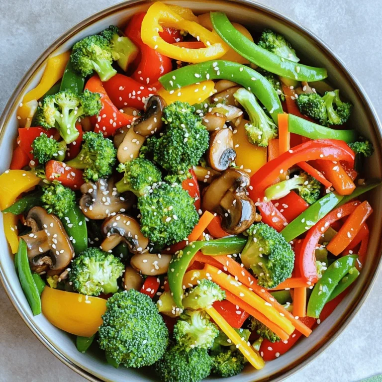 For a great veggie stir fry, you need fresh veggies. Here’s what I use: - 1 cup broccoli florets - 1 bell pepper (red or yellow), sliced into thin strips - 1 cup sugar snap peas, trimmed - 1 medium carrot, cut into julienne strips - 1 cup mushrooms (shiitake or button), sliced Spices and oils bring flavor to your dish. I recommend these: - 2 cloves garlic, finely minced - 1 tablespoon fresh ginger, grated - 3 tablespoons soy sauce (or tamari for gluten-free) - 1 tablespoon sesame oil - 1 tablespoon vegetable oil for high-heat cooking - Salt and pepper, to taste You can add more fun to your stir fry with these options: - Cooked tofu or tempeh for protein - Cooked rice or noodles for a fuller dish - Chili flakes for some heat - Fresh herbs like cilantro for a fresh touch For the full recipe, check out [Full Recipe]. These ingredients make a colorful and tasty meal that’s easy to prepare. To start, wash all your vegetables. This step is super important. Cut the broccoli into small florets. Slice the bell pepper into thin strips. Julienne the carrot for a nice crunch. Slice your mushrooms too. Having everything ready makes cooking fast and fun. Grab a large skillet or wok for this part. Heat the vegetable oil over medium-high heat. You want the oil to shimmer a little. Now, add the minced garlic and grated ginger. Sauté them for around 30 seconds. Watch closely so they don’t burn! Next, toss in the broccoli, bell pepper, and carrot. Stir-fry these for about 3 to 4 minutes. They should be a bit soft but still crunchy. Then, add the sugar snap peas and sliced mushrooms. Keep cooking for another 3 to 4 minutes. This makes sure all veggies are tender but still bright. Once your veggies are just how you like them, pour in the soy sauce. Drizzle the sesame oil over the top. Stir everything well to mix the flavors. Let them cook together for 1 to 2 more minutes. Season with salt and pepper to taste. Remove from heat and sprinkle with toasted sesame seeds. This adds a nice touch! Serve the stir fry in a big bowl. You can add rice or noodles for a full meal. Check the Full Recipe for more details. Enjoy your vibrant dish! To get the right texture, cut your veggies small and even. This way, they cook quickly and stay crisp. Start with the harder veggies first, like carrots and broccoli. Cook them for a few minutes before adding softer ones like bell peppers and mushrooms. Stir the mix often to avoid burning. Keep an eye on the color; vibrant hues mean freshness! Adding flavor is key. Use fresh garlic and ginger for a bold taste. A splash of soy sauce brings saltiness. You can also try adding a bit of chili paste for heat. For a nutty touch, drizzle sesame oil right at the end. Also, sprinkle toasted sesame seeds on top for crunch and flavor. These simple changes can elevate your dish. Avoid overcrowding the pan. If you add too many veggies at once, they steam instead of fry. This makes them soggy. Always have your ingredients prepped before you heat the pan. Another mistake is cooking on low heat. High heat keeps the veggies crisp and colorful. Lastly, don’t skip the seasoning; it makes all the difference! For more details, check the Full Recipe. {{image_4}} You can use many different vegetables in your stir fry. If you don't have broccoli, try cauliflower or zucchini. Green beans add a nice crunch too. For a sweeter taste, add some baby corn or bell peppers. Just keep in mind that cooking times may change based on what you pick. Always cut the veggies into similar sizes. This helps them cook evenly and look great. This veggie stir fry is easy to adapt for special diets. To make it vegan, just stick with the current ingredients. Use tamari instead of soy sauce for a gluten-free option. You can even add some coconut aminos for a sweeter flavor. This keeps it tasty without gluten. Always check labels to ensure all ingredients meet your dietary needs. To make your stir fry more filling, add protein. Tofu is a great choice. Press it first to remove extra moisture, then cube it. You can also add chickpeas or edamame for plant-based protein. If you eat meat, try chicken or shrimp. Cook the protein first, then add it back with the veggies. This way, everything blends well together. For the full recipe, check the section above. After enjoying your veggie stir fry, let it cool down. Use an airtight container to keep it fresh. Store it in the fridge for up to three days. This way, you can savor your delicious meal again! Reheating is simple. You can use a microwave or stovetop. If using a microwave, heat in short bursts. Stir in between to ensure even heating. On the stovetop, add a splash of water to keep it moist. Heat on medium until warm. If you want to save some for later, freezing works well too. Place the cooled stir fry in freezer-safe bags. Remove as much air as possible before sealing. It can last for up to three months in the freezer. When ready to eat, thaw in the fridge overnight before reheating. Enjoy your easy veggie stir fry again with fresh flavors! For the full recipe, check the details above. It takes about 10 to 15 minutes to cook veggie stir fry. The prep time is around 15 minutes, and the actual cooking time is quick. You want to heat your pan and cook the veggies at high heat. This helps keep them crisp and colorful. Yes, you can use frozen vegetables for stir fry. They are handy and save time. Just remember that frozen veggies may release more water. Cook them for a bit longer to get rid of the moisture. This way, your stir fry stays flavorful and not soggy. Besides soy sauce, you can try other sauces for different flavors. Here are some great options: - Teriyaki sauce for a sweet touch - Hoisin sauce for a thicker, rich flavor - Oyster sauce for umami - Coconut aminos for a soy-free option These sauces can add a unique twist to your dish. To make your stir fry taste better, use fresh ingredients. Fresh veggies bring bright flavors. Adding garlic and ginger enhances the taste, too. You can also experiment with spices like red pepper flakes for heat. Lastly, finish with toasted sesame oil for a nutty flavor. For more ideas, check out the Full Recipe. To sum up, this blog post gives you all you need for a great stir fry. You learned about fresh veggies, essential spices, and fun add-ins. I showed you how to prepare, cook, and season your dish. The tips shared help avoid common mistakes and enhance flavor. You can also explore different variations and learn how to store leftovers. Stir fry is versatile and fun to make. Enjoy your cooking journey and make it your own!
