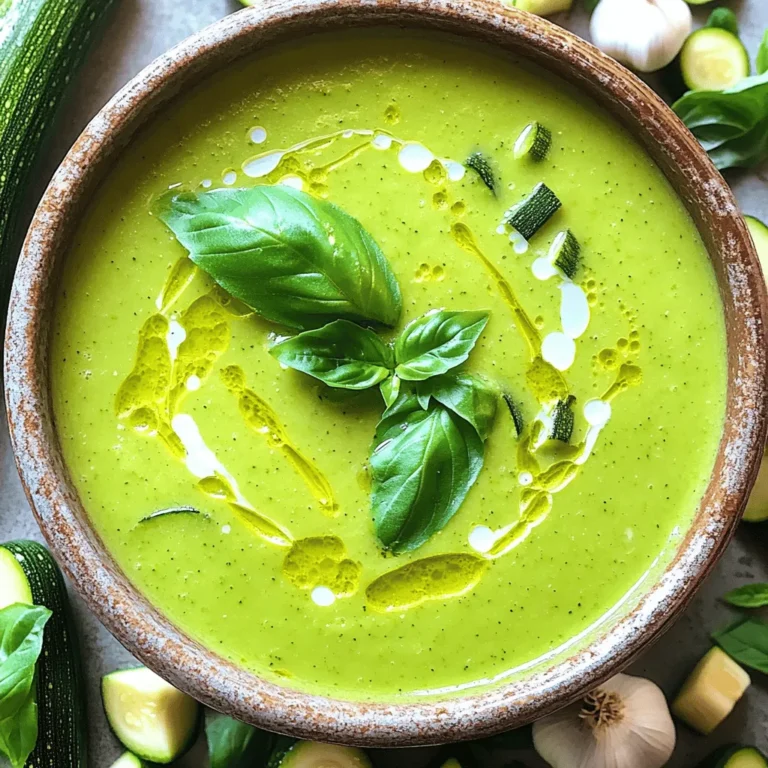 - Zucchini: Use 4 medium zucchinis. Chop them into small pieces. This helps them cook evenly and blend well. Fresh zucchini gives the best taste. - Aromatics: You need 1 medium onion and 3 cloves of garlic. Dice the onion finely. Mince the garlic to release its strong flavor. These two add depth to the soup. - Broth and Cream: Choose 4 cups of vegetable broth. You can use homemade or low-sodium broth. This keeps the soup light. For creaminess, add 1 cup of full-fat coconut milk. It adds a rich flavor and smooth texture. These key ingredients will make your creamy zucchini soup simple yet hearty. For more details, check the Full Recipe. Sautéing the Onion and Garlic Start by heating the extra virgin olive oil in a large pot over medium heat. Once the oil is hot, add the finely diced onion. Sauté the onion for about 3 to 4 minutes. Stir it occasionally until it turns soft and translucent. Next, add the minced garlic. Cook for one more minute. This helps release the garlic's fragrant aroma. Cooking the Zucchini Now, carefully add the chopped zucchinis to the pot. Stir them well to mix with the onion and garlic. Cook for about 5 minutes. This allows the zucchinis to soften a bit. Make sure to stir occasionally so they cook evenly. Blending the Soup for Creaminess Pour the vegetable broth into the pot. Increase the heat to high and bring the mixture to a gentle boil. Once it starts to boil, reduce the heat to low. Let it simmer for 15 minutes, or until the zucchinis are tender. You should be able to pierce them easily with a fork. Remove the pot from heat. Using an immersion blender, carefully puree the soup until it is smooth and creamy. If you use a traditional blender, let the soup cool a little before blending in batches. Return the blended soup to the pot. Stirring in Coconut Milk and Seasoning With the soup back in the pot, stir in the full-fat coconut milk, dried thyme, sea salt, and freshly ground black pepper. Heat the soup on low for about 5 minutes. Stir gently and be careful not to let it boil. Adjusting Flavors Taste the soup and check the seasoning. Add more salt or pepper if needed. This is your chance to make it just right for your taste! Serve the creamy soup hot, garnished with fresh basil leaves. This adds a lovely burst of color and flavor to your bowl. For the full details, check the Full Recipe. Suggested Herbs and Spices To boost flavor in your creamy zucchini soup, try adding fresh herbs. Basil and thyme work best. You can also use oregano or dill for a twist. If you like heat, a pinch of red pepper flakes adds a nice kick. Optimal Cooking Techniques Sautéing the onion and garlic in olive oil brings out their sweetness. Cook them until soft but not browned. This step adds depth to your soup. When you add the zucchini, stir them well. This helps them soften evenly. Blending the soup until smooth creates a creamy texture. Serving Ideas Serve the soup in warm bowls to keep it hot longer. For a fun touch, pair it with a slice of crusty bread or a simple salad. This makes the meal feel more complete. Garnishing Options for More Appeal Garnish with fresh basil leaves for color. A swirl of coconut milk on top makes it look fancy. You can also sprinkle some black pepper or a dash of paprika for contrast. These small details make your dish pop! {{image_4}} You can make your creamy zucchini soup even better by adding other veggies. Carrots are a great choice. They add a sweet flavor and extra vitamins. Just peel and chop them into small pieces. Add them when you cook the onion and garlic. You can also use potatoes. They make the soup heartier. Chop them into small cubes and add them with the zucchini. Both options boost nutrition and flavor. If you want a dairy-free version, use almond milk instead of coconut milk. It keeps the soup creamy without dairy. For a vegan option, ensure your broth is vegetable-based and avoid any animal products. These changes help everyone enjoy this delicious soup. You can still enjoy the same great taste while meeting dietary needs. To keep your creamy zucchini soup fresh, store leftovers in an airtight container. Make sure the soup cools down before sealing. It will stay good in the fridge for about three days. If you have a large batch, consider using smaller containers. This way, you can grab just what you need. When you're ready to enjoy it again, simply reheat it on the stove or in the microwave. Stir well to ensure even heating. Freezing is a great way to save your soup for later. Start by letting the soup cool completely. Then, pour it into freezer-safe bags or containers. Leave some space at the top, as the soup will expand when frozen. Label each container with the date and type of soup. Your creamy zucchini soup can stay frozen for about three months. When you’re ready to eat, thaw it overnight in the fridge. Reheat it gently on the stove, adding a splash of vegetable broth if it seems too thick. For detailed steps, you can check the Full Recipe. What can I substitute for coconut milk? If you need a substitute for coconut milk, consider using almond milk or cashew cream. These options will keep the soup creamy. You can also use heavy cream for a richer taste. Can I use frozen zucchini for this recipe? Yes, you can use frozen zucchini! Just thaw it before cooking. It may change the texture slightly. But it still tastes great in the soup. How long does the soup last in the fridge? This soup stays fresh in the fridge for about 3 to 5 days. Make sure to store it in an airtight container to keep it tasty. How to make it spicier To add some heat, mix in red pepper flakes or hot sauce. Start with a small amount, then taste and add more if needed. Can I add protein to the soup? Yes, you can add protein! Cooked chicken, chickpeas, or lentils work well. Stir them in before blending to keep the soup creamy. For the full recipe, you can refer back to the earlier section. In this blog post, we explored how to make creamy zucchini soup. We covered essential ingredients, including zucchini, onions, and broth. I shared step-by-step instructions for preparing and blending the soup. You learned tips for enhancing flavor and fresh presentation ideas. Variations allow you to add different veggies or modify for dietary needs. Finally, proper storage tips help you keep leftovers fresh. Making this soup is easy and fun. I hope you feel inspired to try it!