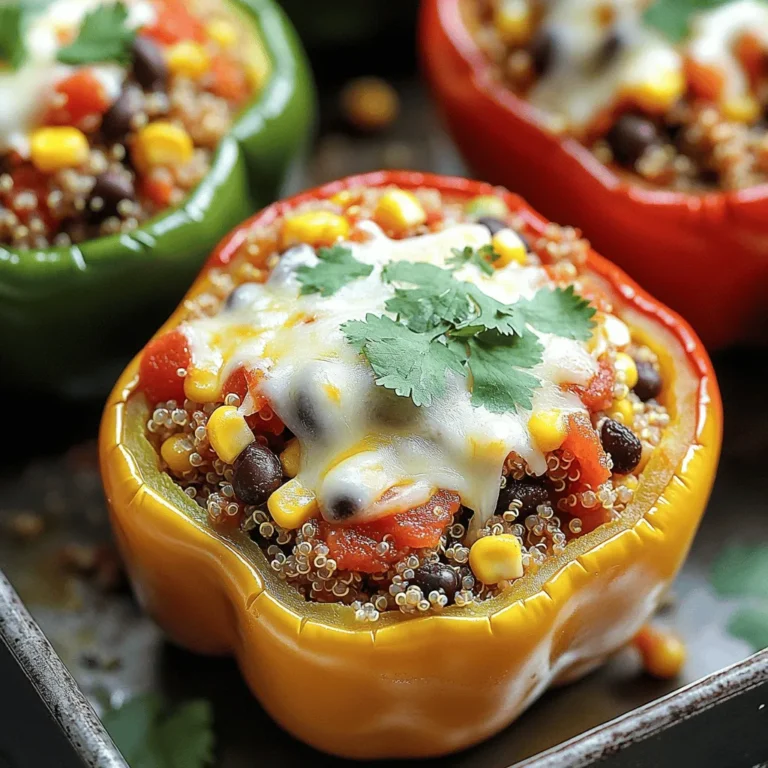 - 4 large bell peppers (any color) - 1 cup quinoa, rinsed - 2 cups vegetable broth - 1 can (15 oz) black beans, drained and rinsed - 1 cup corn (frozen or canned) - 1 medium onion, diced - 2 garlic cloves, minced - 1 teaspoon cumin - 1 teaspoon smoked paprika - 1/2 teaspoon chili powder - Salt and pepper to taste - 1 cup diced tomatoes (canned or fresh) - 1 cup shredded cheese (cheddar or dairy-free alternative) - Fresh cilantro for garnish To make the best stuffed bell peppers with quinoa, gather these ingredients. They create a healthy and tasty dish. The quinoa adds protein and fiber. The bell peppers provide color and crunch. Using black beans and corn boosts flavor. Onions and garlic give a nice aroma. Spices like cumin and smoked paprika add depth. The toppings, like cheese and fresh cilantro, finish the dish. You can find the full recipe to guide you through cooking. Enjoy making this easy meal! - Preheat the oven to 375°F (190°C). - Cut the tops off the bell peppers and remove seeds and membranes. To start, I preheat my oven. This step warms it up for baking later. Next, I take the bell peppers and cut off the tops. I make sure to remove all the seeds and membranes inside. This makes room for the tasty filling. I like to brush the outside with a bit of olive oil. It helps them brown nicely in the oven. - Combine rinsed quinoa and vegetable broth in a medium pot. - Bring to a boil, reduce heat, cover, and simmer for about 15 minutes. Now, I focus on the quinoa. I rinse it well to remove any bitter taste. Then, I place the rinsed quinoa in a medium pot. I add vegetable broth for flavor. I bring this mix to a boil and then turn down the heat. Cover the pot and let it simmer for about 15 minutes. When done, the quinoa will be fluffy and ready for the filling. - Sauté onions in olive oil until translucent. - Add garlic, cumin, smoked paprika, and chili powder. In a large pan, I heat a tablespoon of olive oil. I add diced onions and cook them until they turn translucent. This usually takes about five minutes. Next, I add minced garlic, cumin, smoked paprika, and chili powder. The spices make the kitchen smell amazing. I stir this for a minute to let the flavors combine. - Combine cooked quinoa, black beans, corn, diced tomatoes, and sautéed onions. - Season with salt and pepper to taste, and mix in half of the cheese if desired. In a big bowl, I mix the cooked quinoa with black beans and corn. I also add diced tomatoes and the sautéed onions. I season everything with salt and pepper. If I want a creamier filling, I mix in half of the cheese now. It makes the filling richer and more delicious. - Spoon the quinoa mixture evenly into the bell peppers. - Top each with remaining cheese. I take the quinoa mixture and spoon it into each bell pepper. I fill them evenly and press it down gently. Once filled, I sprinkle the remaining cheese on top of each pepper. This will melt and create a tasty crust while baking. - Cover with foil and bake for 25 minutes. - Remove foil and bake for an additional 10-15 minutes until peppers are tender and cheese is golden. I cover the baking dish with foil and place it in the oven. I bake for 25 minutes to let the peppers soften. After that, I take off the foil and bake for another 10-15 minutes. I watch closely until the cheese is melted and golden. The peppers should be tender but not mushy. This whole process leads to a colorful dish that is both healthy and easy. For the full recipe, refer to the section above. Enjoy the wonderful flavors of these stuffed bell peppers! To make your stuffed bell peppers shine, spices are key. Use cumin, smoked paprika, and chili powder for a warm and rich taste. These spices give the filling a vibrant kick. Remember to season your filling well. A pinch of salt and pepper can make a big difference. Taste your mix before stuffing the peppers. Adjust the seasoning as needed to make it perfect. Check your quinoa after about 15 minutes. It should be fluffy and the liquid should be gone. For the peppers, they should be tender but not mushy. To test, poke a fork into a pepper; it should go in easily. When it comes to cheese, you want it melted and slightly golden. If you like a crispy top, broil them for a minute or two at the end. Serve your stuffed peppers on a colorful plate to catch the eye. You can slice the peppers in half for a fun twist. Garnish with fresh cilantro for a pop of green. It adds flavor and makes the dish look fancy. Try adding a drizzle of olive oil or a squeeze of lime before serving for extra flair. {{image_4}} You can change the protein in the stuffed peppers to suit your taste. For a vegan option, use lentils or chickpeas. These add great texture and flavor. If you prefer meat, ground turkey or chicken works well. You can also use tofu for a plant-based twist. Just crumble it and mix it with your filling. Feel free to experiment with different fillings. Instead of quinoa, you can try rice or barley. Both grains provide unique tastes and textures. You can also add chopped spinach, zucchini, or mushrooms to the mix. These vegetables add nutrients and flavor. If you want more protein, try adding kidney beans or lentils. For gluten-free options, make sure to choose gluten-free grains. Quinoa is already gluten-free, but rice is another good choice. If you are on a low-carb or keto diet, use cauliflower rice instead. This keeps the dish light and healthy. You can still use all the same spices and flavors, so you won’t miss a thing. To store your stuffed bell peppers, let them cool first. Then, place them in an airtight container. This keeps them fresh. You can store them in the fridge for up to four days. If you want to keep them longer, freezing is a great option. For freezing, you can freeze them both cooked or uncooked. If uncooked, wrap each pepper tightly in plastic wrap. Place them in a freezer-safe bag or container. For cooked peppers, let them cool, then store them in a similar way. You can freeze them for up to three months. When ready to eat, thaw overnight in the fridge. Reheat them in the oven at 350°F (175°C) until warm. You can prep ingredients ahead of time. Cook the quinoa and chop the veggies a day before. This makes it easy to assemble the peppers quickly. You can also use the filling in other meals. Try it in tacos, salads, or even as a dip. Stuffed peppers are easy to customize and a fun meal for any time! You can use quinoa, farro, or couscous instead of rice. Quinoa is great because it cooks fast and is full of protein. For a fun twist, use cauliflower rice for a low-carb option. Mix in beans, veggies, or nuts for more flavor and texture. Yes, you can eat raw bell peppers! They are crunchy and full of nutrients. Raw peppers have vitamin C, which helps your immune system. They also have fiber, which is good for digestion. Just wash them well before eating. Serve stuffed peppers with a simple salad. A green salad with vinaigrette works well. You can also add crusty bread or garlic bread. Rice or quinoa on the side can soak up the flavors, too. For a fun touch, offer some salsa or guacamole. Look for tender peppers with a slight char on top. The cheese should be melted and golden. You can also poke a fork in the pepper; it should be soft but not mushy. If the filling is hot all the way through, they are ready! Yes! You can prepare the filling and stuff the peppers ahead. Store them in the fridge for a day or two. When ready, bake them straight from the fridge or after freezing. Just add a few extra minutes to the cooking time. Check out the Full Recipe for more tips! Stuffed bell peppers with quinoa are healthy and simple to make. We covered the main ingredients, from vibrant peppers to protein-rich quinoa. You learned step-by-step instructions to ensure they taste great. Flavor tips, variations, and storage methods help you customize and enjoy these meals easily. Remember, cooking can be fun and creative. You can change fillings based on what you have. Enjoy every bite, knowing you made a nutritious dish.