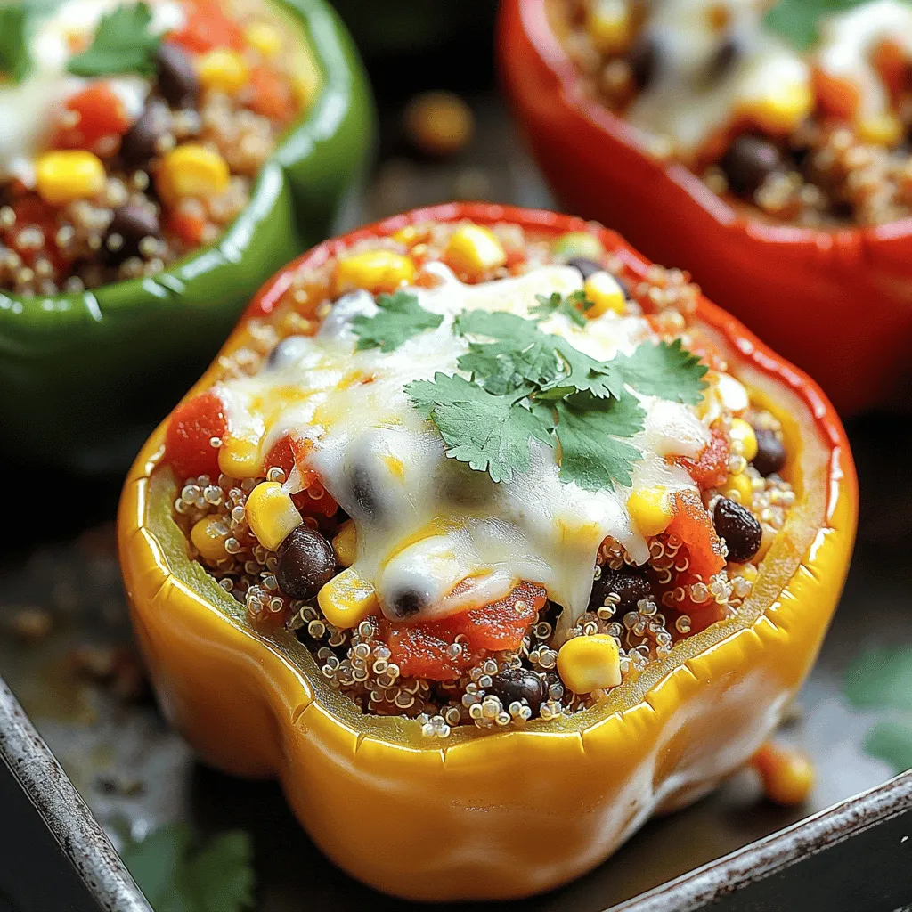 - 4 large bell peppers (any color) - 1 cup quinoa, rinsed - 2 cups vegetable broth - 1 can (15 oz) black beans, drained and rinsed - 1 cup corn (frozen or canned) - 1 medium onion, diced - 2 garlic cloves, minced - 1 teaspoon cumin - 1 teaspoon smoked paprika - 1/2 teaspoon chili powder - Salt and pepper to taste - 1 cup diced tomatoes (canned or fresh) - 1 cup shredded cheese (cheddar or dairy-free alternative) - Fresh cilantro for garnish To make the best stuffed bell peppers with quinoa, gather these ingredients. They create a healthy and tasty dish. The quinoa adds protein and fiber. The bell peppers provide color and crunch. Using black beans and corn boosts flavor. Onions and garlic give a nice aroma. Spices like cumin and smoked paprika add depth. The toppings, like cheese and fresh cilantro, finish the dish. You can find the full recipe to guide you through cooking. Enjoy making this easy meal! - Preheat the oven to 375°F (190°C). - Cut the tops off the bell peppers and remove seeds and membranes. To start, I preheat my oven. This step warms it up for baking later. Next, I take the bell peppers and cut off the tops. I make sure to remove all the seeds and membranes inside. This makes room for the tasty filling. I like to brush the outside with a bit of olive oil. It helps them brown nicely in the oven. - Combine rinsed quinoa and vegetable broth in a medium pot. - Bring to a boil, reduce heat, cover, and simmer for about 15 minutes. Now, I focus on the quinoa. I rinse it well to remove any bitter taste. Then, I place the rinsed quinoa in a medium pot. I add vegetable broth for flavor. I bring this mix to a boil and then turn down the heat. Cover the pot and let it simmer for about 15 minutes. When done, the quinoa will be fluffy and ready for the filling. - Sauté onions in olive oil until translucent. - Add garlic, cumin, smoked paprika, and chili powder. In a large pan, I heat a tablespoon of olive oil. I add diced onions and cook them until they turn translucent. This usually takes about five minutes. Next, I add minced garlic, cumin, smoked paprika, and chili powder. The spices make the kitchen smell amazing. I stir this for a minute to let the flavors combine. - Combine cooked quinoa, black beans, corn, diced tomatoes, and sautéed onions. - Season with salt and pepper to taste, and mix in half of the cheese if desired. In a big bowl, I mix the cooked quinoa with black beans and corn. I also add diced tomatoes and the sautéed onions. I season everything with salt and pepper. If I want a creamier filling, I mix in half of the cheese now. It makes the filling richer and more delicious. - Spoon the quinoa mixture evenly into the bell peppers. - Top each with remaining cheese. I take the quinoa mixture and spoon it into each bell pepper. I fill them evenly and press it down gently. Once filled, I sprinkle the remaining cheese on top of each pepper. This will melt and create a tasty crust while baking. - Cover with foil and bake for 25 minutes. - Remove foil and bake for an additional 10-15 minutes until peppers are tender and cheese is golden. I cover the baking dish with foil and place it in the oven. I bake for 25 minutes to let the peppers soften. After that, I take off the foil and bake for another 10-15 minutes. I watch closely until the cheese is melted and golden. The peppers should be tender but not mushy. This whole process leads to a colorful dish that is both healthy and easy. For the full recipe, refer to the section above. Enjoy the wonderful flavors of these stuffed bell peppers! To make your stuffed bell peppers shine, spices are key. Use cumin, smoked paprika, and chili powder for a warm and rich taste. These spices give the filling a vibrant kick. Remember to season your filling well. A pinch of salt and pepper can make a big difference. Taste your mix before stuffing the peppers. Adjust the seasoning as needed to make it perfect. Check your quinoa after about 15 minutes. It should be fluffy and the liquid should be gone. For the peppers, they should be tender but not mushy. To test, poke a fork into a pepper; it should go in easily. When it comes to cheese, you want it melted and slightly golden. If you like a crispy top, broil them for a minute or two at the end. Serve your stuffed peppers on a colorful plate to catch the eye. You can slice the peppers in half for a fun twist. Garnish with fresh cilantro for a pop of green. It adds flavor and makes the dish look fancy. Try adding a drizzle of olive oil or a squeeze of lime before serving for extra flair. {{image_4}} You can change the protein in the stuffed peppers to suit your taste. For a vegan option, use lentils or chickpeas. These add great texture and flavor. If you prefer meat, ground turkey or chicken works well. You can also use tofu for a plant-based twist. Just crumble it and mix it with your filling. Feel free to experiment with different fillings. Instead of quinoa, you can try rice or barley. Both grains provide unique tastes and textures. You can also add chopped spinach, zucchini, or mushrooms to the mix. These vegetables add nutrients and flavor. If you want more protein, try adding kidney beans or lentils. For gluten-free options, make sure to choose gluten-free grains. Quinoa is already gluten-free, but rice is another good choice. If you are on a low-carb or keto diet, use cauliflower rice instead. This keeps the dish light and healthy. You can still use all the same spices and flavors, so you won’t miss a thing. To store your stuffed bell peppers, let them cool first. Then, place them in an airtight container. This keeps them fresh. You can store them in the fridge for up to four days. If you want to keep them longer, freezing is a great option. For freezing, you can freeze them both cooked or uncooked. If uncooked, wrap each pepper tightly in plastic wrap. Place them in a freezer-safe bag or container. For cooked peppers, let them cool, then store them in a similar way. You can freeze them for up to three months. When ready to eat, thaw overnight in the fridge. Reheat them in the oven at 350°F (175°C) until warm. You can prep ingredients ahead of time. Cook the quinoa and chop the veggies a day before. This makes it easy to assemble the peppers quickly. You can also use the filling in other meals. Try it in tacos, salads, or even as a dip. Stuffed peppers are easy to customize and a fun meal for any time! You can use quinoa, farro, or couscous instead of rice. Quinoa is great because it cooks fast and is full of protein. For a fun twist, use cauliflower rice for a low-carb option. Mix in beans, veggies, or nuts for more flavor and texture. Yes, you can eat raw bell peppers! They are crunchy and full of nutrients. Raw peppers have vitamin C, which helps your immune system. They also have fiber, which is good for digestion. Just wash them well before eating. Serve stuffed peppers with a simple salad. A green salad with vinaigrette works well. You can also add crusty bread or garlic bread. Rice or quinoa on the side can soak up the flavors, too. For a fun touch, offer some salsa or guacamole. Look for tender peppers with a slight char on top. The cheese should be melted and golden. You can also poke a fork in the pepper; it should be soft but not mushy. If the filling is hot all the way through, they are ready! Yes! You can prepare the filling and stuff the peppers ahead. Store them in the fridge for a day or two. When ready, bake them straight from the fridge or after freezing. Just add a few extra minutes to the cooking time. Check out the Full Recipe for more tips! Stuffed bell peppers with quinoa are healthy and simple to make. We covered the main ingredients, from vibrant peppers to protein-rich quinoa. You learned step-by-step instructions to ensure they taste great. Flavor tips, variations, and storage methods help you customize and enjoy these meals easily. Remember, cooking can be fun and creative. You can change fillings based on what you have. Enjoy every bite, knowing you made a nutritious dish.