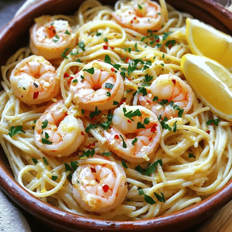 To make Easy Shrimp Scampi, gather these simple ingredients: - 1 pound large shrimp, peeled and deveined - 6 tablespoons unsalted butter, divided - 4 cloves garlic, finely minced - 1 teaspoon red pepper flakes (adjust according to spice preference) - 1 cup chicken broth (substitute with vegetable broth for a vegetarian option) - 1 lemon, juiced and zested - 8 ounces linguine or spaghetti - 1/4 cup fresh parsley, finely chopped - Salt and freshly ground black pepper, to taste You can swap some ingredients based on your taste or what you have at home: - Use olive oil instead of butter for a lighter dish. - Swap shrimp for scallops or chicken if you prefer. - For a gluten-free option, try zucchini noodles or gluten-free pasta. - Lemon juice can be replaced with lime juice for a twist. Having the right tools makes cooking easier. Here’s what you need: - A large pot for boiling pasta - A large skillet for cooking shrimp - A sharp knife for mincing garlic and chopping parsley - A cutting board for prep - Measuring cups and spoons for accuracy These items will help you whip up this dish quickly and easily. If you want the complete process, check out the Full Recipe for detailed steps. First, fill a large pot with water and add a good amount of salt. This helps flavor the pasta. Bring the water to a rolling boil. Once it’s boiling, add 8 ounces of linguine or spaghetti. Cook it according to the package directions, usually about 8-10 minutes. You want it to be al dente, which means it should be firm but not hard. When done, drain the pasta, but save 1/2 cup of the pasta water. This will help your sauce later. In a large skillet, heat 4 tablespoons of unsalted butter over medium heat. Once the butter is melted, add 4 cloves of finely minced garlic and 1 teaspoon of red pepper flakes. Stir it often for about 1-2 minutes. You want the garlic to smell good but not brown, as that can change the taste. Next, turn the heat to medium-high and add 1 pound of peeled and deveined shrimp. Cook the shrimp for about 2-3 minutes on each side. They should turn pink and be fully cooked. Don’t forget to season with salt and freshly ground black pepper to taste. Carefully pour in 1 cup of chicken broth and the juice of 1 lemon. Add the lemon zest as well. Stir all of this together and let it simmer for 2-3 minutes. This will reduce the sauce a bit and make it rich in flavor. Now it's time to combine everything. Add the drained pasta right into the skillet with the shrimp and sauce. Gently toss it all together, so the pasta gets coated in that delicious sauce. If the sauce feels too thick, slowly add some of the reserved pasta water until it’s just right. Finally, remove the skillet from the heat and stir in the remaining 2 tablespoons of butter. This makes the sauce even creamier. For the final touch, sprinkle freshly chopped parsley on top. Serve the dish warm, either right from the skillet or in a big bowl. Enjoy this easy and flavorful delight! You can find the full recipe [here](#). To cook shrimp just right, start with fresh shrimp. Look for shrimp that smell like the ocean, not fishy. When you heat your skillet, make sure it’s hot before adding the shrimp. This helps create a nice sear. Cook the shrimp in a single layer. This way, they cook evenly. Flip them when they turn pink, and they will be ready in about 2-3 minutes per side. Overcooking shrimp makes them tough, so watch closely! To make your shrimp scampi burst with flavor, use quality ingredients. Fresh garlic creates a rich taste. You can also add lemon zest for a bright kick. Try adding capers or sun-dried tomatoes for a twist. Herbs like parsley and basil add freshness. If you like heat, adjust red pepper flakes to your taste. You can also finish with a squeeze of fresh lemon juice for a zesty touch. Timing is key for a great shrimp scampi dish. Start by boiling the pasta first. While it cooks, prepare your shrimp and sauce. This keeps everything fresh and hot. Drain the pasta once it’s al dente, and don’t forget to save some pasta water. This water helps the sauce stick to the pasta. Combine everything right away for the best flavor. Serve your dish immediately to enjoy the vibrant tastes. For more ideas, check the Full Recipe. {{image_4}} You can add fresh vegetables to your shrimp scampi. This adds flavor and color. Try using bell peppers, zucchini, or spinach. They cook quickly and blend well with shrimp. Simply sauté them with garlic before adding shrimp. This way, you get a healthy twist on the classic dish. If you want a gluten-free option, you have choices. Look for gluten-free pasta made from rice or quinoa. These options taste great and hold the sauce well. You can also use spiralized vegetables, like zucchini or carrots. They are fun to eat and low in carbs. Both options keep the dish light and flavorful. Do you like heat? You can easily spice up your shrimp scampi. Add more red pepper flakes for extra kick. You could also include diced jalapeños or a dash of hot sauce. Mix in some cayenne pepper for another layer of flavor. Just remember to adjust to your taste. Enjoy the heat while keeping the dish balanced. These variations let you customize your shrimp scampi. They make it fun and unique every time you cook. For the full recipe, check out the details above! Store any leftover shrimp scampi in an airtight container. Place it in the fridge. It stays fresh for 2-3 days. Make sure it cools down before sealing. This keeps the flavors intact. When you reheat shrimp scampi, use low heat. A skillet works best. Add a splash of broth or water to keep it moist. Stir often to heat evenly. You can also use the microwave. Heat in short bursts to avoid overcooking the shrimp. You can freeze shrimp scampi too! Just place it in a freezer-safe container. Use it within three months for best flavor. Thaw it overnight in the fridge before reheating. Avoid freezing it with pasta; they don't hold up well. Instead, cook fresh pasta when you're ready to eat. For the full recipe, check the earlier section. Making Easy Shrimp Scampi takes about 20 minutes. You need 10 minutes to prep and 10 minutes to cook. This fast dish fits well into any busy schedule. You can enjoy a tasty meal in no time. Yes, you can use frozen shrimp. Just remember to thaw them first. Place the shrimp in the fridge overnight or run them under cold water. Using frozen shrimp may add a few extra minutes to your cook time. Shrimp Scampi pairs well with many sides. Here are some great options: - Garlic bread for dipping in the sauce - A fresh green salad for a light touch - Steamed vegetables for extra color and flavor - A glass of white wine to enhance the meal Yes, you can safely reheat shrimp leftovers. Just make sure to heat them gently. Use low heat on the stove or in the microwave. This helps keep the shrimp tender and tasty. Be careful not to overcook them, as they can become tough. This blog post covered easy shrimp scampi from start to finish. We looked at key ingredients, substitutions, and tools. You learned step-by-step cooking instructions and helpful tips to elevate your dish. Variations give you room to tailor it to your taste, while storage tips ensure nothing goes to waste. As you make your shrimp scampi, remember these insights to create a delicious meal every time. Enjoy your cooking adventure!