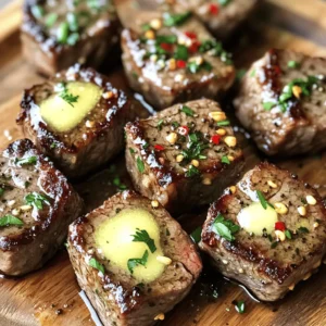 - 1 lb sirloin steak, cut into bite-sized cubes - 4 tablespoons unsalted butter - 4 cloves of garlic, minced - 1 tablespoon fresh rosemary, finely chopped - 1 tablespoon fresh parsley, chopped - Salt and pepper to taste - 1 tablespoon olive oil - Optional: 1 teaspoon red pepper flakes for an extra kick For this dish, I love using sirloin steak. It is tender and flavorful, perfect for bites. The unsalted butter adds richness, while garlic gives that amazing aroma. Fresh rosemary and parsley brighten the dish with their herbs' natural flavors. I recommend seasoning your steak well. Salt and pepper will enhance the taste. If you like a bit of heat, add red pepper flakes. They give a nice kick without overpowering the dish. Gather these ingredients before you start cooking. It makes the process smooth and fun. You can find the full recipe in the next section, so you can create this quick, tasty meal tonight! Start by patting the steak cubes dry with paper towels. This step is key. It helps the steak sear nicely. Next, season the cubes with salt and pepper. Make sure every side gets a good coating. This simple step adds a lot of flavor. Heat olive oil in a skillet over medium-high heat. You want the oil to shimmer. This means it’s hot enough. Carefully add the seasoned steak cubes to the skillet. Don’t overcrowd the pan. Let them sear for about 2-3 minutes. This creates a tasty crust. After that, flip the steak bites. Cook for another 2-3 minutes. Check for your desired doneness. For medium-rare, aim for about 130°F. Once the steak reaches your liking, reduce the heat to medium. Add butter, minced garlic, and rosemary to the skillet. As the butter melts, use a spoon to baste the steak bites. This helps infuse the flavors. Cook for one more minute. After that, remove the skillet from the heat. Sprinkle with fresh parsley and optional red pepper flakes. Let the steak bites rest for a few minutes. Resting helps the juices stay in the meat. You can find the Full Recipe at the end of this article. To get the best steak bites, aim for the right internal temperature. Here are the target temperatures for different doneness levels: - Rare: 120°F - Medium-rare: 130°F - Medium: 140°F - Medium-well: 150°F - Well-done: 160°F Use a meat thermometer for accuracy. This tool helps you avoid overcooking. Always let the steak rest for a few minutes after cooking. This helps keep it juicy. Basting is key to flavor. When you melt butter, garlic, and herbs, use a spoon. Carefully scoop the mixture and pour it over the steak bites. Do this often for even flavor. It adds a nice touch to each bite. Make sure to keep the heat at medium. This prevents burning while allowing the flavors to blend. Garnish makes a dish shine. Serve your garlic butter steak bites on a large platter. Add fresh parsley and rosemary for color. They look great and add flavor. Using toothpicks can make serving easier. This is perfect for parties or casual dinners. For extra style, consider a drizzle of balsamic glaze on the plate. It adds a beautiful, tangy contrast. {{image_4}} You can change the taste of garlic butter steak bites easily. Here are a few ideas: - Smoked Paprika: Adds a nice depth. - Dried Oregano: Gives a warm, earthy flavor. - Thyme: Fresh or dried, it pairs well with steak. - Lemon Zest: Brightens the dish with a citrus kick. - Soy Sauce: Adds a savory umami taste. Feel free to mix and match these to find your favorite blend. You can serve these steak bites in many tasty ways. Try pairing them with: - Roasted Vegetables: Carrots, broccoli, or Brussels sprouts work well. - Garlic Mashed Potatoes: Creamy and comforting. - Steamed Rice or Quinoa: Perfect for soaking up the garlic butter. - Fresh Salad: Greens with a light vinaigrette can balance the richness. - Dipping Sauces: A tangy BBQ or zesty chimichurri adds extra flavor. These pairings make the dish even more delightful. You can easily adapt the recipe for different diets. Here are some options: - Low-Carb: Skip the potatoes and serve with veggies. - Gluten-Free: Ensure any sauces are certified gluten-free. - Dairy-Free: Swap butter for olive oil or a dairy-free spread. These changes help everyone enjoy this dish without worry. After your meal, let the steak bites cool. Place them in an airtight container. They will stay fresh in the fridge for up to three days. It’s best to store them without the sauce to avoid sogginess. You can add the garlic butter back when you reheat them. To keep garlic butter steak bites longer, freezing is a great option. Pack them in a freezer-safe bag or container. Remove as much air as possible. They can be frozen for up to three months. Thaw them in the fridge overnight before reheating. This keeps the beef juicy and tender. Reheat the steak bites gently to maintain their flavor. You can use a skillet over low heat. Add a bit of olive oil or butter to keep them moist. Alternatively, use the microwave for quick reheating. Just be careful not to overcook them. This will help you enjoy the same great taste as when they were fresh. You can cook steak bites quickly. For medium-rare, cook for 4-6 minutes total. Start with 2-3 minutes on one side, then flip. For medium, aim for 6-8 minutes. Always check the internal temp. It should be about 130°F for medium-rare and 140°F for medium. Yes, you can use other cuts. Ribeye and tenderloin work well too. They have good flavor and tenderness. Just remember, thinner cuts cook faster. Adjust your cooking time based on the cut you choose. Many sides go great with steak bites. Here are some popular choices: - Garlic mashed potatoes - Roasted vegetables - Creamy coleslaw - Fresh garden salad - Grilled asparagus These sides balance the rich flavors of the steak. They add freshness and crunch. You can find the complete garlic butter steak bites recipe [here](#). In this blog post, we explored how to make delicious garlic butter steak bites. We discussed the key ingredients, from sirloin steak to fresh herbs. You learned step-by-step cooking tips for perfect doneness. We also covered variations, presentation ideas, and storage methods for leftovers. By following these tips, you can create a tasty dish your friends and family will love. With a little practice, you can master this recipe and impress everyone at your next meal.