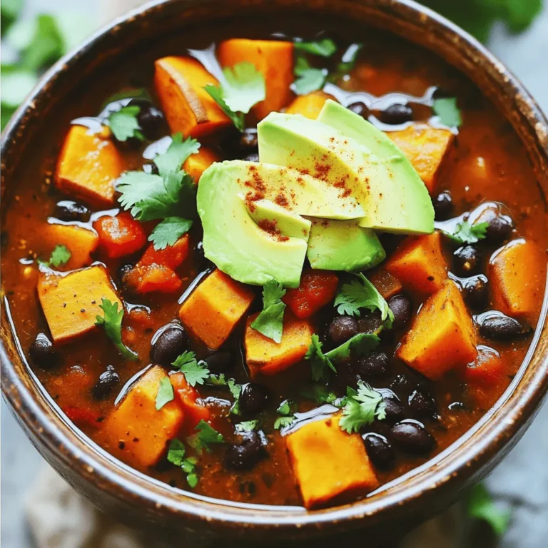 Here’s what you need to make this tasty chili: - 2 medium sweet potatoes, peeled and diced into 1-inch cubes - 1 can (15 oz) black beans, thoroughly drained and rinsed - 1 can (14 oz) diced tomatoes with green chilies - 1 medium onion, finely chopped - 2 cloves garlic, minced - 1 red bell pepper, diced - 2 tablespoons olive oil - 1 tablespoon chili powder - 1 teaspoon ground cumin - 1 teaspoon smoked paprika - 1/2 teaspoon cayenne pepper (adjust according to heat preference) - Salt and freshly ground black pepper to taste - 2 cups vegetable broth - Fresh cilantro leaves for garnish - Slices of avocado for topping (optional) Each ingredient plays a special role. Sweet potatoes bring natural sweetness and creaminess. Black beans add protein and fiber, making the chili hearty. Tomatoes add acidity and moisture, while onion and garlic provide a strong flavor base. The spices add depth, with chili powder and cumin packing a flavorful punch. You can make this chili your own! Here are some ideas: - Add 1 cup of corn for sweetness and texture. - Toss in diced jalapeños for extra heat. - Use different bell peppers for a colorful mix. For toppings, consider: - Shredded cheese for creaminess. - A dollop of sour cream for tang. - Fresh lime juice for brightness. Feel free to mix and match these options to suit your taste! Start by heating olive oil in a large pot over medium heat. When the oil shimmers, add the chopped onion. Sauté it for about five minutes. You want the onion to become soft and translucent. This step adds a great flavor. Next, mince two cloves of garlic and add them to the pot. Then, chop one red bell pepper and toss it in. Cook for another two to three minutes. Stir often until the bell pepper softens and the garlic smells amazing. Now, it's time for the sweet potatoes. Peel and dice two medium sweet potatoes into 1-inch cubes. Add them to your pot with the onion, garlic, and bell pepper. Sprinkle in the spices: one tablespoon of chili powder, one teaspoon of ground cumin, and one teaspoon of smoked paprika. For heat, add ½ teaspoon of cayenne pepper. Don’t forget salt and black pepper to taste. Stir everything well to coat the sweet potatoes in the spices. This ensures they flavor the chili well. Next, pour in one can of diced tomatoes with green chilies and two cups of vegetable broth. Bring this mix to a gentle boil. Once boiling, reduce the heat and cover the pot. Let it simmer for about 20 minutes until the sweet potatoes are tender. Stir occasionally to prevent sticking. Add one can of black beans, drained and rinsed, into the pot. Stir gently until everything is heated through, which will take about five minutes. Taste the chili and adjust the seasoning with more salt or pepper as needed. Now, for the fun part: serving! Use colorful bowls for a bright look. Top each bowl with fresh cilantro leaves for a burst of flavor. If you like, add slices of creamy avocado on top. This will give your chili an extra touch. Enjoy your savory sweet potato and black bean chili! For the complete instructions, check the Full Recipe. To get the right consistency in your chili, use enough broth. Start with two cups of vegetable broth. If you want a thicker chili, reduce the broth by half a cup. Stir the chili often to avoid burning. This helps with even cooking and keeps flavors blended. To prevent your chili from sticking to the pot, use a non-stick pot or Dutch oven. Heat the oil first before adding onions and garlic. Keep stirring the ingredients, especially as it cooks down. If you notice sticking, add a splash of broth to loosen it up. For a flavorful chili, add spices early. Use a mix of chili powder, cumin, and smoked paprika. If you want more heat, adjust the cayenne pepper to your taste. A dash of salt enhances all the flavors. Adding acidity can brighten your chili. A squeeze of lime juice just before serving works wonders. Alternatively, add a splash of vinegar for a tangy kick. You can also toss in fresh cilantro for added freshness. This recipe is naturally vegan and gluten-free, making it easy for many diets. To ensure it meets specific needs, check all ingredients carefully. Use canned beans that say gluten-free and avoid any additives. If you have allergies, swap common ingredients. Instead of black beans, try kidney or pinto beans. You can also replace sweet potatoes with butternut squash for a different flavor. These swaps keep the dish delicious and safe for everyone. For the Full Recipe, check out the detailed instructions above. {{image_4}} You can switch up your sweet potato and black bean chili in fun ways. To make a white chili, use white beans like cannellini or navy beans. Swap the black beans for these lighter beans. Instead of diced tomatoes, use a creamy base made from cashews or coconut milk. This gives a rich, smooth flavor. If you want a spicy version, add jalapeños or a dash of hot sauce. You can adjust the cayenne pepper in the original recipe to control the heat. The beauty of chili is that you can make it just how you like it. Feel free to get creative with your ingredients. Other root vegetables work well in this chili too. Carrots or parsnips can add sweetness and texture. You can even try adding legumes like lentils for extra protein. Seasonal changes can inspire new flavors. In the fall, add pumpkin or squash. In the spring, fresh peas or zucchini can brighten the dish. Each season brings new tastes to explore. Using a slow cooker or Instant Pot can change how you make this chili. For slow cookers, just add all your ingredients and let it cook on low for 6-8 hours. This method allows flavors to deepen and meld beautifully. With an Instant Pot, you can cook the chili in about 30 minutes. Sauté the onions and garlic first, then add the rest of the ingredients. Seal it up, cook on high pressure for 10 minutes, and you’ll have a warm, tasty meal in no time. Each method has its perks. Slow cooking gives a hands-off approach, while the Instant Pot is quick and efficient. Choose the one that fits your schedule best! To keep your Sweet Potato and Black Bean Chili fresh, follow these tips: - Refrigerate: Cool the chili to room temperature before storing. Place it in an airtight container. It lasts up to 4 days in the fridge. - Freeze: For longer storage, freeze the chili in a freezer-safe container. It can last for 3 months. Make sure to leave space at the top, as liquids expand when frozen. - Leftover Ingredients: Store leftover ingredients in separate containers. Keep diced sweet potatoes and chopped veggies in the fridge, and use them within 3 days for the best taste. When reheating your chili, aim to keep its great flavor and texture: - Microwave: Place the chili in a microwave-safe bowl. Cover it loosely with a lid or microwave-safe wrap. Heat in 1-minute bursts, stirring in between. - Stovetop: Use a pot over medium heat. Stir often to prevent sticking. Add a splash of vegetable broth or water to keep it moist. - Prevent Dryness: If the chili seems thick, add a bit of broth or water while reheating. This keeps it creamy and delicious. Knowing how long your chili lasts is key to safety: - Fridge: Sweet Potato and Black Bean Chili stays good for about 4 days in the fridge. - Freezer: In the freezer, it can last for up to 3 months without losing flavor. - Signs of Spoilage: Look for changes in color or an off smell. If it looks or smells strange, it’s best to toss it. Always trust your senses when it comes to food safety. You can serve many tasty sides with this chili. Here are some great ideas: - Cornbread: This soft bread pairs well with chili. - Rice: White or brown rice adds a nice base. - Salad: A fresh green salad brightens the meal. - Tortilla chips: Crunchy chips are great for dipping. - Avocado slices: Creamy avocado enhances the flavors. Yes, you can use fresh beans! To use dry beans, soak them overnight. Cook them until tender before adding to the chili. This may take longer than using canned beans. If you want a quick swap, try using chickpeas or pinto beans instead. The spice level depends on your taste. The recipe includes cayenne pepper. You can adjust this amount to make it milder or hotter. If you want more heat, add fresh jalapeños or hot sauce. For less spice, skip the cayenne altogether. Yes, this chili is very healthy! It has sweet potatoes, which are high in fiber and vitamins. Black beans add protein and more fiber. This dish is also vegan and gluten-free, making it a great choice for many diets. Enjoy it without guilt! You can find the Full Recipe for Spicy Sweet Potato & Black Bean Chili in this article. Check the cooking steps and list of ingredients for a tasty meal! Sweet Potato and Black Bean Chili offers a flavorful mix of ingredients and techniques. With essential items like sweet potatoes and black beans, you create a hearty base. You can customize with optional ingredients or toppings for a personal touch. Follow easy steps for perfect chili, and use tips for great flavor. Explore variations to keep things fresh and try different cooking methods. Store leftovers properly to enjoy later. This chili is not just tasty; it’s healthy too. Explore these ideas, and make your meal a success.