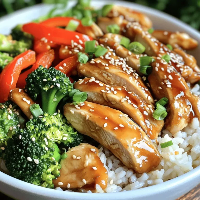 - 2 boneless, skinless chicken breasts - 1 cup jasmine rice - 1 bell pepper, sliced (red or yellow) - 1 cup broccoli florets - Sesame seeds for garnish - 2 tablespoons low-sodium soy sauce - 2 tablespoons honey - 1 tablespoon rice vinegar - 1 teaspoon fresh ginger, grated - 2 cloves garlic, minced - Salt and pepper to taste - 1 tablespoon sesame oil - 2 green onions, thinly sliced (for garnish) The ingredients play a key role in creating tasty Teriyaki Chicken Rice Bowls. You start with chicken and rice, which form the base. I love jasmine rice for its soft texture and sweet flavor. The bell pepper and broccoli add color and crunch. Next, the marinade gives the chicken its signature taste. Low-sodium soy sauce helps balance the sweetness of honey. Rice vinegar adds a nice tang, while ginger and garlic deepen the flavor. For seasoning, salt and pepper enhance the dish. Sesame oil adds a nutty taste. Finally, green onions and sesame seeds bring freshness and crunch. When you gather these ingredients, you set the stage for a fun cooking adventure. This recipe is simple, yet it delivers big flavors. Enjoy the process, and get ready to savor your delicious Teriyaki Chicken Rice Bowls! - Whisk together the soy sauce, honey, rice vinegar, ginger, and garlic in a bowl. - Coat the chicken breasts thoroughly in the marinade. - Refrigerate the chicken for at least 15 minutes to enhance the flavor. - Rinse the jasmine rice until the water runs clear. - Boil the rinsed rice with 1 cup of water. - After boiling, lower the heat and simmer for 15 minutes, then fluff the rice. - Heat sesame oil in a skillet over medium heat. - Cook the marinated chicken in the skillet, reserving the marinade. - After about 5-6 minutes, transfer the chicken. Sauté the bell pepper and broccoli. - Pour the reserved marinade into the skillet, thickening the sauce by simmering. - Start by spooning jasmine rice into bowls. - Top each bowl with sliced chicken and sautéed vegetables. - Drizzle the remaining sauce over each bowl for extra flavor. - Let chicken marinate for longer if possible. - Use fresh ingredients for the best taste. - Adjust soy sauce for a lower sodium preference. A longer marinate makes the chicken more tasty. If you have time, let it sit in the fridge for up to an hour. Fresh ginger and garlic add a big flavor boost. If you want less salt, cut back on the soy sauce. - Use a meat thermometer for perfect doneness. - Let chicken rest before slicing for juiciness. A meat thermometer is helpful to check if chicken is safe to eat. The right temp is 165°F. After cooking, let the chicken rest for five minutes. This keeps the juices inside, making it tender. - Add extra vegetables like carrots or snap peas. - Incorporate crushed red pepper for heat. - Experiment with different rice varieties. Want more color and crunch? Toss in some carrots or snap peas. For a spicy kick, add crushed red pepper. You can use brown rice or sushi rice instead of jasmine rice for new textures and flavors. {{image_4}} You can easily swap out chicken for other proteins. Tofu is a great choice for a vegetarian option. It soaks up the teriyaki flavor well. Just cube it and cook it until golden. Shrimp is another quick option. It cooks fast and pairs nicely with the rice and sauce. For a heartier meal, grilled steak works well, too. Slice it thin and let it shine in your bowl. Not every home cook has time to make sauce from scratch. A store-bought teriyaki sauce is a quick fix. It saves time and still tastes good. If you want more flavor, consider making your own. Mixing soy sauce, honey, and ginger gives you a richer taste. Homemade sauce adds a nice touch to your meal. To enhance your meal, think about side dishes. Seaweed salad adds a fresh crunch. It's light and complements the savory bowl. Pickled ginger is another great addition. It offers a tangy contrast to the sweetness of the teriyaki sauce. Both sides can brighten your dish and make it more exciting. Keep your Teriyaki Chicken Rice Bowls in an airtight container. This helps keep them fresh. Store in the fridge for up to 3 days. To reheat, use the microwave on medium power. Heat until warm throughout. For a better texture, reheat on the stovetop. This method keeps the chicken juicy and the rice fluffy. To freeze, separate the chicken and rice. This helps maintain their texture. Place in freezer-safe bags or containers. Thaw overnight in the fridge before reheating. This way, you'll enjoy a tasty meal again! - Prep Time: 15 minutes | Cook Time: 25 minutes - Yes, but adjust cooking time as needed. Brown rice takes longer to cook. - Consider a side of steamed vegetables or a light salad. This adds freshness. - Yes, it includes lean protein and vegetables. You can adjust portions based on your needs. - You can find the Full Recipe shared above in the Ingredients and Instructions sections. Teriyaki Chicken Rice Bowls are easy and tasty. We talked about simple ingredients, step-by-step cooking, and storage tips. Remember, marinating your chicken boosts flavor, and you can adjust it to your taste. Feel free to swap proteins or add vegetables. You can even try different rice types. With these bowls, you create a healthy meal in no time. Enjoy making this dish for your next family dinner or lunch!
