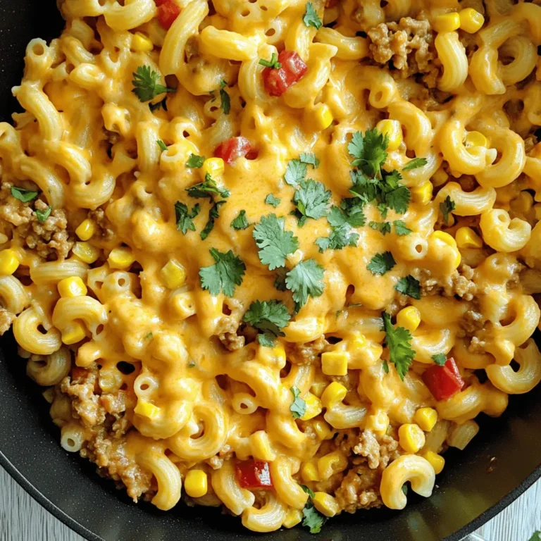 - 8 oz. elbow macaroni - 1 lb. ground chicken (or turkey) - 1 medium onion, diced - 1 red bell pepper, diced - 3 cloves garlic, minced - 1 packet taco seasoning - 2 cups chicken broth - 1 can (14 oz.) diced tomatoes, undrained - 1 cup corn (frozen or canned) - 1 cup shredded cheddar cheese - ½ cup sour cream - Fresh cilantro, chopped (for garnish) - Salt and pepper to taste Gathering these ingredients is the first step to a tasty dish. The elbow macaroni gives a nice bite, while the ground chicken adds protein. Diced onion and red bell pepper bring flavor and color. The garlic adds a nice aroma, and taco seasoning gives that classic taco taste. For the sauce, chicken broth and diced tomatoes make a rich base. The corn adds sweetness, while cheddar cheese brings creaminess. Sour cream adds tang, and fresh cilantro brightens the dish. Don't forget salt and pepper to enhance all the flavors. If you want to see how all these ingredients come together, check out the Full Recipe for One-Skillet Cheesy Taco Pasta. This dish is quick, easy, and full of flavor. Start by heating a little olive oil in a large skillet over medium heat. Next, toss in the diced onion and red bell pepper. Sauté them for about 3-4 minutes. You want them soft and fragrant. Then, add in the minced garlic. Cook for another minute until it releases its aroma. This step builds a great base for your dish. Now, it’s time to brown the meat. Add the ground chicken or turkey to the skillet. Use a wooden spoon to break the meat apart. Cook it for about 5-7 minutes until it turns brown and is no longer pink. This step adds flavor and protein to your meal. Once the meat is browned, sprinkle in the taco seasoning. Mix it well with the meat and veggies. Stir for a minute to let the seasoning bloom. Then, pour in the chicken broth and add the undrained diced tomatoes. Mix in the elbow macaroni too. Increase the heat and bring it all to a gentle boil. After that, reduce the heat to low and cover the skillet. Let it simmer for about 10-12 minutes. Stir occasionally to keep the pasta from sticking. Check for doneness until the pasta is al dente. Now, add in the corn, shredded cheddar cheese, and sour cream. Stir everything together until the cheese melts and the dish turns creamy. Season with salt and pepper to taste. Let the skillet sit off the heat for a few minutes. This helps the dish thicken and get even creamier. When ready, serve the cheesy taco pasta hot. For a fresh touch, sprinkle some chopped cilantro on top. For the full recipe, check the earlier section! To make this dish great, avoid overcooking the pasta. Cook it just until it's al dente. This keeps the pasta firm and tasty. Adjust the seasoning to your liking. If you want more spice, add extra taco seasoning. For a milder taste, use less. Each cook has their own style, so find what works for you. When you serve this dish, think about how it looks. Use colorful bowls or plates. You can top each serving with a dollop of sour cream. This adds creaminess and looks nice. A sprinkle of fresh cilantro gives it a burst of color. A squeeze of lime adds freshness and brightness. Both options make the dish pop! For this recipe, a large non-stick skillet works best. It helps to cook everything evenly. Use a wooden spoon for stirring. It won’t scratch your skillet. You’ll also need measuring cups and spoons to get the right amounts. A good knife and cutting board help chop the veggies easily. These tools make cooking smooth and fun. For the Full Recipe, check out the detailed instructions above to enjoy this dish! {{image_4}} You can switch up the protein in this dish easily. Instead of ground chicken or turkey, try using ground beef. It adds a richer flavor. If you want a plant-based option, use lentils or crumbled tofu. Both choices work well with taco seasoning. They give a nice texture and taste. Use the same cooking steps for these proteins. This way, you keep the dish simple and quick. Adding different vegetables can boost the nutrition and flavor. Spinach is a great choice. It wilts down nicely and adds color. Zucchini also works well. Just slice it thin and toss it in with the other veggies. Bell peppers can add extra crunch and sweetness. Mix and match the veggies based on what you like or have on hand. This makes the dish more colorful and fun! Cheese is a key part of this recipe. If you want a twist, try different cheese types. Pepper jack cheese adds a spicy kick. Monterey Jack gives a milder, creamy taste. You can even use a blend of cheeses for extra flavor. If you need a dairy-free option, try vegan cheese. Just make sure it melts well. Each cheese change can bring a new twist to your One-Skillet Cheesy Taco Pasta. Check out the Full Recipe for more ideas! After you enjoy your One-Skillet Cheesy Taco Pasta, let it cool down first. This step helps keep it fresh. Use airtight containers for storage. Glass or plastic containers work well. Make sure they seal tightly to prevent air from getting in. When you're ready to eat again, you can easily reheat your pasta. For the microwave, put a serving on a plate. Heat it for about 1-2 minutes. Stir halfway to heat evenly. If you prefer the stovetop, pour the pasta into a skillet. Add a splash of water to help it steam. Heat over low for about 5 minutes, stirring often. If you want to save some for later, freezing is a great option. Use freezer-safe containers or bags. Make sure to leave some space for expansion. This dish can stay fresh in the freezer for up to three months. When you’re ready to eat, thaw it overnight in the fridge before reheating. For best taste, consume it within two months. Enjoy your delicious meal any time! For the complete recipe, check out the Full Recipe section. This dish is quick and easy. It takes about 10 minutes to prep. The cooking time is around 20 minutes. So, in total, you can make this tasty meal in about 30 minutes. Yes, you can use other pasta shapes. Penne, rotini, or shells work well too. Just keep an eye on cooking times. Different shapes may cook faster or slower, so check for doneness. To make a gluten-free version, use gluten-free pasta. You can also check taco seasoning for gluten. Many brands offer gluten-free options. This way, you can enjoy the dish without worry. In this blog post, we covered how to make One-Skillet Cheesy Taco Pasta. We discussed the main ingredients like elbow macaroni and ground chicken. You learned how to prepare the veggies, cook the meat, and combine everything. Tips on seasoning and presentation helped you elevate the dish. Remember, this recipe is flexible. You can try different proteins and veggies. Store leftovers properly to enjoy later. Making this dish is quick and fun, perfect for any meal. Enjoy cooking and savoring your creation!