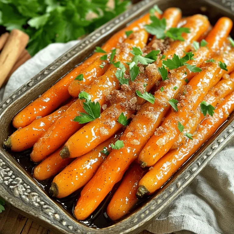 - 1 pound baby carrots (or 4 medium-sized regular carrots, sliced into uniform sticks or rounds) - 2 tablespoons unsalted butter - 3 tablespoons pure maple syrup - 1 tablespoon packed brown sugar - 1 teaspoon ground cinnamon - Salt and freshly cracked black pepper to taste - Fresh parsley, finely chopped, for garnish Each serving of maple glazed carrots has about 120 calories. You get roughly 30 grams of carbohydrates, with 15 grams of sugar. The dish has 4 grams of fat and 3 grams of fiber. These sweet carrots pack lots of flavor without too many calories, making them a great side. You might want to switch up ingredients for different diets. For a vegan option, use plant-based butter. If you want to lower sugar, try agave syrup or honey. Each choice can change the taste, but they all work well. To start, wash your carrots well. If you have baby carrots, just rinse them under cold water. For regular carrots, peel them first. Slice them into uniform sticks or rounds. This helps them cook evenly. Aim for pieces about the same size. This step is key for a great dish. Now, let’s cook! Heat a large skillet over medium heat. Add the unsalted butter and let it melt completely. Swirl the pan gently to coat the bottom. Once the butter is bubbly, add your prepared carrots. Sauté them for about 5 minutes. Stir occasionally to get even cooking. You want the carrots to start softening but not fully cooked yet. Next, sprinkle brown sugar and ground cinnamon over the carrots. Mix everything well so each carrot gets coated. This adds a sweet and warm flavor. Now, drizzle the pure maple syrup over the carrots. Cook for another 5-7 minutes, stirring often. This allows the glaze to thicken and the carrots to become tender. When your carrots are tender, season them with salt and black pepper to taste. Give everything one last gentle toss to combine. Carefully remove the skillet from the heat. Transfer the glazed carrots to a serving dish. Make sure to drizzle any leftover syrup from the skillet over the top. To add a finishing touch, garnish with finely chopped fresh parsley. This not only adds color but also a fresh taste. Serve your sweet maple glazed carrots warm. They look great on the plate and taste even better. You can find the complete recipe in the [Full Recipe]. To enhance the sweetness and aroma of your maple glazed carrots, always use pure maple syrup. This syrup has a rich taste that makes your dish shine. Combine it with a bit of brown sugar and cinnamon. This mix adds depth and warmth to the carrots. You can also try adding a pinch of nutmeg for extra flavor. This small tweak can make a big difference. For best results, use a large, heavy skillet. A cast-iron or non-stick pan works well. These types of pans heat evenly and help the carrots cook perfectly. If you have a sauté pan with high sides, that’s great too. This design keeps the glaze in the pan and helps it thicken faster. Maple glazed carrots pair well with many meals. They are a perfect side for roasted chicken or pork. You can also serve them with grilled fish for a fresh taste. If you want a vegetarian option, try them with quinoa or lentils. They add a sweet touch that balances savory dishes. For a festive look, serve them alongside other colorful veggies. For the full recipe, check out the Sweet Maple Glazed Carrots recipe above! {{image_4}} You can make your maple glazed carrots even better by adding other veggies. Try using baby potatoes, parsnips, or sweet potatoes. Cut them into similar sizes as the carrots for even cooking. This mix adds more color and flavor to your dish. When you add more vegetables, adjust the cooking time to ensure everything cooks well. Want to change the flavor? You can add herbs or spices to make your dish unique. Try adding fresh thyme or rosemary for an earthy taste. A pinch of nutmeg can also give a warm hint. If you like heat, sprinkle in some red pepper flakes. Mix and match these additions to find what you enjoy most. If you want to try different sweeteners, you have options! Honey works well and gives a floral note. Brown sugar adds a deeper flavor. Agave syrup is also a great choice for a lighter sweetness. Each sweetener will change the taste, so feel free to experiment with what you have on hand. For the full recipe, check the earlier section. To keep your maple glazed carrots fresh, store them in an airtight container. This helps prevent moisture loss and keeps them tasty. Place the cooled carrots in the container and seal tightly. You can keep them in the fridge for up to four days. If you want to enjoy them later, consider the next steps. When you are ready to eat the leftovers, you want to reheat them gently. The best way is to use a skillet. Heat the skillet over low heat. Add a splash of water or broth to help steam the carrots. Stir them often until they are warmed through. This method helps keep the carrots soft and the glaze flavorful. Avoid using a microwave, as it can make them mushy. If you want to store your maple glazed carrots for a long time, freezing is a good option. First, let them cool completely. Then, place the carrots in a freezer-safe bag or container. Remove as much air as possible to prevent freezer burn. They can last up to three months in the freezer. To use them, thaw in the fridge overnight before reheating. To make maple glazed carrots vegan, swap the butter for a plant-based oil or vegan butter. You can use coconut oil for a hint of tropical flavor. This keeps the dish rich and tasty while staying true to vegan standards. Remember to check the maple syrup as well; most brands are naturally vegan. Yes, you can use frozen carrots. They are convenient and can save time. However, frozen carrots may have a different texture than fresh ones. Thaw them first and drain excess water. Sauté them for a bit longer to ensure they cook through. Fresh carrots bring more crunch and flavor, but frozen can still work well in a pinch. To ensure your glazed carrots are tender, cook them over medium heat. Start with 5 minutes of sautéing before adding the glaze. After adding the maple syrup, cook for another 5-7 minutes. Stir often to coat them evenly. The key is to keep an eye on them and test for tenderness with a fork. Aim for a soft texture without losing their shape. This post covered how to make delicious maple glazed carrots. We discussed the key ingredients and their nutritional value. You learned tips for cooking and how to enhance flavors. I also shared ideas for variations and how to store your leftovers properly. Making these carrots is easy and fun. With simple swaps, you can adjust for dietary needs. Enjoy this dish as a side or experiment with different flavors. Happy cooking!