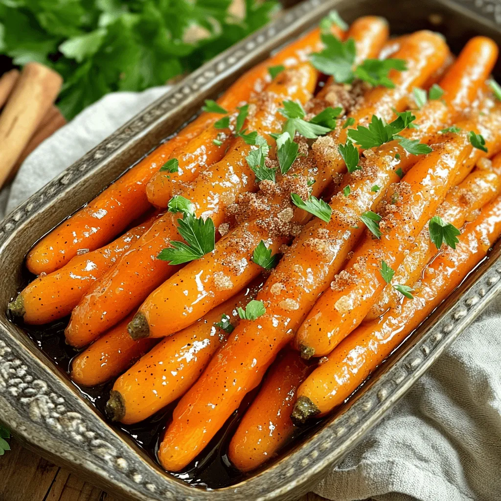 - 1 pound baby carrots (or 4 medium-sized regular carrots, sliced into uniform sticks or rounds) - 2 tablespoons unsalted butter - 3 tablespoons pure maple syrup - 1 tablespoon packed brown sugar - 1 teaspoon ground cinnamon - Salt and freshly cracked black pepper to taste - Fresh parsley, finely chopped, for garnish Each serving of maple glazed carrots has about 120 calories. You get roughly 30 grams of carbohydrates, with 15 grams of sugar. The dish has 4 grams of fat and 3 grams of fiber. These sweet carrots pack lots of flavor without too many calories, making them a great side. You might want to switch up ingredients for different diets. For a vegan option, use plant-based butter. If you want to lower sugar, try agave syrup or honey. Each choice can change the taste, but they all work well. To start, wash your carrots well. If you have baby carrots, just rinse them under cold water. For regular carrots, peel them first. Slice them into uniform sticks or rounds. This helps them cook evenly. Aim for pieces about the same size. This step is key for a great dish. Now, let’s cook! Heat a large skillet over medium heat. Add the unsalted butter and let it melt completely. Swirl the pan gently to coat the bottom. Once the butter is bubbly, add your prepared carrots. Sauté them for about 5 minutes. Stir occasionally to get even cooking. You want the carrots to start softening but not fully cooked yet. Next, sprinkle brown sugar and ground cinnamon over the carrots. Mix everything well so each carrot gets coated. This adds a sweet and warm flavor. Now, drizzle the pure maple syrup over the carrots. Cook for another 5-7 minutes, stirring often. This allows the glaze to thicken and the carrots to become tender. When your carrots are tender, season them with salt and black pepper to taste. Give everything one last gentle toss to combine. Carefully remove the skillet from the heat. Transfer the glazed carrots to a serving dish. Make sure to drizzle any leftover syrup from the skillet over the top. To add a finishing touch, garnish with finely chopped fresh parsley. This not only adds color but also a fresh taste. Serve your sweet maple glazed carrots warm. They look great on the plate and taste even better. You can find the complete recipe in the [Full Recipe]. To enhance the sweetness and aroma of your maple glazed carrots, always use pure maple syrup. This syrup has a rich taste that makes your dish shine. Combine it with a bit of brown sugar and cinnamon. This mix adds depth and warmth to the carrots. You can also try adding a pinch of nutmeg for extra flavor. This small tweak can make a big difference. For best results, use a large, heavy skillet. A cast-iron or non-stick pan works well. These types of pans heat evenly and help the carrots cook perfectly. If you have a sauté pan with high sides, that’s great too. This design keeps the glaze in the pan and helps it thicken faster. Maple glazed carrots pair well with many meals. They are a perfect side for roasted chicken or pork. You can also serve them with grilled fish for a fresh taste. If you want a vegetarian option, try them with quinoa or lentils. They add a sweet touch that balances savory dishes. For a festive look, serve them alongside other colorful veggies. For the full recipe, check out the Sweet Maple Glazed Carrots recipe above! {{image_4}} You can make your maple glazed carrots even better by adding other veggies. Try using baby potatoes, parsnips, or sweet potatoes. Cut them into similar sizes as the carrots for even cooking. This mix adds more color and flavor to your dish. When you add more vegetables, adjust the cooking time to ensure everything cooks well. Want to change the flavor? You can add herbs or spices to make your dish unique. Try adding fresh thyme or rosemary for an earthy taste. A pinch of nutmeg can also give a warm hint. If you like heat, sprinkle in some red pepper flakes. Mix and match these additions to find what you enjoy most. If you want to try different sweeteners, you have options! Honey works well and gives a floral note. Brown sugar adds a deeper flavor. Agave syrup is also a great choice for a lighter sweetness. Each sweetener will change the taste, so feel free to experiment with what you have on hand. For the full recipe, check the earlier section. To keep your maple glazed carrots fresh, store them in an airtight container. This helps prevent moisture loss and keeps them tasty. Place the cooled carrots in the container and seal tightly. You can keep them in the fridge for up to four days. If you want to enjoy them later, consider the next steps. When you are ready to eat the leftovers, you want to reheat them gently. The best way is to use a skillet. Heat the skillet over low heat. Add a splash of water or broth to help steam the carrots. Stir them often until they are warmed through. This method helps keep the carrots soft and the glaze flavorful. Avoid using a microwave, as it can make them mushy. If you want to store your maple glazed carrots for a long time, freezing is a good option. First, let them cool completely. Then, place the carrots in a freezer-safe bag or container. Remove as much air as possible to prevent freezer burn. They can last up to three months in the freezer. To use them, thaw in the fridge overnight before reheating. To make maple glazed carrots vegan, swap the butter for a plant-based oil or vegan butter. You can use coconut oil for a hint of tropical flavor. This keeps the dish rich and tasty while staying true to vegan standards. Remember to check the maple syrup as well; most brands are naturally vegan. Yes, you can use frozen carrots. They are convenient and can save time. However, frozen carrots may have a different texture than fresh ones. Thaw them first and drain excess water. Sauté them for a bit longer to ensure they cook through. Fresh carrots bring more crunch and flavor, but frozen can still work well in a pinch. To ensure your glazed carrots are tender, cook them over medium heat. Start with 5 minutes of sautéing before adding the glaze. After adding the maple syrup, cook for another 5-7 minutes. Stir often to coat them evenly. The key is to keep an eye on them and test for tenderness with a fork. Aim for a soft texture without losing their shape. This post covered how to make delicious maple glazed carrots. We discussed the key ingredients and their nutritional value. You learned tips for cooking and how to enhance flavors. I also shared ideas for variations and how to store your leftovers properly. Making these carrots is easy and fun. With simple swaps, you can adjust for dietary needs. Enjoy this dish as a side or experiment with different flavors. Happy cooking!