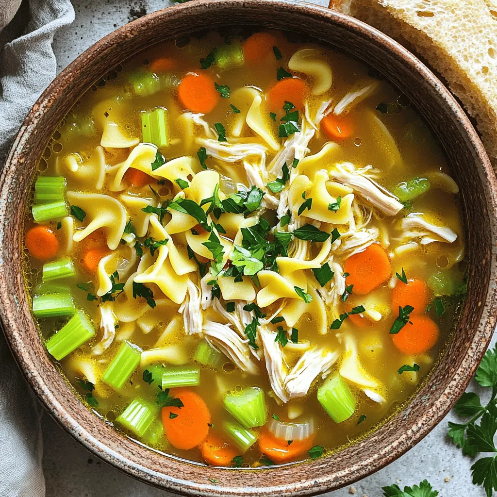 For a hearty chicken noodle soup, gather these key items: - 2 tablespoons of olive oil - 1 medium onion, finely diced - 2 medium carrots, thinly sliced - 2 celery stalks, thinly sliced - 3 cloves of garlic, minced - 1 teaspoon dried thyme - 1 teaspoon dried rosemary - 6 cups chicken broth (preferably low-sodium) - 2 cups cooked chicken, shredded (store-bought rotisserie chicken is ideal) - 1 cup egg noodles - 1 cup frozen peas - Salt and freshly ground black pepper, to taste - Fresh parsley, chopped (for garnish) These ingredients make the base of your soup rich and flavorful. The chicken broth adds depth, while the veggies bring in freshness and crunch. If you want to take your soup up a notch, consider adding: - A squeeze of lemon juice for brightness - Bay leaves for extra aroma - A pinch of red pepper flakes for heat - Corn for a sweet twist These options let you customize your soup to your own taste. I love adding a squeeze of lemon. It brightens the flavors and makes the soup feel fresh. You can easily adjust this recipe for different diets: - Use vegetable broth instead of chicken broth for a vegetarian option. - Swap egg noodles for gluten-free noodles to make it gluten-free. - Replace chicken with tofu or chickpeas for a plant-based option. These substitutions help everyone enjoy a bowl of comfort. You still get that warm feeling, no matter your diet. If you want the full recipe, check out the Cozy Chicken Noodle Soup section. Start by adding olive oil to a large pot. Heat it over medium heat. Once hot, add diced onion, sliced carrots, and sliced celery. Sauté these veggies for about 5 minutes. Stir them often. You want the onions to be clear and the carrots to soften. Next, add minced garlic, dried thyme, and dried rosemary. Cook for one more minute. This step makes your kitchen smell great! Now, it’s time to add the chicken broth. Carefully pour it into the pot. Stir well and bring it to a boil. Once it bubbles, lower the heat to a gentle simmer. Add shredded chicken and egg noodles to the pot. Let everything cook for about 7 to 8 minutes. The noodles should be tender and ready to eat. After the noodles are cooked, fold in the frozen peas. Let the soup simmer for another 2 minutes. This heats the peas nicely. Now, taste your soup! Add salt and black pepper as needed. It should be full of flavor. When serving, ladle the soup into warm bowls. Sprinkle fresh parsley on top for a lovely finish. Enjoy your cozy chicken noodle soup! For the complete recipe, check out the Full Recipe. To make your chicken noodle soup just right, start with good broth. Use low-sodium chicken broth for a cleaner taste. If you prefer homemade, simmer chicken bones with veggies for hours. Next, cook your vegetables until soft but not mushy. Keep an eye on the noodles; they cook fast. You want them tender but not overcooked. Finally, taste your soup often. Adjust the seasoning as you go, and don’t forget the fresh parsley at the end! Many people rush the cooking process. Cooking too fast can ruin the flavors. Let your veggies soften before adding broth. Another mistake is using too much salt early. You can always add more later. Also, avoid using raw chicken in this recipe. It can make the soup tough and chewy. Always start with cooked chicken for a tender bite. Lastly, don’t forget to remove the soup from heat before adding peas. They just need a quick warm-up. Herbs and spices are your best friends in the kitchen. Thyme and rosemary are great in chicken soup. They add warmth and depth. You can also try adding bay leaves while it simmers. Just remember to remove them before serving. A splash of lemon juice at the end brightens the flavors. If you like heat, a pinch of red pepper flakes can work wonders. Experiment with flavors you enjoy, and make this soup your own. {{image_4}} You can make chicken noodle soup lighter and healthier. Use skinless chicken breast instead of dark meat. This change cuts fat and calories. You can also swap out regular noodles for whole grain or zucchini noodles. These options add fiber and nutrients. Use low-sodium broth to lower salt content. You can also add more herbs like basil or cilantro for flavor without extra calories. Noodles are the heart of your soup. While egg noodles are classic, you have options. Try whole wheat or rice noodles for a different taste. Gluten-free noodles work well too. You can even use spiralized vegetables like zucchini or sweet potatoes. They add a fun twist and extra nutrition. Just adjust cooking times based on the type of noodle you choose. Adding veggies boosts the nutrition of your soup. Carrots and celery are great, but don’t stop there. Consider adding spinach, kale, or green beans for more vitamins. Bell peppers and corn can add color and sweetness. For a heartier soup, try adding potatoes or mushrooms. Cut them into small pieces for quicker cooking. This way, you enhance flavor and health benefits in one delicious bowl. For the full recipe, check out Cozy Chicken Noodle Soup. To keep your chicken noodle soup fresh, let it cool first. Pour it into an airtight container. You can store it in the fridge for up to three days. If you want to keep it longer, freezing is your best option. When you’re ready to enjoy your soup, pour it into a pot. Heat it over medium heat. Stir often to prevent sticking. You can also use the microwave. Just use a microwave-safe bowl and heat it in short bursts. Stir in between until hot. Freezing your soup is simple. Use a freezer-safe container or bag. Leave some space at the top, as soup expands when frozen. Label it with the date. You can freeze it for up to three months. When you’re ready to eat, thaw it in the fridge overnight. Then reheat it as mentioned above. Enjoy your cozy chicken noodle soup anytime! For the full recipe, check the Cozy Chicken Noodle Soup section. Yes, you can use raw chicken. Start by cooking the raw chicken in the pot. Sauté it in olive oil until it's fully cooked. This may take about 10 minutes. Once it's cooked, remove it and shred it. Then, follow the recipe as usual. This method adds great flavor to your soup. The best broth is low-sodium chicken broth. It allows you to control the salt level. Homemade broth is also a great choice if you have time. It gives a deeper flavor. Store-bought options are quick and easy, too. You can store homemade chicken noodle soup for up to three days in the fridge. Keep it in an airtight container. If you want to keep it longer, freeze it. It can last for about three months in the freezer. Just remember to thaw it in the fridge before reheating. Chicken noodle soup is very good for you. It has protein, vitamins, and minerals. The broth helps keep you hydrated. The veggies add fiber and nutrients. This soup is often a go-to when you're feeling under the weather. To make this soup gluten-free, swap out the egg noodles. Use gluten-free noodles instead. Many brands offer great options. Always check the label to be sure they are gluten-free. This way, everyone can enjoy a warm bowl of soup! Homemade chicken noodle soup is simple and versatile. We discussed key ingredients, from essential to optional. You learned step-by-step how to prepare, cook, and plate your soup. Tips and tricks will help you avoid common mistakes and perfect your dish. Different variations let you customize for health and taste. Lastly, proper storage ensures your soup stays fresh. With these insights, you can create a warm bowl of comfort and nourish yourself and others. Enjoy the cooking journey!