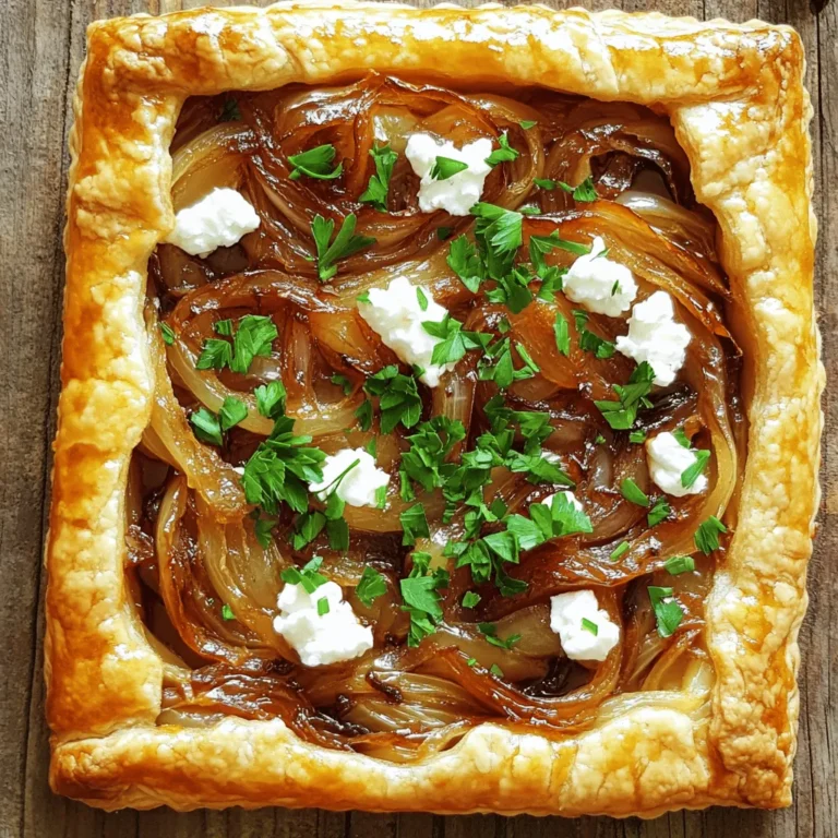 - 1 sheet of puff pastry, thawed - 3 large onions, thinly sliced - 2 tablespoons olive oil - 1 tablespoon balsamic vinegar - 1 teaspoon fresh thyme leaves (or ½ teaspoon dried thyme) - Salt and pepper to taste - 4 oz goat cheese, crumbled - 1 egg, beaten (for egg wash) When I make a caramelized onion and goat cheese tart, I focus on quality ingredients. Puff pastry gives the tart its flaky texture. Onions are the star, so I choose large, sweet ones for the best flavor. Olive oil helps caramelize the onions evenly, while balsamic vinegar adds depth. Fresh thyme brightens the dish beautifully. Goat cheese brings a creamy tang that pairs well with the sweet onions. An egg wash adds a golden finish. You can season the tart according to your taste with salt and pepper. - Fresh parsley For a fresh touch, I like to sprinkle chopped parsley on top. It adds color and a bit of brightness to the rich flavors. You can use this garnish to impress your guests or to add a homey feel when serving your family. - Preheat the oven: First, set your oven to 400°F (200°C). This makes sure it’s hot when your tart goes in. - Sauté the onions: In a large skillet, heat 2 tablespoons of olive oil on medium heat. Add 3 large onions, thinly sliced, along with a pinch of salt. Stir them well to coat in oil. - Caramelize the onions: Cook the onions for about 15-20 minutes. Stir them often to keep them from burning. You want them soft and a rich golden-brown. - Add flavorings: Stir in 1 tablespoon of balsamic vinegar and 1 teaspoon of fresh thyme leaves. Cook for 3-5 minutes to mix the flavors. Adjust with salt and pepper if needed. - Prepare the pastry: Roll out 1 sheet of thawed puff pastry on a lightly floured surface. This gets rid of creases and makes it even. - Score the edges: With a sharp knife, lightly score a border about 1 inch from the edge. Don’t cut all the way through; this helps the edges rise. - Assemble and add goat cheese: Spoon the caramelized onion mix into the center, staying within the scored border. Evenly sprinkle 4 oz of crumbled goat cheese on top. - Egg wash the edges: Use a pastry brush to coat the exposed edges with 1 beaten egg. This gives the tart a golden color. - Bake the tart: Place the baking sheet in the oven and bake for 25-30 minutes. Look for puffed pastry and a golden-brown crust. - Cool and garnish: Once done, take the tart out and let it cool for a few minutes. Before serving, sprinkle fresh parsley on top for color and flavor. For the full recipe, including the ingredients list, check out the details in the main article. To get great caramelized onions, stir them often. This keeps them from burning. Aim for a medium heat. Too high, and they will cook too fast. You want slow cooking for the best flavor. This takes about 15 to 20 minutes for a rich, golden-brown color. To avoid a soggy crust, use a baking sheet lined with parchment paper. This helps absorb moisture. Score the edges of the pastry lightly before baking. This creates a nice, raised border. Bake at the right temperature to ensure even cooking. Herbs make a big difference in flavor. Try fresh thyme or rosemary for a lovely touch. Use balsamic vinegar to balance the sweetness of the onions. This adds a nice tang and depth to the dish. For more zing, mix in a splash of lemon juice before serving. These tips will elevate your tart and impress your guests. For the full recipe, check out the details above! {{image_4}} You can change the cheese in this tart. If you don’t like goat cheese, try cream cheese or feta. These also offer great flavor. Mixing cheeses can add depth. Try using a blend of mozzarella and cheddar for a creamy texture. Just remember, each cheese melts differently, so adjust your baking time if needed. You can add more veggies to your tart. Spinach, mushrooms, or bell peppers work well. Each brings a new taste and color. Seasonal veggies are a fun twist too. Use zucchini in summer and butternut squash in fall. This keeps your dish fresh and exciting. Pair your tart with a salad for a light meal. A simple green salad with lemon dressing complements the rich flavors. You can also serve the tart as an appetizer. Cut it into small squares for easy sharing. If you want it as a main dish, serve with roasted veggies or a side of quinoa. To store leftovers, let the tart cool first. Place it in an airtight container. This helps keep it fresh. I recommend using a glass or plastic container with a tight lid. You can also wrap it in plastic wrap for extra protection. You can freeze the tart if you want to save it for later. First, let it cool completely. Wrap it tightly in plastic wrap, followed by aluminum foil. This will keep out air and prevent freezer burn. To thaw, move it to the fridge overnight. When ready to eat, reheat it in the oven at 350°F (175°C) until hot. The tart is best eaten within three days in the fridge. After that, it may lose flavor and texture. Look for signs of spoilage, such as an off smell or visible mold. If you notice these, it's best to toss it. To make a caramelized onion and goat cheese tart, you start with puff pastry. First, preheat your oven to 400°F (200°C). Then, sauté thinly sliced onions in olive oil until they are soft and golden brown. This usually takes about 15-20 minutes. Next, add balsamic vinegar and fresh thyme to the onions. Stir and let them cook for a few more minutes. Roll out the puff pastry and place it on a baking sheet. Spoon the onion mixture onto the pastry and sprinkle crumbled goat cheese on top. Finally, brush the edges with beaten egg and bake for 25-30 minutes until golden. You can find the full recipe for detailed steps. Yes, you can make this recipe ahead of time. You can prepare the caramelized onions and store them in the fridge. Just assemble the tart right before baking. This way, you can enjoy fresh, hot tart with minimal effort. If you want to substitute goat cheese, try cream cheese or feta. Both cheeses have a similar creamy texture. You can also use ricotta for a milder flavor. Choose what you like best! Caramelizing onions takes about 15-20 minutes. Stir them often to prevent burning. The goal is to achieve a rich, golden color and sweet flavor. Yes, you can use different types of pastry. Puff pastry works best, but you can also try pie crust or phyllo dough. Each will give a unique texture. No, this tart is not gluten-free as it uses puff pastry. You can find gluten-free pastry options in stores. Just check the labels to make sure. You can buy pre-made caramelized onion tarts at gourmet grocery stores or bakeries. Many frozen food sections also carry them. Check your local shops for options. In this post, I guided you through making a caramelized onion and goat cheese tart. You learned about the key ingredients, preparation, baking, and variations. I also shared tips for perfect results and how to store leftovers. Now, it’s time to enjoy this tasty treat! Whether you serve it as an appetizer or meal, this tart is sure to please. Experiment with your favorite flavors and make it your own. Happy cooking!
