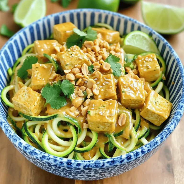- 2 medium zucchinis, spiralized into noodles - 1 cup firm tofu, pressed and cubed - 2 tablespoons creamy peanut butter - 2 tablespoons soy sauce (or tamari) - 1 tablespoon tamarind paste - 1 tablespoon coconut sugar - 2 green onions, finely sliced - 1/4 cup fresh bean sprouts - 2 cloves garlic, minced - 1 tablespoon sesame oil - Crushed peanuts - Lime wedges - Fresh cilantro Gather these ingredients for a fresh twist on traditional Pad Thai. The zucchini noodles offer a light and crunchy base. The firm tofu adds protein and richness. Creamy peanut butter brings a nutty flavor that pairs well with the soy sauce and tamarind paste. Coconut sugar adds a hint of sweetness, balancing the dish perfectly. The green onions and bean sprouts provide a fresh crunch. Garlic infuses the oil with a fragrant aroma. Finally, sesame oil adds depth to the flavor profile. When you serve the dish, sprinkle crushed peanuts on top. The lime wedges add brightness, while fresh cilantro gives a burst of flavor. This combination of ingredients makes the Zucchini Noodle Pad Thai a delightful meal that feels both light and satisfying. For the full recipe, check out the detailed instructions. - Heat sesame oil in a skillet. - Cook tofu until golden brown. - Set aside the cooked tofu. To start, I heat one tablespoon of sesame oil in a skillet over medium heat. Once the oil is hot, I add the cubed tofu. I cook the tofu until golden brown, about 5 to 7 minutes. I turn it occasionally to ensure even cooking. When it looks crispy, I take it out and set it aside on a plate. This gives the tofu a nice texture that complements the dish. - Combine peanut butter, soy sauce, lime juice, tamarind paste, and coconut sugar. - Whisk until smooth and creamy. - Adjust seasoning to taste. Next, I prepare the sauce. In a small bowl, I mix peanut butter, soy sauce, lime juice, tamarind paste, and coconut sugar. I whisk these ingredients together until I get a smooth and creamy mix. I taste the sauce and tweak it as needed. If I want more saltiness, I add soy sauce. For extra tang, I add more lime juice. - Sauté minced garlic until fragrant. - Add zucchini noodles to skillet. - Cook until slightly softened. Now, I move on to the zucchini noodles. With the skillet still on medium heat, I add minced garlic to the remaining oil. I sauté the garlic for about 30 seconds, stirring so it doesn't burn. Then, I add the spiralized zucchini noodles to the skillet. I cook them for about 2 to 3 minutes, tossing them gently. I want them to soften a bit but still keep a nice crunch. - Return tofu to the skillet. - Pour sauce over the mixture. - Toss everything to coat and heat through. Once the zucchini noodles are ready, I return the golden tofu to the skillet. I pour the prepared sauce over everything. Next, I gently toss the mixture to coat it well. I let it cook for another minute or two. This step helps the noodles and tofu absorb all the delicious flavors. - Stir in green onions and bean sprouts. - Cook for an additional minute. After that, I mix in sliced green onions and fresh bean sprouts. I cook everything for another minute. This keeps the veggies fresh and adds a nice crunch to the dish. - Divide the Zucchini Noodle Pad Thai among plates. - Garnish with peanuts, cilantro, and lime wedges. Finally, I divide the Zucchini Noodle Pad Thai among plates. I like to garnish it with crushed peanuts, fresh cilantro, and lime wedges. The lime adds a zesty kick that brightens the dish. For the full recipe, check out the complete list of ingredients and instructions. - Select firm, fresh zucchinis. - Look for smooth skin without blemishes. - Plan to use them within a few days for best texture. - Press tofu well to remove moisture. - Wrap tofu in a towel and place a weight on it. - Consider marinating tofu for extra flavor. - Use soy sauce, garlic, and ginger for a tasty marinade. - Experiment with different nut butters. - Almond butter or sunflower seed butter can add unique flavors. - Adjust sweetness to personal preference. - Add more coconut sugar for sweetness or lime juice for tang. These tips will help you create a vibrant and tasty Zucchini Noodle Pad Thai. For the complete recipe, check out the Full Recipe section. {{image_4}} You can easily change the protein in this dish. If you don't want tofu, try shrimp or chicken. Both add a nice flavor and texture. For a vegetarian option, chickpeas work great. They bring protein and a hearty bite to the meal. Want more flavor? Add sliced bell peppers or carrots to the mix. They give the dish a nice crunch and bright color. You can also add fresh herbs like basil or mint. These herbs add a fresh taste that elevates the dish. If you want to make this dish vegan, check all your ingredients. Make sure they are certified vegan. If your recipe uses honey, swap it for maple syrup. This keeps it sweet but plant-based. For the full recipe, check out the complete details. After making Zucchini Noodle Pad Thai, store any leftovers in an airtight container. This will keep them fresh and flavorful. It’s best to eat the dish within 2-3 days. After that, the zucchini may lose its crunch. I recommend avoiding freezing this dish. Zucchini can turn mushy when thawed. If you must freeze, keep the sauce separate. You can freeze the sauce for up to a month. Just thaw it in the fridge before using. To reheat, use a non-stick skillet over low heat. This helps maintain the texture. Add a splash of water to restore moisture. Stir gently to combine everything well. This way, your Zucchini Noodle Pad Thai stays delicious! To spiralize zucchini, use a spiralizer. You can also use a vegetable peeler. Just run the peeler along the zucchini to create thin strips. This gives you the noodle shape you need for the dish. Yes, you can prepare it ahead. Store the ingredients separately to keep them fresh. This way, the noodles stay crunchy and the flavors stay bright when you are ready to serve. Yes, if you use tamari instead of soy sauce, it is gluten-free. Tamari has a similar flavor but does not contain gluten. This makes it a great choice for those with dietary restrictions. To add spice, include red pepper flakes or sriracha in the sauce. You can start with a small amount and increase it to suit your taste. This lets you control the heat level. If you don’t have tamarind paste, lime juice works well. Rice vinegar is another good option. Both will give a different flavor but still add the tangy taste you want in this dish. For the full recipe, check out the complete instructions! This article shared a simple Zucchini Noodle Pad Thai recipe. You learned about the main ingredients, like zucchini and tofu, plus how to prepare and serve the dish. I also provided tips on ingredient choices and variations to boost flavor. Now, you can create a tasty meal that fits your choices. Whether you prefer tofu, shrimp, or chickpeas, feel free to customize it. Enjoy making this healthy dish for friends or family!