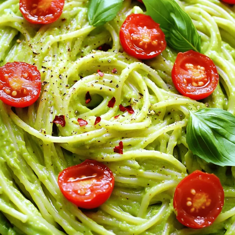 - 2 ripe avocados - 12 oz spaghetti or preferred pasta shape - 2 cloves garlic - 1/4 cup fresh basil leaves - 1 tablespoon lemon juice - 1/4 cup extra virgin olive oil - Sea salt and black pepper to taste - 1/4 cup grated Parmesan cheese - Handful of cherry tomatoes - Red pepper flakes In this creamy avocado pasta recipe, the main ingredients shine. Start with two ripe avocados. They give the dish its rich and creamy base. The spaghetti, or your favorite pasta, serves as the perfect canvas. I also use two cloves of garlic to add depth. Fresh basil leaves bring a bright note to the mix. For the sauce, lemon juice adds a zesty touch. Extra virgin olive oil makes everything silky. Don't forget to season with sea salt and black pepper to taste. If you want to elevate the dish, consider adding optional ingredients. Parmesan cheese adds a savory layer of flavor. Cherry tomatoes can offer a fresh burst of sweetness. A pinch of red pepper flakes will give it a nice kick. This recipe is both simple and delicious. You can find the full recipe [here](#). First, fill a large pot with water. Add a good amount of salt. Bring the water to a rolling boil. Once it boils, add the spaghetti. Cook it until it’s al dente, which usually takes about 8 to 10 minutes. Don't forget to check the package for exact times. After cooking, drain the pasta. Make sure to save about half a cup of the starchy water for later. Set the pasta aside. While the pasta cooks, it’s time to make the sauce. Grab a food processor. Add the ripe avocado flesh, minced garlic, lemon juice, basil, and olive oil. Blend everything together until it’s smooth and creamy. If your sauce looks too thick, don’t worry. Just add a bit of the reserved pasta water. Blend again until you reach your desired consistency. Now that the pasta is ready, return it to the pot. Keep the heat low. Pour the creamy avocado sauce over the warm pasta. Gently toss everything together. Make sure every strand of spaghetti gets coated in the sauce. To make your creamy avocado pasta shine, use ripe avocados. Ripe avocados blend smoothly and offer a rich texture. They should feel soft but not mushy. Next, gradually add pasta water when blending your sauce. This step helps to reach your desired creaminess. Start with a little, then add more as needed. Salt and pepper play a key role in flavor. Always taste before serving. If it feels bland, add more salt or pepper. You can also adjust with Parmesan cheese. This cheese adds a savory note and enhances the dish's richness. If you prefer a vegetarian option, skip the cheese and rely on the avocados for flavor. First impressions matter, especially in food. Garnish with cherry tomatoes for a pop of color. Their sweetness pairs well with the creamy sauce. Next, sprinkle some red pepper flakes for heat. This touch not only looks good but adds a nice kick. Remember, we eat with our eyes first, so make it beautiful! {{image_4}} If you want a gluten-free dish, you can swap regular pasta for gluten-free options. Look for pasta made from brown rice, quinoa, or lentils. These types work well and keep the same great taste. Cook them according to the package directions. This way, everyone can enjoy this creamy avocado pasta. To make this dish vegan, skip the Parmesan cheese. Instead, you can add nutritional yeast. It gives a cheesy flavor without the dairy. Just mix in about 1/4 cup of nutritional yeast into the avocado sauce. This keeps your dish creamy and rich while staying plant-based. You can boost protein by adding grilled chicken or shrimp. Cook the proteins separately until done. Then, slice the chicken or toss the shrimp in with the pasta. The added protein makes this dish heartier and more filling. It’s a great way to turn a light meal into a satisfying feast. For the full recipe, check out the Creamy Avocado Pasta Delight. After making creamy avocado pasta, you may want to save some for later. Store any leftovers in airtight containers. This keeps the pasta fresh and avoids any unwanted odors. Place it in the fridge within two hours of cooking. Enjoy the leftovers within three days for the best taste. If you want to freeze the sauce, that's an option too. To do this, pour the creamy avocado sauce into freezer-safe bags or containers. Make sure to remove as much air as possible to prevent freezer burn. The sauce will stay fresh for about three months. When you’re ready to use it, thaw it in the fridge overnight. When it's time to enjoy your leftovers, reheating is key. The best way to reheat creamy avocado pasta is on the stove. Place the pasta in a pan over low heat. Add a splash of water or olive oil to help loosen the sauce. Stir gently until warm. Avoid the microwave if you can, as it can make the sauce grainy. Enjoy your meal! For the full recipe of creamy avocado pasta, check the earlier section. Yes, you can use frozen avocado. Frozen avocado is convenient and often cheaper. It may not have the same taste as fresh, but it still works well. Just thaw the avocado before blending. This way, you get a creamy sauce without waiting for ripe avocados. If you want a dairy-free option, try nutritional yeast. It adds a cheesy flavor without dairy. You can also use a vegan cheese blend. These substitutes keep the dish tasty while catering to different diets. Feel free to experiment with flavors until you find what you love. Creamy avocado pasta stays fresh for about 2 days in the fridge. Store it in an airtight container. To prevent browning, cover the pasta tightly. If you notice any changes in color or smell, it’s best to toss it. Enjoy your leftovers quickly for the best taste! This recipe combines ripe avocados, pasta, and garlic for a creamy dish. You can adjust ingredients to fit your taste. Adding cheese or protein can enhance flavors. Don't forget to store leftovers properly to enjoy later. Cooking can be fun and simple. Now it's your turn to make this delicious pasta! Enjoy every bite.