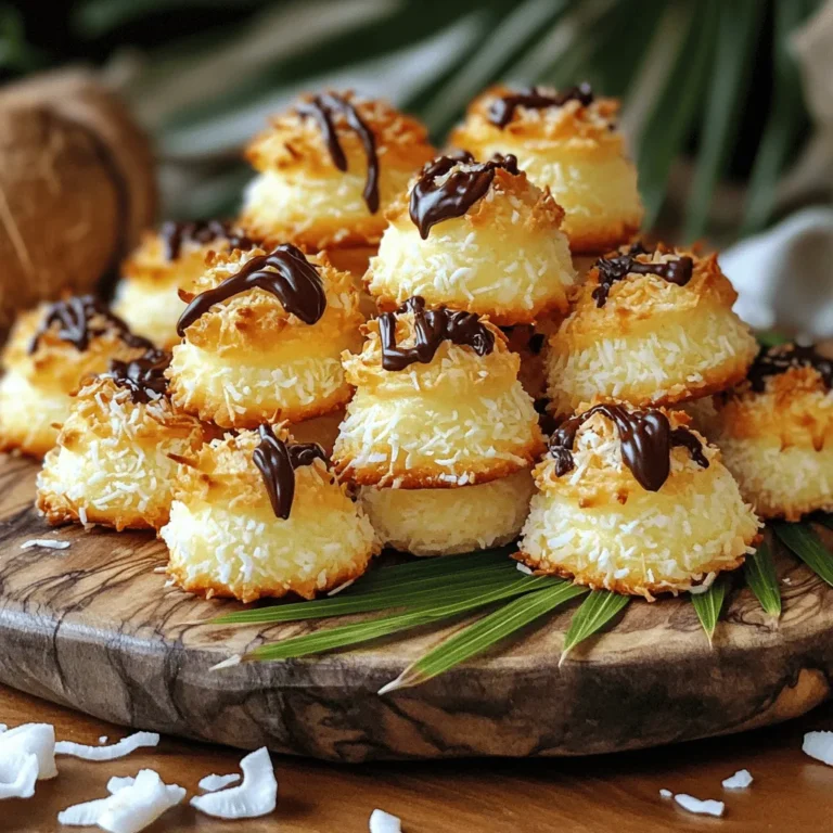 - 3 cups unsweetened shredded coconut - 1/2 cup sweetened condensed milk - 2 large egg whites - 1/4 teaspoon vanilla extract - 1/4 teaspoon almond extract - Pinch of salt - 1/2 cup dark chocolate chips (optional) These ingredients create the base for your coconut macaroons. The unsweetened shredded coconut gives it that chewy texture. Sweetened condensed milk adds creaminess and sweetness, making each bite delightful. The egg whites are crucial for lightness and fluffiness. The extracts bring in a lovely depth of flavor. If you want to add a twist, dark chocolate chips can add a rich touch. - Gluten-free options: This recipe is naturally gluten-free, perfect for those with gluten issues. - Nut-free alternatives: You can enjoy these macaroons without nuts, making them safe for nut allergies. - Vegan substitutions: For a vegan version, try using aquafaba instead of egg whites and a plant-based condensed milk. These options help everyone enjoy this treat. Whether you have dietary needs or just want to try something new, there’s a way for you to make these coconut macaroons. You can find the full recipe above to get started! Start by preheating your oven to 325°F (160°C). This step is key to baking your macaroons evenly. While the oven heats, line a baking sheet with parchment paper. This helps prevent sticking and makes cleaning up easier later. In a large mixing bowl, combine 3 cups of unsweetened shredded coconut and 1/2 cup of sweetened condensed milk. Add 1/4 teaspoon of vanilla extract, 1/4 teaspoon of almond extract, and a pinch of salt. Stir well until everything is mixed together nicely. Now, in a separate bowl, take 2 large egg whites and whip them until they form stiff peaks. This is an important step because it gives your macaroons a light and airy texture. Next, gently fold the whipped egg whites into the coconut mixture. Use a spatula and be careful not to stir too hard. You want to keep the air in the egg whites. Fold until the egg whites are just mixed in; some lumps are okay. Using a tablespoon or a small cookie scoop, portion out the mixture onto the prepared baking sheet. Make sure to space each mound about 2 inches apart. This allows them to spread a bit while baking. Now, place the baking sheet in your preheated oven. Bake the macaroons for about 20 to 25 minutes. You want them to turn a lovely golden brown. Once done, take the tray out and let the macaroons cool for about 5 minutes on the sheet. This helps them firm up. After that, transfer them to a wire rack to cool completely. For those who love chocolate, you can melt some dark chocolate chips and dip the bottoms of each macaroon. Let the chocolate set on the parchment paper. Enjoy these delightful treats from the full recipe! To make great coconut macaroons, focus on the egg whites. Whipping them correctly is key. Use a clean bowl and beaters. Beat until stiff peaks form. This step adds lightness to the macaroons. Avoid overmixing when you fold them into the coconut mix. Gently combine the ingredients. Some lumps are okay. A light touch keeps the texture airy and nice. You can boost the flavor of your macaroons in fun ways. Try adding a pinch of cinnamon or nutmeg for warmth. These spices bring depth and richness. Another idea is to add citrus zest. Lemon or lime zest gives a fresh twist. Just a small amount can make a big difference in taste. How you serve your macaroons can impress your guests. Place them on a decorative platter to catch the eye. You can garnish with shredded coconut or fresh fruit. This adds color and flair. Arrange them in clusters for an inviting look. These small touches make your dessert stand out and look professional. For the full recipe, check out the Tropical Coconut Macaroons section. {{image_4}} You can make your macaroons even better by adding chocolate. Start by melting dark chocolate chips. Use a microwave-safe bowl. Heat in 30-second bursts, stirring after each. This helps prevent burning. Alternatively, you can use a double boiler for even heating. Once the chocolate is melted, dip the bottom of each macaroon in it. Make sure to coat it well. Place the dipped macaroons back on the parchment paper. Let the chocolate harden before serving. This adds a rich flavor that complements the coconut. Want to add some nuts? Almonds and pecans work great. Simply chop them finely and mix them in with the coconut. This adds a nice crunch to the soft macaroons. If you have nut allergies, you can skip the nuts. The recipe still tastes great without them. You can also use seeds like sunflower or pumpkin for a similar texture. Always be cautious and adjust based on your needs. There are endless flavor combinations for your macaroons. One tasty option is coconut-lime. Just add lime zest and a bit of lime juice to the coconut mixture. This gives a fresh twist. Another option is vanilla bean macaroons. Instead of vanilla extract, use the seeds from a vanilla bean. This adds a lovely fragrance and flavor. You can also mix in spices like cinnamon for a warm touch. Each variation brings a new taste to your delightful tropical treats. For the complete recipe, refer to the [Full Recipe]. Store your coconut macaroons at room temperature for the best taste. Keep them in a cool, dry place. Use an airtight container to keep them fresh. This helps avoid moisture and keeps them soft. If you live in a warm climate, consider refrigerating them. The cold can help them last longer. However, be aware that refrigeration may change their texture slightly. To freeze macaroons, let them cool completely first. Once cooled, place them in a single layer on a baking sheet. Freeze for about one hour. This step prevents them from sticking together. After they are firm, transfer them to a freezer-safe bag or container. When you want to enjoy a macaroon, take it out of the freezer. Let it thaw in the fridge overnight. For a quick thaw, leave it at room temperature for a few hours. Coconut macaroons can last up to one week at room temperature. If stored in the fridge, they can last for about two weeks. Check for signs of spoilage before eating. Look for changes in texture, color, or a sour smell. If you see any of these, it’s best to toss them out. Yes, you can make coconut macaroons without egg whites. Instead, use ground flaxseed or chia seeds mixed with water. This mixture acts as a binder. For every egg white, mix 1 tablespoon of ground flaxseed or chia seeds with 2.5 tablespoons of water. Let it sit for about 10 minutes to thicken. This will give your macaroons a nice texture while keeping them egg-free. To keep your macaroons from falling apart, mix the ingredients gently. Overmixing can cause them to break. When you fold in the egg whites, do it slowly and carefully. This helps maintain air and keeps the macaroons light. Make sure to space them well on the baking sheet. This allows them to bake evenly. A good tip is to form them tightly with your hands. This will help them hold their shape during baking. Leftover shredded coconut can be used in many ways. You can add it to smoothies for extra texture. It works well in oatmeal or yogurt for a tropical twist. Consider making coconut pancakes or muffins. You can also toast it for a crunchy topping on salads or desserts. If you enjoy baking, use it in granola or energy balls. This way, you won't waste any coconut, and you'll enjoy its rich flavor in other dishes. You now know how to make coconut macaroons from scratch. We covered the essential ingredients, step-by-step instructions, and storage tips. You learned about variations, dietary options, and how to enhance flavors. Give these tasty treats a try! They are fun to make and share. Don’t forget to experiment with flavors or coatings. Enjoy your baking, and let your creativity shine!