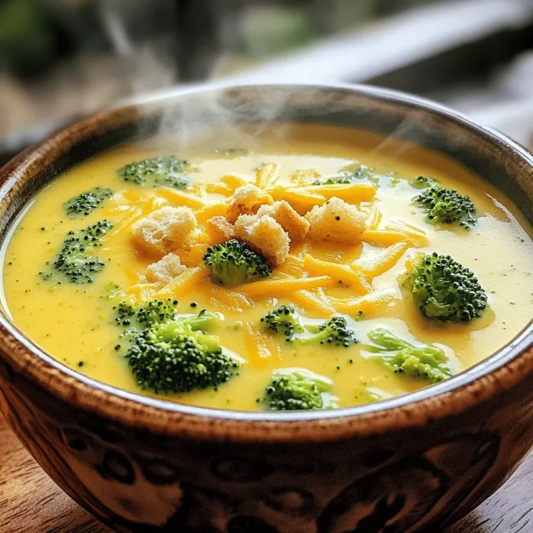 To make the perfect creamy broccoli cheddar soup, you need these key ingredients: - 4 cups fresh broccoli florets - 1 medium onion, diced - 2 cloves garlic, minced - 3 tablespoons butter - 1 medium carrot, grated - 4 cups vegetable broth - 1 cup heavy cream - 2 cups sharp cheddar cheese, shredded - 1 teaspoon mustard powder - Salt and pepper to taste - Optional: Croutons for garnish Each ingredient plays a vital role. Broccoli gives a fresh flavor and bright color. The onion and garlic add depth and aroma. Carrots bring a hint of sweetness. Cheddar cheese creates a rich and creamy base. Mustard powder adds a nice tang. For garnish, croutons offer a crunchy contrast. They make each bowl look more inviting. You can also use fresh herbs like parsley or chives for a pop of color. To cook this soup, you need some basic tools: - A large pot for cooking - A wooden spoon for stirring - An immersion blender for smoothness - A cutting board and knife for chopping For an enhanced cooking experience, you might want: - A vegetable peeler for easy carrot prep - Measuring cups and spoons for accuracy - A ladle for serving These tools help you create a delicious meal with ease. With the right equipment, you can focus on making your soup flavorful and warm. If you want to explore more, check out the Full Recipe for detailed steps. 1. Start by melting the butter in a large pot over medium heat. 2. Once the butter melts, add the diced onion. Sauté it for 3-4 minutes until it turns translucent. 3. Stir in the minced garlic and grated carrot. Cook for another 2 minutes to blend the flavors. 4. Add the broccoli florets and pour in the vegetable broth. Bring the mixture to a boil. 5. When it starts boiling, lower the heat and let it simmer for 10-12 minutes. The broccoli should become tender and bright green. 6. Use an immersion blender to blend the soup until it’s smooth and creamy. If you like some chunks, blend half of it and mix it back in. 7. Gradually stir in the heavy cream, mustard powder, and shredded cheddar cheese. Keep the heat low. Stir often until the cheese melts and the soup is hot, but not boiling. 8. Taste the soup and add salt and pepper to suit your taste. 9. Serve the Creamy Broccoli Cheddar Bliss hot in bowls. Add croutons on top for a nice crunch if you want. Precautions: Always be careful when blending hot soup. If using a standard blender, allow it to cool slightly first. Blend in small batches to avoid spills. You can use either an immersion blender or a standard blender for this soup. - Immersion Blender: This tool is easy to use in the pot. It’s quick and less messy. Just blend until you reach the right texture. - Standard Blender: This option gives you a very smooth soup. Blend in small amounts to avoid spills. Always hold the lid down with a towel to prevent splatter. Tips for Texture: To achieve a creamy soup, blend thoroughly. If you prefer a chunky texture, blend half and mix it back with the unblended portion. This way, you get the best of both worlds. To make your creamy broccoli cheddar soup shine, try adding herbs and spices. Fresh thyme or a pinch of nutmeg can elevate the taste. You can also use garlic powder or onion powder for deeper flavor. A splash of lemon juice adds brightness and balances richness. To balance flavors, taste as you go. If it’s too salty, add a bit more cream. If it’s too bland, a sprinkle of pepper can do wonders. Remember, cooking is about finding that perfect taste. If you want a thicker soup, consider using a potato. Just peel and chop one before adding it to the pot. It adds creaminess without extra calories. You can also use cornstarch mixed with water. Stir it in at the end for a thicker texture. To tweak the creaminess, you can swap heavy cream with half-and-half or milk for a lighter option. For a vegan twist, use coconut milk or cashew cream. These swaps keep the soup rich and satisfying without dairy. For the full recipe, check the Creamy Broccoli Cheddar Bliss section. {{image_4}} If you're looking for vegan and dairy-free options, you can easily swap the heavy cream and cheese. Use coconut milk or cashew cream for the creamy base. Nutritional yeast adds a cheesy flavor without dairy. For a gluten-free version, ensure your broth is gluten-free. Most vegetable broths are naturally gluten-free, but always check the label. You can use frozen broccoli if you lack fresh. Just remember to adjust cooking time. If you don't have butter, olive oil works well too. For a heartier soup, add diced chicken or turkey. You can also stir in cooked quinoa or rice for added texture and nutrition. Don't hesitate to get creative with what you have in the kitchen! For a full recipe, check out the Creamy Broccoli Cheddar Bliss above. After enjoying your creamy broccoli cheddar soup, store leftovers in an airtight container. This keeps the soup fresh for up to three days. Make sure to let the soup cool before sealing it. This prevents steam buildup, which can lead to sogginess. When you want to enjoy it again, simply reheat on the stove over low heat. Stir often to ensure even warming. Freezing this soup is a great way to save it for later. Pour the cooled soup into freezer-safe containers, leaving space for expansion. It can last up to three months in the freezer. To thaw, place it in the fridge overnight. For a quick thaw, use the microwave. Reheat on the stove after thawing, adding a splash of broth or cream if needed. This helps restore its creamy texture. How to make Creamy Broccoli Cheddar Soup from scratch? You can make Creamy Broccoli Cheddar Soup easily. Start by melting butter in a pot. Add diced onion and cook until it is soft. Next, mix in garlic and grated carrot. Then, add fresh broccoli florets and vegetable broth. Bring it to a boil, then simmer until the broccoli is tender. Use an immersion blender to blend the soup until smooth. Stir in heavy cream and cheddar cheese. Season with salt and pepper. You can find the full recipe in this article. Can I use frozen broccoli in this recipe? Yes, you can use frozen broccoli. It is a great time-saver. Just make sure to add it directly to the pot with the broth. Cook it until it’s tender. Frozen broccoli cooks faster than fresh, so watch it closely. What to do if the soup is too thick or thin? If your soup is too thick, add more vegetable broth or cream. Stir it in gradually until you reach the right consistency. For a soup that is too thin, you can thicken it. Mix a bit of cornstarch with cold water. Stir this mixture into the soup and cook until it thickens. How to revive leftover soup that's lost flavor? To improve leftover soup, reheat it slowly in a pot. Add a splash of vegetable broth to enhance the taste. You can also stir in extra cheese or a pinch of salt and pepper for more flavor. Fresh herbs like parsley or chives can brighten up the soup too. In this blog post, we explored the key ingredients for your creamy broccoli cheddar soup. We provided detailed preparation steps and blending techniques for the best results. I shared tips for enhancing flavor, making dietary adjustments, and storing leftovers. You now have the tools and knowledge to create a delicious soup. Experiment with your own twists and enjoy the cooking process. With these insights, you'll serve up a comforting bowl every time. Keep enjoying your culinary journey!