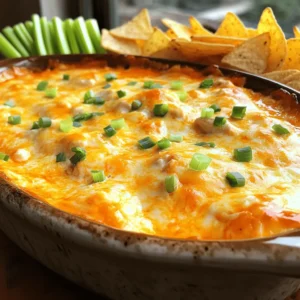 - 2 cups shredded cooked chicken - 1 cup cream cheese, at room temperature - 1/2 cup sour cream - 1/2 cup mayonnaise - 1 cup buffalo wing sauce - 1 cup shredded sharp cheddar cheese - 1/2 cup crumbled blue cheese (optional) - 2 green onions, finely chopped - Salt and pepper to taste When I make Buffalo chicken dip, I love using fresh ingredients. The chicken must be cooked and shredded. You can use leftover chicken or rotisserie chicken for ease. Cream cheese adds a rich base. Make sure it’s soft for easy mixing. Sour cream and mayonnaise create a creamy texture. They balance the spice from the buffalo wing sauce. I usually choose a sharp cheddar cheese. It melts well and adds depth. Blue cheese is optional, but it gives a bold flavor. I like to add green onions for a fresh crunch. They also brighten up the dip’s look. Always taste and adjust salt and pepper to your liking. - For cream cheese alternatives, try Greek yogurt or dairy-free cream cheese. - Use plain yogurt or avocado as healthier substitutes for mayonnaise. - Low-fat cheese options include part-skim mozzarella or reduced-fat cheddar. If you want to make lighter choices, there are great swaps. Greek yogurt works as a cream cheese alternative. It adds protein and tang. For mayonnaise, plain yogurt or mashed avocado can work well. They keep the dip creamy but cut calories. Looking for lower-fat cheese? Part-skim mozzarella melts nicely. Reduced-fat cheddar is also a tasty option. These changes keep the flavor while cutting some fat. Enjoy experimenting with these swaps! 1. Preheat your oven to 350°F (175°C). This heat ensures the dip cooks evenly. 2. Grab a large mixing bowl. Combine the cream cheese, sour cream, and mayonnaise. Use an electric mixer or a whisk. Blend until it is smooth and creamy. 3. Now, add the buffalo wing sauce. Stir it in slowly. Taste as you go to find the heat level you like. 4. Next, fold in the shredded cooked chicken. Make sure every piece gets coated well. 5. Mix in the shredded cheddar cheese and crumbled blue cheese if you choose. Distribute them evenly for the best flavor. 6. Taste the mixture. Add salt and pepper as needed to suit your taste. 7. Pour your creamy mixture into a baking dish. Spread it out evenly. 8. Bake in your preheated oven for 20-25 minutes. Check for bubbling in the center and lightly golden edges. 9. Once baked, take it out and let it cool for a few minutes. Garnish with chopped green onions for a pop of color. For a delightful experience, serve this dip warm. Pair it with crunchy tortilla chips, celery sticks, or carrot sticks for a fun treat. Check out the Full Recipe for more details! To get the right level of spiciness in your buffalo chicken dip, start with the sauce. Use one cup of buffalo wing sauce, but taste as you add. If you want more heat, add a bit more. For less heat, use less sauce. The balance of flavors is key. Mixing techniques also matter. I like to use a hand mixer for the cream cheese, sour cream, and mayonnaise. This makes the mixture smooth and creamy. Once combined, gently fold in the chicken and cheese. This keeps the dip fluffy and delicious. When serving, choose a nice baking dish or a colorful skillet. The dish should be oven-safe, so it stays warm. I love using a cast-iron skillet for a rustic look. It adds charm to your table. Garnish your dip with chopped green onions. They add color and a fresh taste. You can also sprinkle some extra cheese on top. It looks great and adds flavor. For dipping, tortilla chips are a classic choice. They add crunch and flavor. Celery sticks are fresh and light, perfect for a healthy option. Carrot sticks bring a bit of sweetness. Arrange these around the dip for a fun display. When it comes to drinks, beer pairs well with buffalo chicken dip. A light lager or a pale ale works nicely. If you prefer non-alcoholic options, try sparkling water with lemon. It’s refreshing and balances the spice. For the full recipe, check out my Buffalo Chicken Dip Delight! {{image_4}} For a slow cooker version, you will need to mix the same ingredients. Combine the shredded chicken, cream cheese, sour cream, and mayonnaise in the slow cooker. Add the buffalo wing sauce, cheddar cheese, and blue cheese if you like. Stir everything well to combine. Set the slow cooker on low heat for 2-3 hours. Stir occasionally until it's hot and creamy. You can adjust the flavors by adding more buffalo sauce or cheese. This method keeps your dip warm and ready to serve. Baking this dip gives it a deliciously crispy top. To prepare, mix your ingredients as usual, but pour them into a baking dish. Bake at 350°F for about 20-25 minutes. You will notice a golden crust on top and bubbling edges. For flavor boosts, consider adding garlic powder or extra spices to the mix. You can even sprinkle more cheese on top for a cheesy finish. You can easily make a vegan version of this dip. Replace the chicken with shredded jackfruit or chickpeas. For the creamy texture, use cashew cream or silken tofu instead of cream cheese and sour cream. Look for a dairy-free mayonnaise to keep it creamy. Use nutritional yeast for a cheesy flavor without dairy. These swaps give you a tasty, plant-based dip that everyone can enjoy. To keep your Buffalo Chicken Dip fresh, use an airtight container. These containers help keep moisture in and air out. Make sure the dip cools down before sealing it. Store it in the fridge for up to 3 days. If you want to enjoy it longer, consider freezing it. The best way to reheat Buffalo Chicken Dip is in the oven. Preheat the oven to 350°F (175°C). Transfer the dip to an oven-safe dish. Heat for about 15-20 minutes. This method keeps the texture creamy. You can also use a microwave. Heat in short bursts, stirring in between. Serve it warm with fresh chips or veggies. Yes, you can freeze Buffalo Chicken Dip! Place it in a freezer-safe container. It will last for about 2 months in the freezer. When you're ready to eat it, move it to the fridge overnight to thaw. Reheat it as mentioned above. Enjoy your creamy dip even after some time! Buffalo chicken dip can last in the fridge for about 3 to 4 days. To keep it fresh, store it in an airtight container. Make sure it cools down before sealing it. If you see any signs of spoilage, like an off smell or mold, throw it away. Yes, you can prepare buffalo chicken dip ahead of time. Mix all the ingredients and place them in your baking dish. Cover and refrigerate it for up to 24 hours. When ready to bake, just take it out, let it sit for a few minutes, then bake as directed. If you don’t like blue cheese, try feta cheese for a similar tang. You can also use shredded mozzarella for a milder taste. Creamy goat cheese works well too, giving a different flavor. These options keep the dip tasty without blue cheese. Buffalo chicken dip can be gluten-free if you check the labels. Most ingredients like chicken, cheese, and sauces are gluten-free. However, some buffalo wing sauces may contain gluten, so look for ones labeled gluten-free. For dips, always use gluten-free chips or veggies. Serve buffalo chicken dip warm for the best taste. Use crunchy tortilla chips, celery sticks, or carrot sticks for dipping. Arrange these around the dip for a nice look. You can also use small bowls to hold extra toppings, like more cheese or green onions, for fun! For the full recipe, check out the link! In this blog, I shared a simple recipe for Buffalo Chicken Dip. You learned about the key ingredients, step-by-step preparation, and tips to make it perfect. I also included variations, storage info, and answers to common questions. Buffalo Chicken Dip is a tasty treat for gatherings. Whether you use traditional or modified ingredients, it’s sure to please. Enjoy making this dish, and don’t forget to try different flavors and pairings!