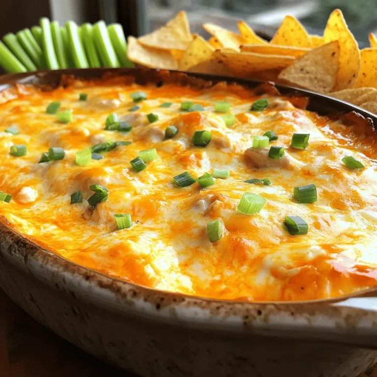 - 2 cups shredded cooked chicken - 1 cup cream cheese, at room temperature - 1/2 cup sour cream - 1/2 cup mayonnaise - 1 cup buffalo wing sauce - 1 cup shredded sharp cheddar cheese - 1/2 cup crumbled blue cheese (optional) - 2 green onions, finely chopped - Salt and pepper to taste When I make Buffalo chicken dip, I love using fresh ingredients. The chicken must be cooked and shredded. You can use leftover chicken or rotisserie chicken for ease. Cream cheese adds a rich base. Make sure it’s soft for easy mixing. Sour cream and mayonnaise create a creamy texture. They balance the spice from the buffalo wing sauce. I usually choose a sharp cheddar cheese. It melts well and adds depth. Blue cheese is optional, but it gives a bold flavor. I like to add green onions for a fresh crunch. They also brighten up the dip’s look. Always taste and adjust salt and pepper to your liking. - For cream cheese alternatives, try Greek yogurt or dairy-free cream cheese. - Use plain yogurt or avocado as healthier substitutes for mayonnaise. - Low-fat cheese options include part-skim mozzarella or reduced-fat cheddar. If you want to make lighter choices, there are great swaps. Greek yogurt works as a cream cheese alternative. It adds protein and tang. For mayonnaise, plain yogurt or mashed avocado can work well. They keep the dip creamy but cut calories. Looking for lower-fat cheese? Part-skim mozzarella melts nicely. Reduced-fat cheddar is also a tasty option. These changes keep the flavor while cutting some fat. Enjoy experimenting with these swaps! 1. Preheat your oven to 350°F (175°C). This heat ensures the dip cooks evenly. 2. Grab a large mixing bowl. Combine the cream cheese, sour cream, and mayonnaise. Use an electric mixer or a whisk. Blend until it is smooth and creamy. 3. Now, add the buffalo wing sauce. Stir it in slowly. Taste as you go to find the heat level you like. 4. Next, fold in the shredded cooked chicken. Make sure every piece gets coated well. 5. Mix in the shredded cheddar cheese and crumbled blue cheese if you choose. Distribute them evenly for the best flavor. 6. Taste the mixture. Add salt and pepper as needed to suit your taste. 7. Pour your creamy mixture into a baking dish. Spread it out evenly. 8. Bake in your preheated oven for 20-25 minutes. Check for bubbling in the center and lightly golden edges. 9. Once baked, take it out and let it cool for a few minutes. Garnish with chopped green onions for a pop of color. For a delightful experience, serve this dip warm. Pair it with crunchy tortilla chips, celery sticks, or carrot sticks for a fun treat. Check out the Full Recipe for more details! To get the right level of spiciness in your buffalo chicken dip, start with the sauce. Use one cup of buffalo wing sauce, but taste as you add. If you want more heat, add a bit more. For less heat, use less sauce. The balance of flavors is key. Mixing techniques also matter. I like to use a hand mixer for the cream cheese, sour cream, and mayonnaise. This makes the mixture smooth and creamy. Once combined, gently fold in the chicken and cheese. This keeps the dip fluffy and delicious. When serving, choose a nice baking dish or a colorful skillet. The dish should be oven-safe, so it stays warm. I love using a cast-iron skillet for a rustic look. It adds charm to your table. Garnish your dip with chopped green onions. They add color and a fresh taste. You can also sprinkle some extra cheese on top. It looks great and adds flavor. For dipping, tortilla chips are a classic choice. They add crunch and flavor. Celery sticks are fresh and light, perfect for a healthy option. Carrot sticks bring a bit of sweetness. Arrange these around the dip for a fun display. When it comes to drinks, beer pairs well with buffalo chicken dip. A light lager or a pale ale works nicely. If you prefer non-alcoholic options, try sparkling water with lemon. It’s refreshing and balances the spice. For the full recipe, check out my Buffalo Chicken Dip Delight! {{image_4}} For a slow cooker version, you will need to mix the same ingredients. Combine the shredded chicken, cream cheese, sour cream, and mayonnaise in the slow cooker. Add the buffalo wing sauce, cheddar cheese, and blue cheese if you like. Stir everything well to combine. Set the slow cooker on low heat for 2-3 hours. Stir occasionally until it's hot and creamy. You can adjust the flavors by adding more buffalo sauce or cheese. This method keeps your dip warm and ready to serve. Baking this dip gives it a deliciously crispy top. To prepare, mix your ingredients as usual, but pour them into a baking dish. Bake at 350°F for about 20-25 minutes. You will notice a golden crust on top and bubbling edges. For flavor boosts, consider adding garlic powder or extra spices to the mix. You can even sprinkle more cheese on top for a cheesy finish. You can easily make a vegan version of this dip. Replace the chicken with shredded jackfruit or chickpeas. For the creamy texture, use cashew cream or silken tofu instead of cream cheese and sour cream. Look for a dairy-free mayonnaise to keep it creamy. Use nutritional yeast for a cheesy flavor without dairy. These swaps give you a tasty, plant-based dip that everyone can enjoy. To keep your Buffalo Chicken Dip fresh, use an airtight container. These containers help keep moisture in and air out. Make sure the dip cools down before sealing it. Store it in the fridge for up to 3 days. If you want to enjoy it longer, consider freezing it. The best way to reheat Buffalo Chicken Dip is in the oven. Preheat the oven to 350°F (175°C). Transfer the dip to an oven-safe dish. Heat for about 15-20 minutes. This method keeps the texture creamy. You can also use a microwave. Heat in short bursts, stirring in between. Serve it warm with fresh chips or veggies. Yes, you can freeze Buffalo Chicken Dip! Place it in a freezer-safe container. It will last for about 2 months in the freezer. When you're ready to eat it, move it to the fridge overnight to thaw. Reheat it as mentioned above. Enjoy your creamy dip even after some time! Buffalo chicken dip can last in the fridge for about 3 to 4 days. To keep it fresh, store it in an airtight container. Make sure it cools down before sealing it. If you see any signs of spoilage, like an off smell or mold, throw it away. Yes, you can prepare buffalo chicken dip ahead of time. Mix all the ingredients and place them in your baking dish. Cover and refrigerate it for up to 24 hours. When ready to bake, just take it out, let it sit for a few minutes, then bake as directed. If you don’t like blue cheese, try feta cheese for a similar tang. You can also use shredded mozzarella for a milder taste. Creamy goat cheese works well too, giving a different flavor. These options keep the dip tasty without blue cheese. Buffalo chicken dip can be gluten-free if you check the labels. Most ingredients like chicken, cheese, and sauces are gluten-free. However, some buffalo wing sauces may contain gluten, so look for ones labeled gluten-free. For dips, always use gluten-free chips or veggies. Serve buffalo chicken dip warm for the best taste. Use crunchy tortilla chips, celery sticks, or carrot sticks for dipping. Arrange these around the dip for a nice look. You can also use small bowls to hold extra toppings, like more cheese or green onions, for fun! For the full recipe, check out the link! In this blog, I shared a simple recipe for Buffalo Chicken Dip. You learned about the key ingredients, step-by-step preparation, and tips to make it perfect. I also included variations, storage info, and answers to common questions. Buffalo Chicken Dip is a tasty treat for gatherings. Whether you use traditional or modified ingredients, it’s sure to please. Enjoy making this dish, and don’t forget to try different flavors and pairings!