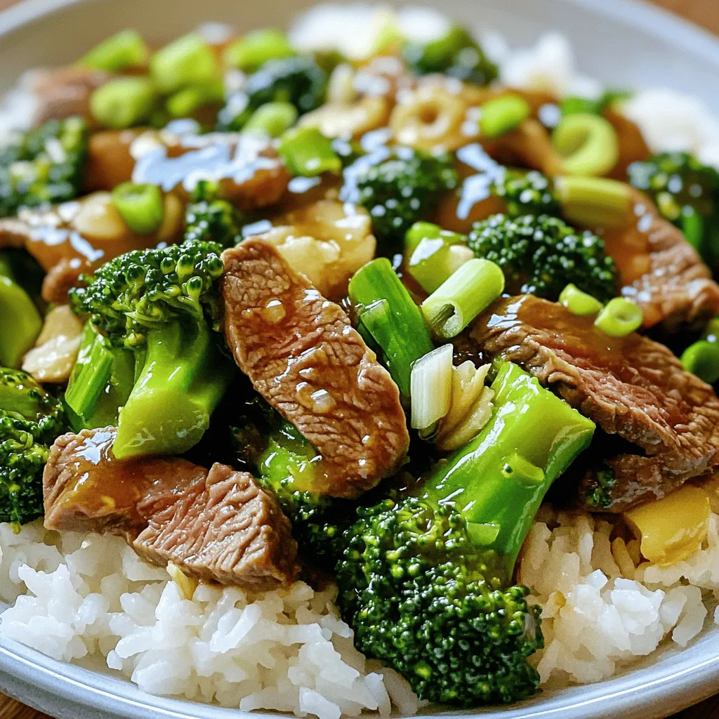 - 1 lb (450g) flank steak, thinly sliced against the grain - 2 cups broccoli florets - 1/4 cup low-sodium soy sauce - 2 tablespoons oyster sauce - 2 tablespoons cornstarch - 2 tablespoons vegetable oil (divided) - 3 cloves garlic, minced - 1 teaspoon fresh ginger, grated - 1 tablespoon sesame oil - 2 green onions, sliced (for garnish) - Cooked white rice or brown rice (for serving) When making easy beef and broccoli, choose flank steak. It’s tender and tasty. You want to slice it thinly against the grain. This helps it stay soft. The broccoli adds a nice crunch and bright color. Low-sodium soy sauce is key. It gives flavor without too much salt. Oyster sauce adds depth to the dish. It makes everything taste richer. Cornstarch helps thicken the sauce. This gives it a nice coating on the beef and veggies. You will use vegetable oil to cook the beef. It can handle high heat well. Garlic and ginger add fresh flavor. Sesame oil gives a nutty taste that brings everything together. Don’t forget the green onions! They add a nice pop of color and flavor. For serving, use white or brown rice. This helps soak up the yummy sauce. - Alternative vegetables for added nutrition (e.g., bell peppers, carrots) - Different types of protein (e.g., chicken, tofu) - Sauce variations (e.g., spicy sauces or teriyaki) Feel free to mix in other veggies like bell peppers or carrots. This adds more nutrition and flavor. You can also switch the protein. Chicken or tofu works great too. Want a twist? Try different sauces. Spicy sauces or teriyaki can change the whole dish. This easy beef and broccoli recipe is flexible. You can make it your own! For the complete recipe, check out the Full Recipe link. - Combine flank steak, soy sauce, and cornstarch in a mixing bowl. - Allow marination for a minimum of 15 minutes for flavor enhancement. Marinating the beef is key. It makes the meat tender and flavorful. The soy sauce adds saltiness, while cornstarch helps create a nice texture. Just mix the steak with these ingredients. Then, let it sit. This time allows the flavors to soak in. - Heat oil in skillet and sear marinated beef for 2-3 minutes. - Remove and let rest before adding other ingredients. Heat one tablespoon of oil in a skillet. Once it’s hot, add the beef. Avoid crowding the pan. This helps the beef brown nicely. Cook for 2-3 minutes, then take it out. Let it rest on a plate. This step locks in the juices. - Sauté garlic and ginger in oil. - Add broccoli and stir-fry until vibrant. - Combine beef, oyster sauce, and sesame oil; heat through. In the same skillet, add more oil. Toss in minced garlic and grated ginger. Stir them for about 30 seconds until you smell the aroma. Next, add the broccoli. Stir-fry until it turns bright green, about 3-4 minutes. This keeps it crisp! Finally, return the beef to the pan. Add oyster sauce and sesame oil. Toss everything together. Heat for another 2-3 minutes. For the full recipe, check out Beefy Broccoli Delight. High heat is key for great stir-fry. It cooks the meat fast and keeps it tender. If you don't use high heat, your beef may steam instead of fry. This can make it tough. Always make sure your pan is hot before adding food. Avoid overcrowding the pan. If you add too much beef at once, it will lower the heat. This leads to uneven cooking. Cook in batches if needed. This way, you get a nice sear on each piece. To boost flavor, think about adding more seasonings. Try a splash of rice vinegar or some chili flakes. These can add a nice kick. Marinades also help. You can mix soy sauce with honey or garlic for a twist. For soy sauce, choose a low-sodium version. It gives flavor without too much salt. When buying oyster sauce, look for one without added MSG. This keeps your dish clean and fresh. To keep your broccoli crunchy, add it last. Stir-fry it for just a few minutes. This helps it stay bright green and crisp. If you like other veggies, add them based on their cook time. Carrots take longer, so add them first. Peppers can go in later for a nice crunch. Cooking is all about timing. Remember to keep an eye on your ingredients. This will help each part stay fresh and tasty. {{image_4}} You can easily swap the beef for chicken or shrimp. For chicken, use boneless thighs or breasts. Cut them into thin strips like the beef. For shrimp, use raw, peeled shrimp. Cook them quickly to avoid overcooking. Cooking Tips: - Chicken: Cook for about 4-5 minutes until no longer pink. - Shrimp: Sauté for 2-3 minutes until they turn pink and opaque. These changes keep the dish tasty and fun! For a vegan twist, try using tofu or seitan. Tofu needs some care to get it crispy. Press it to remove moisture, then cut it into cubes. Cooking Tips: - Use firm or extra-firm tofu for the best texture. - Sauté the tofu first until golden brown. Seitan is another great option. It has a chewy texture and absorbs flavors well. Pair it with plant-based sauces like teriyaki or a simple soy sauce mix. You can change the flavor profile by using different spices. For a Thai twist, add basil and lime. For Korean flavors, use gochujang or sesame seeds. Extra Ingredients: - Nuts: Add cashews or peanuts for crunch. - Seeds: Sprinkle sesame seeds for a nutty flavor. Experimenting with these options will make your beef and broccoli dish unique every time! For the full recipe, check out the details above. To store your beef and broccoli leftovers, place them in an airtight container. This keeps the dish fresh and tasty. Use the fridge for storage. It lasts about 3 to 4 days. After that, the flavor and quality may not be as good. Always reheat leftovers until they are hot throughout. If you want to store beef and broccoli longer, freezing is a great option. First, let the dish cool completely. Then, put it in a freezer-safe container. You can freeze it for up to 3 months. When you're ready to eat, thaw it in the fridge overnight. Reheat in a skillet over medium heat. This helps keep the beef tender and the broccoli crisp. You can prepare beef and broccoli in advance. Marinate the beef ahead of time. You can store it in the fridge for up to a day. This way, flavors deepen. For balanced meals, serve it with rice or quinoa. You can add other veggies, too. This makes your meal colorful and nutritious. You can store beef and broccoli in the fridge for about three to four days. Make sure to keep it in an airtight container. If you want to keep it longer, freeze it. It can last for up to three months in the freezer. Just remember to cool it down before freezing. Yes, you can prepare beef and broccoli ahead of time. Cook the dish and let it cool. Then, store it in the fridge for easy reheating. To reheat, simply warm it on the stove or in the microwave. Add a splash of water if it seems dry. Beef and broccoli pairs well with several sides. Here are some great options: - Steamed white or brown rice - Fried rice with vegetables - Noodles tossed in soy sauce - Simple green salad with a light dressing To make beef and broccoli gluten-free, choose gluten-free soy sauce. You can find options made from rice or tamari. For the oyster sauce, look for gluten-free versions or skip it altogether. You can use extra soy sauce to add flavor. If you want to replace cornstarch, there are good alternatives. You can use arrowroot powder, which works similarly. Regular all-purpose flour is another option, but use about twice as much. Mix any substitute with cold water before adding it to your sauce to avoid lumps. This blog post provided a clear guide to cooking beef and broccoli. You learned about essential ingredients and step-by-step instructions to create this flavorful dish. Key tips helped ensure perfect results each time. You can explore variations to suit your taste, whether using different proteins or adding more veggies. Plus, tips on storage and meal prep make this recipe easy to enjoy anytime. Dive in, experiment, and enjoy your delicious creation!