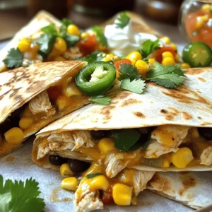 - 2 large chicken breasts, diced into bite-sized pieces - 1 tablespoon olive oil - 1 teaspoon taco seasoning - 1 teaspoon smoked paprika - 1 jalapeño, finely chopped - 1 cup corn kernels - 1 cup black beans - 1 cup shredded cheddar cheese - 1 cup shredded Monterey Jack cheese - 4 large flour tortillas - Salt and pepper, to taste - 1/4 cup fresh cilantro, chopped - Sour cream and salsa, for serving When I cook spicy chicken quesadillas, I focus on fresh and simple ingredients. The chicken breasts are the star here. I like to cut them into small pieces for quick cooking. This way, they soak up all the flavors from spices like taco seasoning and smoked paprika. Next, I add a jalapeño for heat, but you can remove the seeds for less spice. Corn and black beans add sweetness and texture. Together, they create a colorful filling. Cheese is crucial for that melty goodness. I mix cheddar and Monterey Jack for a creamy blend. Don’t forget the large flour tortillas; they wrap everything up nicely. Finally, I season with salt and pepper. Fresh cilantro is my go-to garnish. It brightens the dish. I serve these quesadillas with sour cream and salsa. These additions bring out the best flavors. For the full recipe, check the details above. - Heat olive oil in a large skillet. - Add diced chicken and season with taco seasoning and smoked paprika. - Cook until chicken is thoroughly cooked, about 7-10 minutes. In this step, make sure the skillet is hot enough. You want the chicken to sizzle when it hits the pan. The taco seasoning adds a great flavor. Smoked paprika gives a nice smoky touch. Stir the chicken often. This helps it cook evenly. You’ll know it’s ready when there’s no pink left. - Stir in chopped jalapeño, corn, and black beans. - Cook for an additional 2-3 minutes. Now, it’s time to boost the flavor. Adding jalapeños brings some heat. If you want it milder, remove the seeds. The corn adds sweetness, while black beans give protein. Mix everything well. Let them cook together for a few minutes. This melds the flavors nicely. - Place flour tortilla in a skillet and sprinkle with cheese. - Add chicken and vegetable mixture and fold. - Cook until golden brown on both sides. Grab a large skillet again. Place one tortilla in it and sprinkle half the cheese on top. Next, scoop some of the chicken and vegetable mix onto one half. Fold the tortilla over. This creates a pocket of goodness! Cook until the bottom is golden brown. Flip it carefully. Both sides should be crispy and brown. - Slice quesadillas into wedges. - Garnish with cilantro and serve with sour cream and salsa. Once cooked, take the quesadilla out. Let it cool for a minute. Then, slice it into wedges. This makes dipping easy. Sprinkle fresh cilantro on top for a burst of flavor. Serve with sour cream and salsa on the side. These add a creamy and tangy element to your dish. For the full recipe, check out the details above! - Ensure chicken is thoroughly cooked to avoid any raw texture. - Use a non-stick skillet for easier flipping. When cooking chicken, make sure it reaches an internal temperature of 165°F. This keeps it safe and tasty. I often check by cutting a piece in half to see if it's no longer pink. A non-stick skillet helps prevent the quesadillas from sticking. This way, flipping them becomes a breeze. - Experiment with different cheeses for added flavor. - Adjust jalapeño amount based on spice preference. Trying different cheeses can change the whole dish. You might love a mix of pepper jack and cheddar for a spicy kick! If you like it mild, reduce the jalapeño. On the other hand, if you crave heat, toss in more. Every bite should be just right for you. - Pair with Mexican rice or a fresh salad. - Serve with lime wedges for a citrusy twist. I love serving these quesadillas with Mexican rice. It adds a nice touch and makes the meal more filling. A fresh salad with crunchy veggies offers a great contrast. Don’t forget lime wedges! A squeeze of lime adds a bright flavor that complements the spices perfectly. For the full recipe, check out the section above. {{image_4}} You can make spicy chicken quesadillas vegetarian by swapping chicken for grilled vegetables or tofu. Try using bell peppers, zucchini, or mushrooms. These veggies will soak up the spices and add great taste. Tofu gives a nice texture and protein. Just make sure to season them well with taco seasoning. If you prefer other meats, use beef or shrimp instead of chicken. Both will bring their own unique flavors. For beef, consider using ground beef or steak strips. For shrimp, use peeled and deveined shrimp. Explore different marinades for varied flavors. A spicy marinade can add excitement to your filling! Cheese is key in quesadillas. You can try pepper jack cheese for some extra heat. Its creamy texture matches well with the spicy filling. Goat cheese is another option for a creamy twist. It melts nicely and adds a tangy flavor. Mixing different cheeses can create a rich, delicious taste! For the full recipe, check out the [Full Recipe]. Store any leftover quesadillas in an airtight container. They will last in the fridge for up to 3 days. This way, you can enjoy them again and save time on cooking. You can freeze uncooked quesadillas for later use. Just prepare them as you normally would, but do not cook them. Wrap each quesadilla tightly in plastic wrap. Cooked quesadillas can also be frozen for up to one month. This is a great way to have a quick meal ready. To reheat, use a skillet for the best texture. Heat the skillet over medium heat and add the quesadilla. Cook until heated through and crispy. If you need a quick option, a microwave works too. Just place the quesadilla on a plate, cover it with a paper towel, and heat for about 30 seconds to 1 minute. Enjoy your tasty meal! You can use beans or grilled vegetables as a filling. Black beans work well. They add protein and fiber. Grilled peppers or zucchini also give a great taste. This option is tasty and healthy. Common sides include guacamole, rice, or a fresh salsa. Guacamole adds creaminess. Rice provides a nice base. Fresh salsa gives a tangy kick. These sides make your meal complete and fun. Yes, corn tortillas can be used, but they may require more care while cooking. They can break easily, so handle them gently. Warm them first to soften. This will help with folding and cooking. Add sliced jalapeños or chopped habaneros to the filling. These peppers boost the heat level. You can also use spicy cheese like pepper jack. This adds flavor and spice all at once. For the full recipe, check out the details above. This blog post discussed how to make delicious spicy chicken quesadillas. We started with the main and additional ingredients, like chicken, jalapeños, corn, and beans. Next, I detailed a step-by-step cooking guide, from preparing the chicken to serving the filled quesadillas. I also shared helpful tips, variations, and storage methods to enhance your experience. Make these quesadillas your own by trying new ingredients. Enjoy the process and share them with friends!