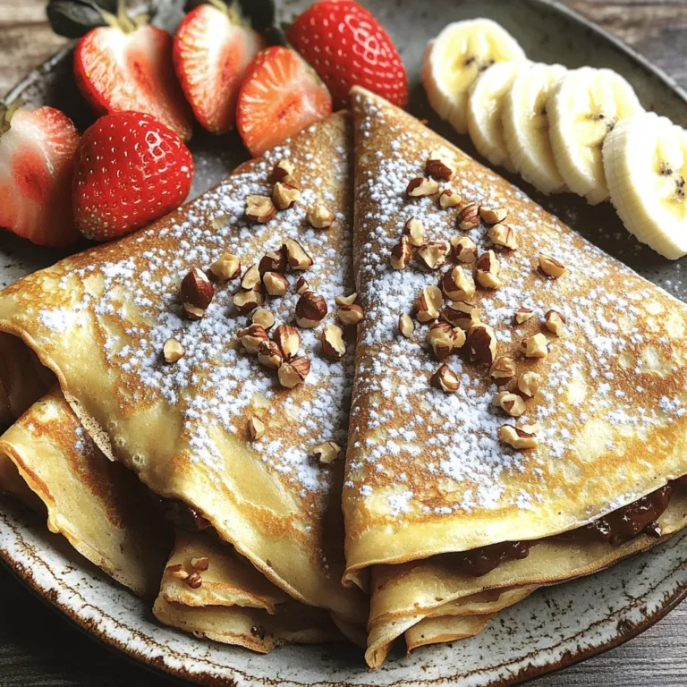 For these tasty crepes, gather these main ingredients: - 1 cup all-purpose flour - 2 large eggs - 1 1/2 cups milk - 2 tablespoons melted butter - 2 tablespoons granulated sugar - 1 teaspoon pure vanilla extract - 1/2 cup chocolate hazelnut spread (like Nutella) These ingredients form the base of your crepe batter. The flour gives structure, while eggs add richness. Milk keeps the batter smooth and creamy. Butter adds flavor and helps prevent sticking. Sugar and vanilla bring sweetness to the mix. To make your crepes even better, consider these optional ingredients: - 1/4 cup crushed hazelnuts (for garnish) - Powdered sugar (for dusting) - Fresh strawberries or bananas (for serving) Crushed hazelnuts provide a nice crunch. Powdered sugar adds a sweet touch. Fresh fruit gives a pop of color and flavor. These options let you customize each serving. To make these crepes, you will need: - A large mixing bowl - A whisk - A non-stick skillet or crêpe pan - A spatula - A measuring cup and spoons A mixing bowl helps you combine ingredients. A whisk ensures a smooth batter. A non-stick skillet makes cooking easy. A spatula flips the crepes without tearing them. Measuring tools help you get the right amounts. This simple list of ingredients and tools makes it easy to start your crepe-making adventure! For the complete details, check out the Full Recipe. Start by gathering your ingredients. You need all-purpose flour, eggs, milk, melted butter, sugar, and vanilla. In a large bowl, mix the flour and sugar together. In another bowl, whisk the eggs. Then add the milk, melted butter, and vanilla. Mix until smooth. Now, slowly pour the wet mix into the dry mix. Whisk until there are no lumps. Let the batter sit for about 20 minutes. This helps the flour absorb the liquid, making the crepes soft. Heat a non-stick skillet over medium heat. Lightly coat it with butter. Pour about 1/4 cup of batter into the pan. Quickly swirl it to cover the bottom evenly. Cook for around 2 minutes, or until the edges lift slightly and the bottom is golden. Flip the crepe gently using a spatula. Cook for another minute on the other side. Place the cooked crepe on a plate. Repeat with the remaining batter, stacking the crepes as you go. Take one crepe and spread a tablespoon of chocolate hazelnut spread in the center. Fold it in half, then fold it again to make a triangle. Make sure the spread is inside. Repeat this with all crepes. Arrange the stuffed crepes on a serving plate. Dust with powdered sugar and sprinkle crushed hazelnuts on top. You can add fresh strawberries or bananas on the side if you like. To get the best crepes, keep the batter at room temperature. Use a non-stick pan to avoid sticking. If your crepes tear, they may be too thick. Make sure to pour just the right amount of batter. You can also experiment with the heat. If they cook too fast, lower the heat. If they take too long, raise it a bit. Enjoy your chocolate hazelnut stuffed crepes! When making chocolate hazelnut stuffed crepes, avoid these common errors: - Under-mixing the batter: Make sure to whisk until smooth. Lumps can lead to uneven crepes. - Too high heat: Cooking on high heat can burn the crepes. Medium heat is best for a golden color. - Skipping the rest time: Letting the batter rest for 20 minutes helps create tender crepes. - Using too much filling: A tablespoon of chocolate hazelnut spread is enough. Overfilling can make folding hard. For the best texture in your crepes, follow these tips: - Use fresh eggs: They make a big difference in taste and texture. - Choose the right flour: All-purpose flour works best for a light and thin crepe. - Rest the batter: This helps the gluten relax, leading to a more tender crepe. - Cook just enough: Cook each crepe until the edges lift, but keep them soft. Serve your chocolate hazelnut stuffed crepes in fun ways: - Fresh fruit: Add slices of strawberries or bananas for a sweet contrast. - Ice cream: A scoop of vanilla ice cream adds a creamy touch. - Whipped cream: A dollop on top can make the dish feel extra special. - Chocolate drizzle: A little extra chocolate sauce can take it to the next level. These tips will help you create delicious and beautiful crepes that everyone will love. For the full recipe, check out Chocolate Hazelnut Stuffed Crepes Delight. {{image_4}} You can get creative with your fillings. Instead of chocolate hazelnut spread, try almond butter or peanut butter. Jam or fresh fruit like raspberries also works well. Cream cheese mixed with honey can add a sweet and tangy twist. Each option brings a new flavor to the table. If you need gluten-free crepes, swap the all-purpose flour with a gluten-free blend. Make sure to check the brand for the best results. For a dairy-free option, use almond, oat, or soy milk in place of regular milk. Vegan crepes can be made by replacing eggs with flaxseed meal mixed with water. These swaps ensure everyone can enjoy this treat. Add a pinch of cinnamon or nutmeg to the batter for warmth. Vanilla extract gives a nice touch, but don’t stop there! A dash of orange zest can brighten the flavor. For a unique twist, try adding a splash of coffee or hazelnut extract to the batter. These enhancements will elevate your crepes to a gourmet level. Store leftover crepes in an airtight container. Place parchment paper between each crepe. This keeps them from sticking together. You can keep them in the fridge for up to three days. If you plan to store them longer, freezing is a better option. To reheat crepes, use a non-stick skillet over low heat. Heat each crepe for about 30 seconds on each side. This method keeps them soft and warm. You can also use the microwave for quick reheating. Just cover the crepe with a damp paper towel and heat for 15-20 seconds. To freeze crepes, stack them with parchment paper between each one. Wrap the stack tightly in plastic wrap and then place it in a freezer bag. This keeps out air and prevents freezer burn. You can freeze crepes for up to two months. When ready to use, thaw them in the fridge overnight. Yes, you can make the batter ahead. Store it in the fridge for up to 24 hours. Just remember to whisk it again before cooking. This lets the flavors blend and the batter to thicken. To keep crepes from sticking, use a non-stick skillet. Heat the pan over medium heat, then add a small amount of butter. Make sure to spread it evenly. This creates a nice barrier and helps with easy flipping. You can serve many tasty sides! Fresh strawberries or bananas add a bright touch. A scoop of vanilla ice cream also works well. For extra crunch, sprinkle some crushed hazelnuts on top. Each serving has about 250 calories. It contains 10 grams of fat, 35 grams of carbs, and 5 grams of protein. This can vary with added toppings. Always check your specific brands for accurate numbers. To make homemade chocolate hazelnut spread, blend roasted hazelnuts until smooth. Add cocoa powder, a sweetener like honey or sugar, and a pinch of salt. Blend until creamy. Adjust sweetness as you like. For the complete recipe, check out Chocolate Hazelnut Stuffed Crepes Delight . You'll find all the steps and tips you need! You learned about making chocolate hazelnut stuffed crepes, from key ingredients to cooking tips. Understanding common mistakes helps improve your crepe-making skills. With variations and storage tips, you can enjoy these treats anytime. Remember, practice makes perfect. Don’t be afraid to experiment with flavors and fillings. Enjoy making and sharing these delicious crepes with family and friends!