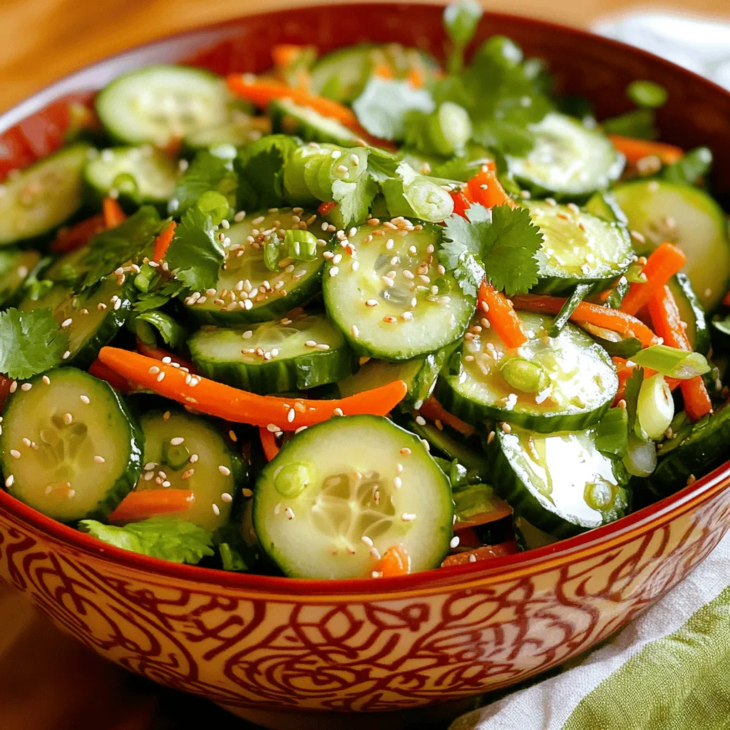 To make a fresh and tasty Asian cucumber salad, you need simple ingredients. Here’s what you’ll need: - 2 large cucumbers, thinly sliced - 1 medium carrot, peeled and julienned - 1 red bell pepper, cored and thinly sliced - 3 green onions, thinly chopped - 1/4 cup fresh cilantro leaves, roughly chopped - 1 tablespoon sesame seeds, lightly toasted These veggies give the salad crunch and color. Cucumbers add freshness, while carrots and bell peppers bring sweetness. You can also add extras to make your salad unique. Here are some ideas: - Sliced radishes for extra crunch - Chopped peanuts for a nutty flavor - Thinly sliced jalapeños for a spicy kick Feel free to mix and match based on what you like or have at home! A great dressing makes the salad shine. Here’s what you need for the dressing: - 3 tablespoons rice vinegar - 2 tablespoons soy sauce (preferably low-sodium) - 1 tablespoon sesame oil - 1 teaspoon granulated sugar - 1/2 teaspoon chili flakes (adjust according to heat preference) - Salt, to taste This dressing combines sour, salty, and sweet flavors, making every bite delightful. You can find the full recipe in the main document for all the steps! First, grab your sharp knife and cutting board. Start with the cucumbers. Slice them thinly. You want them to be about the thickness of a quarter. This helps them soak up the dressing well. Next, peel the carrot and cut it into thin strips. This is called julienning. For the red bell pepper, remove the seeds and slice it thinly too. Finally, chop the green onions and cilantro. Now, let's make the dressing. In a small bowl, mix the rice vinegar, soy sauce, sesame oil, granulated sugar, and chili flakes. Use a whisk or a fork to blend it well. Make sure the sugar dissolves completely. Taste it! If you want it sweeter, add a little more sugar. If you like it spicier, throw in more chili flakes. In a large mixing bowl, combine all your chopped vegetables. Pour the dressing over them. Use tongs to toss everything together. Make sure all the veggies get coated well. Let the salad sit for about 15 to 20 minutes. This helps the flavors meld together. Before serving, sprinkle the toasted sesame seeds on top. Toss gently one more time and serve. Enjoy your fresh and zesty Asian Cucumber Salad! For a full recipe, check [Full Recipe]. Choose cucumbers that feel firm and look smooth. Avoid cucumbers with soft spots or wrinkles. Check for bright color and no blemishes. The best cucumbers are crisp and vibrant. You can also pick Japanese or Persian cucumbers for a sweeter taste. These varieties are often less bitter than regular cucumbers. To boost the flavor of your salad, consider adding fresh herbs. Mint and basil work well. You can also try lime juice for a zesty kick. If you like it spicy, add more chili flakes or sliced jalapeños. For a sweet touch, include some diced mango or pineapple. Each addition offers a unique twist to the dish. Presentation matters when serving your salad. Use a large, shallow bowl to display it nicely. You can also serve it in individual bowls for a more personal touch. Add a sprinkle of extra sesame seeds on top for crunch. A few cilantro leaves can brighten the dish. For color, consider a light dusting of chili flakes, too. These small touches make the salad look as good as it tastes. {{image_4}} You can easily make this salad heartier by adding protein. Cooked shrimp, chicken, or tofu work well. For shrimp, try lightly boiling or grilling them. For chicken, use grilled or shredded cooked chicken. Tofu can be cubed and pan-fried for a crispy texture. Simply mix your choice of protein into the salad before serving. This boosts flavor and nutrition. Fruits and nuts add a fun twist to Asian cucumber salad. Consider adding mango or pineapple for sweetness. Thinly slice these fruits and toss them in with the veggies. Nuts like cashews or almonds bring a nice crunch. Toast them lightly for extra flavor. Just sprinkle them on top before serving for a delightful texture. You can easily adjust the spice levels to fit your taste. If you prefer a milder salad, reduce or omit the chili flakes. For a spicier kick, add more chili flakes or some sliced fresh chili. You can also try sriracha or chili oil for a different heat profile. Taste as you go to find your perfect balance. For the full recipe, check out the Crisp and Zesty Asian Cucumber Salad. To keep your Asian cucumber salad fresh, store it in an airtight container. Make sure all the air is out to prevent sogginess. Place the container in the fridge. The cool temperature helps maintain the crispness of the cucumbers. Always use clean utensils when serving to avoid contamination. This salad tastes best cold, so you don't need to reheat it. If you want to serve it later, take it out of the fridge about 10 minutes before serving. This helps the flavors to come alive again. Toss the salad gently to mix everything well before serving. You can add a few fresh herbs or sesame seeds for extra flavor just before serving. The salad will stay fresh in the fridge for about 2 to 3 days. After that, the cucumbers may start to lose their crunch. I don’t recommend freezing this salad. The texture of the cucumbers will change when frozen and thawed. For the best taste, enjoy your salad within a couple of days after you make it. Check out the Full Recipe for more details! Yes, you can make Asian Cucumber Salad ahead of time. It tastes great after sitting a bit. I recommend prepping it a few hours before serving. This lets the flavors meld well. If you want to make it a day in advance, that works too. Just keep it covered in the fridge. The cucumbers may lose some crunch, but the taste will still shine. You can easily swap some ingredients for this salad. If you don't have rice vinegar, use apple cider vinegar. For soy sauce, tamari works well for a gluten-free option. Don't have sesame oil? Olive oil can be a good choice. Feel free to add other veggies like radishes or avocado. You can make it your own! Asian Cucumber Salad stays fresh for about 2-3 days in the fridge. Keep it in a sealed container to maintain flavor and crunch. As time passes, the cucumbers may soften a bit. To enjoy it at its best, eat it sooner rather than later. For the full recipe, check out the section above. This article covered how to make a tasty Asian cucumber salad. We discussed key ingredients and flavors, along with useful tips for choosing fresh cucumbers. I shared easy steps for prepping, dressing, and combining your salad. You also learned about variations and how to store leftovers properly. In the end, this salad is fresh, versatile, and simple to make. Enjoy your cooking!