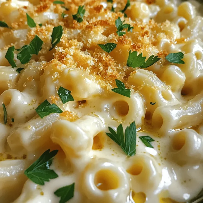 To make my creamy mac and cheese, gather these simple items: - 8 oz elbow macaroni - 4 cups sharp cheddar cheese, shredded - 1 cup Gruyère cheese, shredded - 3 tablespoons unsalted butter - 3 tablespoons all-purpose flour - 3 cups milk (whole or 2%) - 1 teaspoon garlic powder - 1 teaspoon onion powder - 1/2 teaspoon smoked paprika - Salt and pepper, to taste - 1/2 cup breadcrumbs for topping - 2 tablespoons olive oil for topping Cheese is the heart of this dish. I love using sharp cheddar for its bold taste. Gruyère adds a creamy layer with a nutty hint. You can mix and match! Here are some delicious options: - Mozzarella for a gooey stretch - Fontina for extra creaminess - Pepper Jack for a spicy kick While elbow macaroni is classic, feel free to experiment with other shapes. Here are some great choices: - Cavatappi for added texture - Shells for cheese pockets - Fusilli for twirling fun These ingredients work together to create a creamy, dreamy mac and cheese that everyone will love. For the full recipe, check out the details above! Start by boiling a large pot of salted water. Once it’s boiling, add 8 oz of elbow macaroni. Cook it according to the package instructions until it is al dente. This means the pasta will be firm but cooked. Drain the pasta well and set it aside for later. In a large saucepan, melt 3 tablespoons of unsalted butter over medium heat. When the butter is melted, whisk in 3 tablespoons of all-purpose flour. Cook this mix for about 1-2 minutes until it turns light golden. This mix is called a roux and will help thicken your sauce. Gradually add in 3 cups of milk while whisking. Keep stirring this mix until it thickens, which takes about 5-7 minutes. The sauce should coat the back of a spoon. Lower the heat and stir in 4 cups of sharp cheddar cheese and 1 cup of Gruyère cheese. Keep stirring until the cheese melts and the sauce is creamy. Add 1 teaspoon of garlic powder, 1 teaspoon of onion powder, and 1/2 teaspoon of smoked paprika. Season with salt and pepper to taste. Now, mix the cooked elbow macaroni with the cheese sauce. Make sure every piece of pasta is well coated. Preheat your oven to 350°F (175°C) while you prepare the baking dish. Lightly grease a baking dish and transfer the mac and cheese mixture into it. Spread it out evenly. For a crunchy topping, mix 1/2 cup of breadcrumbs with 2 tablespoons of olive oil in a bowl. Sprinkle this mix over the mac and cheese. Bake it for 25-30 minutes until the top is golden brown and bubbly. For the full recipe, check out our detailed instructions and tips! To make your mac and cheese super creamy, start with good cheese. I like to mix sharp cheddar with Gruyère. This combo gives richness and depth. When making your cheese sauce, whisk the milk in slowly. This step helps avoid lumps. Stir the sauce until it thickens and coats the spoon. It should feel silky. If you want even more creaminess, add a splash of cream or a bit of sour cream when mixing in the cheese. Adding flavors makes your mac and cheese shine. Use garlic powder and onion powder for a savory kick. A pinch of smoked paprika adds a fun smoky taste. You can also try mixing in some mustard for a tangy twist. Fresh herbs like thyme or parsley can brighten the dish. Don’t forget to season with salt and pepper. Taste as you go to find the perfect balance. For a crispy topping, use breadcrumbs mixed with olive oil. This mix gives a golden crunch. Spread the breadcrumbs evenly over the mac and cheese. Bake at 350°F for 25-30 minutes. Keep an eye on it. You want the top to be bubbly and brown. Let it cool for a few minutes before serving. This resting time helps the sauce set a bit. Enjoy this creamy, flavorful delight! {{image_4}} You can make your mac and cheese unique with simple add-ins. Try adding cooked bacon, crispy pancetta, or diced ham for a savory kick. You can also mix in sautéed veggies like spinach, broccoli, or bell peppers. These ingredients add both flavor and color. Want more heat? Toss in some jalapeños or a dash of hot sauce. Each spoonful will surprise you! If you follow a vegan or gluten-free diet, you can still enjoy mac and cheese. Use gluten-free pasta made from rice or quinoa. For the cheese sauce, blend soaked cashews with nutritional yeast, garlic, and almond milk. This mix creates a creamy texture without dairy. You can also use store-bought vegan cheese for an easy option. Both choices taste great and keep your meal comforting. Elevate your mac and cheese with gourmet twists. Consider adding truffle oil for a rich, earthy flavor. You can mix in lobster or crab for a seafood delight. For a spicy twist, try adding buffalo sauce and blue cheese. Each of these gourmet ideas takes your dish from ordinary to extraordinary. So, don’t hesitate to experiment! To store leftover mac and cheese, cool it down first. Place it in an airtight container. Make sure to cover it well. It will stay fresh for up to three days in the fridge. If you want to keep it longer, consider freezing it. When it's time to enjoy your leftovers, you have a few options. The oven is best for reheating. Preheat it to 350°F (175°C). Place the mac and cheese in a baking dish. Add a splash of milk for creaminess. Bake for about 20 minutes. Stir halfway through for even heating. You can also use the microwave. Just heat in short bursts, stirring in between. Freezing is great for future meals. Portion out the mac and cheese into small containers. Leave some space at the top for expansion. Wrap each container tightly with plastic wrap. Then, cover with foil or place in freezer bags. Label them with the date. You can freeze it for up to three months. To reheat, thaw it in the fridge overnight. Then, follow the reheating techniques above for the best taste. For the full recipe, check out the Creamy Dreamy Mac & Cheese. Homemade mac and cheese lasts about 3 to 5 days in the fridge. Make sure to store it in an airtight container. This keeps it fresh and safe to eat. If you notice any strange smells or colors, it’s best to toss it. Yes, you can use different types of cheese! Cheddar is classic, but feel free to mix in mozzarella, gouda, or even blue cheese. Each cheese brings its own taste and texture. Just remember to keep the total amount of cheese similar to the recipe. Homemade mac and cheese pairs well with many dishes. You can serve it with grilled chicken, steamed broccoli, or a fresh salad. For a heartier meal, try adding crispy bacon or pulled pork on top. The options are endless! To spice up your mac and cheese, add some cayenne pepper or hot sauce. You can also mix in jalapeños or a sprinkle of chili flakes. Start with a small amount, then increase it to your taste. Bold flavors can take your dish to the next level. For the full recipe, check out the Creamy Dreamy Mac & Cheese section above. It has all the details you need to create this delicious dish at home. Enjoy the creamy goodness! This blog post covered all you need for great mac and cheese. It started with key ingredients, then we walked through simple steps to prepare it. I shared tips for a creamy texture and fun variations to try. You now know how to store and reheat leftovers too. In the end, mac and cheese can be easy and delicious. Enjoy making it your own!