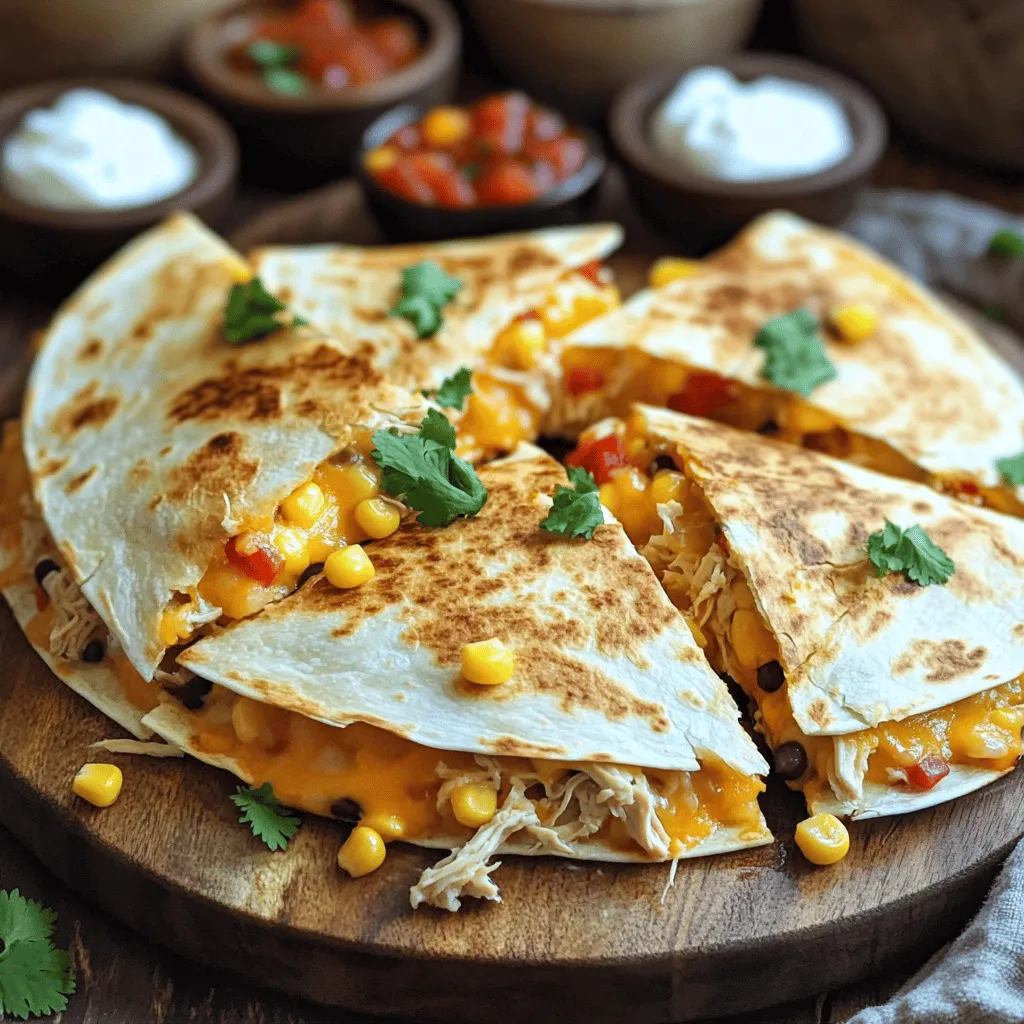 For easy chicken quesadillas, gather these main ingredients: - 2 cups cooked chicken, shredded - 1 cup shredded cheddar cheese - 1 cup shredded Monterey Jack cheese - 1/2 cup corn (canned or frozen) - 1/2 cup black beans, rinsed and drained - 1/4 cup red bell pepper, finely diced - 1/4 cup green onion, chopped - 1 teaspoon ground cumin - 1 teaspoon chili powder - Salt and freshly ground black pepper to taste - 4 large flour tortillas - 2 tablespoons olive oil These ingredients come together to create a flavorful mix. The chicken provides protein, while the cheeses add creaminess. The peppers and onions bring color and crunch. You can enhance your quesadillas with these optional ingredients: - Salsa for dipping - Sour cream for a cool contrast - Fresh cilantro for garnish - Jalapeños for heat Adding salsa or jalapeños can give your dish a kick. Feel free to get creative with your toppings! Each serving of these chicken quesadillas provides essential nutrients. Here’s a quick overview: - Calories: ~350 - Protein: 25g - Carbohydrates: 30g - Fat: 15g - Fiber: 5g This meal is not only delicious but also a good source of protein. Enjoy it as a satisfying lunch or dinner option. For the full recipe, refer to the details above. First, gather all your ingredients. In a large bowl, mix the shredded chicken, cheddar cheese, Monterey Jack cheese, corn, black beans, diced red bell pepper, and chopped green onion. Make sure everything is well combined. This ensures each bite is packed with flavor. Next, add the ground cumin, chili powder, salt, and pepper. Stir again. This step brings out the best tastes in your mixture. Heat a large skillet over medium heat. Add 1 tablespoon of olive oil, letting it coat the skillet. Place one tortilla in the skillet. Spread half of the chicken mixture over one half of the tortilla. Fold the other half over, making a half-moon shape. Cook for 3-4 minutes until the bottom is golden brown and the cheese melts. Flip it carefully and cook for another 3-4 minutes. Repeat this with the other tortillas and filling. You can add more olive oil as needed. Once cooked, cut each quesadilla into wedges. Serve them warm on a bright platter. For a special touch, sprinkle chopped cilantro on top. Place small bowls of salsa and sour cream on the side for dipping. This makes your meal look great and taste even better. Enjoy your easy chicken quesadillas with friends or family! Check out the Full Recipe for more details. To get crispy quesadillas, use medium heat. This lets the cheese melt without burning the tortilla. Use enough oil in the pan. Olive oil gives a nice flavor and crispness. Make sure to flip them carefully. A good spatula helps avoid spills. Cook until both sides are golden brown. This takes about 3-4 minutes per side. One big mistake is overfilling the quesadilla. If it’s too full, it can fall apart. Also, don’t skimp on the oil. A dry quesadilla won't get that golden crisp. Avoid cooking on high heat. This can burn the outside before the cheese melts. Lastly, let the quesadilla sit for a minute before cutting. This helps keep the filling in place. For making quesadillas, a non-stick skillet is best. It helps prevent sticking and makes flipping easy. Use a sharp knife or pizza cutter for slicing. This gives clean cuts for serving. A spatula with a flat edge is great for flipping. Lastly, have a mixing bowl ready for the filling. This keeps your workspace neat and organized. For the full recipe, check out the details above. {{image_4}} You can easily make a tasty vegetarian quesadilla. Just swap the chicken for veggies. Use ingredients like mushrooms, zucchini, or spinach. You can add more cheese for extra yum. Consider black beans for protein and fiber. This version keeps the quesadilla filling and satisfying. Cheese is key for great quesadillas. You can mix and match cheeses for unique flavors. Try pepper jack for a spicy kick. Feta adds a tangy twist, while mozzarella gives a gooey texture. Mix cheddar with gouda for a smoky taste. Experiment with your favorites to find the perfect blend. If you love heat, spice it up! Add jalapeños or red pepper flakes to the filling. You can also try a spicy salsa or hot sauce for dipping. A drizzle of chipotle sauce gives a smoky flavor. Don’t be afraid to adjust the spice to suit your taste. Enjoy the heat! To store leftover quesadillas, let them cool down first. Once cool, wrap each quesadilla in plastic wrap or aluminum foil. Place them in an airtight container. This keeps them fresh and prevents them from drying out. Store the container in the fridge for up to three days. When you reheat your quesadillas, aim for a crispy texture. You can use a skillet for this. Heat it over medium heat and add a little oil. Place the quesadilla in the skillet and heat for about 2-3 minutes on each side. This method brings back the crunchiness. You can also microwave them, but they may get soft. If you choose the microwave, place a paper towel under the quesadilla to absorb moisture. Freezing is a great option if you want to save quesadillas for later. First, wrap each one in plastic wrap. Then, place them in a freezer bag. Remove as much air as possible before sealing. You can freeze them for up to three months. When you want to eat them, thaw in the fridge overnight. Then, reheat in a skillet for the best taste and texture. Enjoy your easy chicken quesadillas anytime! For the full recipe, check the previous sections. No, using raw chicken is not safe for this recipe. You need to cook the chicken first. This ensures it reaches a safe temperature. Cooked chicken also mixes better with other ingredients. You can use leftover chicken or rotisserie chicken to save time. To make this recipe gluten-free, choose gluten-free tortillas. Many stores sell these options now. Make sure to check labels to ensure they are safe. You can still enjoy the same great flavors without gluten. Here are some tasty sides for your quesadillas: - Fresh guacamole - Salsa - Mexican rice - Refried beans - A simple green salad These sides add flavor and variety to your meal. You can mix and match based on what you like. You now have a full guide to making chicken quesadillas. We covered key ingredients, cooking steps, and tips for crispiness. Plus, you learned variations to match your taste. With proper storage, you can enjoy leftovers easily. Cooking doesn’t have to be hard. Stick to these steps, and you’ll impress everyone. Enjoy your tasty quesadillas and make them your own!