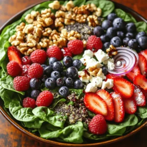 - 4 cups fresh spinach leaves, thoroughly washed and dried - 1 cup mixed berries (such as strawberries, blueberries, and raspberries) - 1/4 cup red onion, finely sliced I love using fresh spinach leaves as the base for this salad. They bring a bright green color and a crisp texture. The mixed berries add sweetness and a pop of color, making the salad look inviting. You can use any berries you have on hand. Strawberries, blueberries, and raspberries work well together. The red onion gives a nice sharpness that balances the sweetness of the berries. - 1/2 cup cooked quinoa, allowed to cool - 2 tablespoons chia seeds - 1/4 cup walnuts, chopped into small pieces - 1/4 cup feta cheese, crumbled Quinoa is a great superfood. It adds protein and makes the salad more filling. I always let it cool before adding it. Chia seeds are tiny but mighty. They boost nutrition and add a fun crunch. Walnuts provide a hearty bite and healthy fats. Feta cheese adds creaminess and a salty flavor. Together, these ingredients create a satisfying mix. - 3 tablespoons balsamic vinaigrette - Salt and pepper, to taste The balsamic vinaigrette ties everything together with its tangy flavor. I drizzle it over the salad just before serving. Always taste before you season. A pinch of salt and a dash of pepper can enhance the flavors. You can make your dressing or use store-bought for ease. For the full recipe, check out the Berry Spinach Superfood Salad section. 1. Start with a large salad bowl. Place 4 cups of fresh spinach leaves in it. This forms the base layer. The bright green color makes the salad inviting. 2. Next, take 1/2 cup of cooked quinoa that has cooled. Evenly spread it over the spinach. Quinoa adds a nutty flavor and protein to the mix. 3. Now, add 1 cup of mixed berries. Use strawberries, blueberries, and raspberries. Disperse them evenly. The berries bring sweetness and a pop of color. 4. Sprinkle 1/4 cup of chopped walnuts across the salad. They add a nice crunch. 5. Crumble 1/4 cup of feta cheese on top. This brings a creamy texture that balances the crunch of the walnuts. 6. Add 1/4 cup of finely sliced red onion. This adds a sharp flavor. 7. Finally, sprinkle 2 tablespoons of chia seeds over the salad. These are superfoods that boost nutrition. 8. Now, pour 3 tablespoons of balsamic vinaigrette all over the salad. Carefully toss the ingredients. Be gentle to avoid bruising the spinach. 9. Season with salt and pepper to taste. Adjust according to your preference. For serving, you can use a large bowl for a family-style meal. For individual servings, divide the salad into smaller bowls. Garnish each plate with extra berries and a sprinkle of chia seeds. This adds to the visual appeal. Use the [Full Recipe] for more details on making this delicious salad. If you want to switch things up, you can easily change the greens. Try kale or arugula for a new taste. They both add nice flavors and textures. For the berries, you have many options. You can use blackberries, cherries, or even diced mango. Each choice brings a unique twist to the salad. This salad pairs well with protein options. Grilled chicken, shrimp, or chickpeas make great additions. You’ll get a full meal with these proteins. Berry spinach superfood salad is perfect for many occasions. Serve it at picnics, potlucks, or family dinners. Its bright colors make it a hit at any gathering. To boost flavor, consider adding spices. A pinch of cinnamon or nutmeg can work wonders. They add warmth and depth to the salad. Toppings can add a fun crunch. Try sunflower seeds or roasted chickpeas for texture. You can even add crispy bacon for a savory kick. For the full recipe, check out the Berry Spinach Superfood Salad! {{image_4}} You can change the fruits in this salad with the seasons. In summer, use fruits like peaches or nectarines. These fruits add a juicy sweetness and a lovely texture. In the fall, swap in apples or pears. These fruits bring a crisp bite and complement the spinach well. If you follow a vegan diet, replace feta cheese with avocado. It adds creaminess without the dairy. You can also skip the cheese altogether for a lighter option. For those needing gluten-free options, this salad is naturally gluten-free. Just ensure the quinoa is certified gluten-free. To make this salad heartier, add proteins like grilled chicken or tofu. Both options boost the protein content and keep you full longer. You can also play with dressings. Try a honey mustard or a lemon-tahini dressing for a fresh twist. Each dressing changes the flavor and gives a new twist on the classic salad. For the complete recipe, check out the Full Recipe section. To keep your Berry Spinach Superfood Salad fresh, store the salad components separately. Place the spinach, quinoa, and berries in different containers. This method prevents sogginess and keeps flavors bright. You can add the nuts and feta just before serving. This way, you enjoy the crunch and creaminess every time. In the fridge, this salad lasts about three days. After that, the spinach may wilt, and the berries might spoil. Do not freeze the salad. Freezing changes the texture of spinach and berries. If you want to save quinoa, you can freeze it for later use. If you want to use leftover quinoa in a new salad, mix it with fresh ingredients. This adds a new flavor and keeps the dish exciting. For reheating quinoa, add a splash of water and microwave it for about one minute. This keeps it fluffy and tasty. Enjoy your leftovers with new twists! For the full recipe, refer back to the Berry Spinach Superfood Salad section. To keep your spinach salad fresh, store it in an airtight container. This helps lock in moisture and keeps the greens crisp. Place a paper towel inside to absorb excess moisture. If you want the best taste, eat the salad within two days. Yes, you can use other nuts in this salad. Almonds, pecans, or cashews work well. Each nut adds a unique flavor and crunch. Just chop them into small pieces before adding. This keeps the texture nice and even. To make the salad vegan, skip the feta cheese. You can replace it with avocado for creaminess. Another option is to use a dairy-free cheese. This keeps the flavors rich without animal products. Enjoy the same great taste while following a vegan diet! For the full recipe, check out the details above. In this blog post, we explored fresh ingredients for a vibrant salad. We used spinach, berries, quinoa, and topped it off with walnuts and feta. I shared easy steps for preparation and tips for serving and presentation. Variations, dietary options, and storage advice were also included. Remember, creativity makes cooking fun. Don't hesitate to add your own twists! Enjoy making this nutritious salad that fits any occasion.