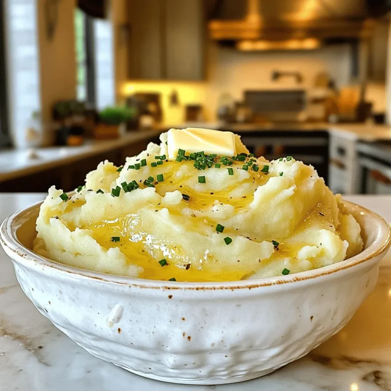 - 2 pounds Yukon Gold potatoes - 4 cloves garlic - 1 cup heavy cream - 4 tablespoons unsalted butter - Salt and freshly ground black pepper - 2 tablespoons sour cream (optional) - Fresh chives for garnish When choosing potatoes, go for Yukon Gold. They have a nice creamy texture. Look for firm and smooth skin without any bruises. Fresh potatoes make a big difference in taste. Check the weight; heavier potatoes often have more moisture. Use fresh garlic cloves for the best flavor. Pre-minced garlic lacks the strong taste you want. If you want a different flavor, try roasting the garlic first. Roasting gives it a sweet, rich taste that blends well with the potatoes. Simply wrap whole cloves in foil and roast until soft. To start, you need to peel the potatoes. Use a sharp peeler for this task. After peeling, cut the potatoes into small cubes. Aim for pieces that are about one inch thick. This size helps them cook evenly. Next, fill a large pot with water. Add a generous pinch of salt. Salting the water enhances the potatoes' flavor. Bring the water to a boil over medium-high heat. When the water bubbles, add the cubed potatoes and whole garlic cloves. Cook the potatoes and garlic for about 15 to 20 minutes. You want them to be fork-tender. To check, pierce a potato with a fork. If it goes in easily, they are ready. Once done, drain the water. Return the potatoes and garlic back to the pot for the next step. Now comes the fun part! Add the unsalted butter to the warm potatoes and garlic. The heat will melt the butter, adding rich flavor. Pour in the heavy cream next. Use a sturdy potato masher to mash the mixture. Keep mashing until it is smooth and creamy. You want to avoid lumps, so take your time. If you like a tangy taste, now is the time to add sour cream. Stir it in until it blends well. For the best texture, consider using a ricer for ultra-smooth potatoes. These steps will guide you to make creamy garlic mashed potatoes. For the complete recipe, check out the Full Recipe. To make your mashed potatoes creamy, heavy cream and butter are key. Heavy cream adds richness, while butter offers a lush flavor. Together, they create a smooth texture that melts in your mouth. You can also try adding sour cream for tanginess. If you want a lighter mash, use chicken broth instead of cream. This keeps the flavor but cuts the calories. To boost the flavor, think of other seasonings. You can add garlic powder, onion powder, or even a pinch of nutmeg. Fresh herbs like parsley or thyme also work well. They add freshness and a pop of color. Just chop them finely and mix them in right before serving. You will love how they brighten the dish. Lumps in your mash can ruin the experience. To avoid them, make sure to mash the potatoes while they are warm. Use a potato masher for a smooth texture. Avoid using a food processor, as it can whip the potatoes and make them gluey. Mix until just combined, and you'll achieve that perfect creamy mash. {{image_4}} You can swap some ingredients for healthier options. Use low-fat milk instead of heavy cream. This change lowers the calories while keeping it creamy. You can also use olive oil instead of butter. This adds healthy fats and flavor. For a vegan version, try using almond milk and vegan butter. This keeps the taste rich without dairy. You can make your mashed potatoes even more exciting. Add cheese like cheddar or Parmesan for a cheesy twist. Fresh herbs like parsley or rosemary give unique flavors. For seasonal variations, mix in roasted butternut squash in fall or fresh peas in spring. Each option adds a fun twist. Mashed potatoes pair well with many main dishes. They go great with roasted chicken or grilled steak. For a fun twist, serve them in a hollowed-out bread bowl. This makes a lovely presentation. You can also use a piping bag to shape them for a fancy look. Top with extra chives or a drizzle of olive oil for more flair. For the full recipe, check out the Heavenly Creamy Garlic Mashed Potatoes section. To keep your creamy garlic mashed potatoes fresh, you have two options: refrigerating or freezing. - Refrigerating: Store them in an airtight container. This keeps them moist and tasty. - Freezing: If you want to save them longer, freeze in a sturdy container. Make sure to leave space for expansion. When reheating, you want to keep the creamy texture. Here are the best methods: - Microwave: This is quick. Heat in short bursts and stir often to avoid hot spots. - Stovetop: Place in a pot with a splash of cream or milk. Stir over low heat until warm and creamy. How long can they last? - Fridge: Enjoy them within 3-5 days for the best taste. - Freezer: They can last for a month. Look out for these signs that mashed potatoes have gone bad: - Sour smell - Change in color - Lumpy texture or excessive dryness For the full recipe, check the section above. Yes, you can make mashed potatoes ahead of time. To prepare and store them: - Make the mash as usual and let it cool. - Transfer to an airtight container and refrigerate. - When ready to serve, reheat gently on the stove or in the microwave. - Add a splash of cream or milk to keep them creamy. To avoid lumps, follow these tips: - Use the right potatoes; Yukon Golds work best. - Make sure to boil them until soft. - Use a potato masher, not a mixer, to mash. - If you have lumps, you can press the potatoes through a sieve. Creamy garlic mashed potatoes pair well with: - Roasted chicken or turkey for a classic meal. - Grilled steak or pork for a hearty dinner. - Steamed broccoli or green beans for a fresh touch. Yes, you can use other potatoes. Here’s a quick look: - Waxy potatoes, like red potatoes, hold their shape. - Starchy potatoes, like Russets, yield fluffier mash. - Yukon Golds are a great mix of both types. To make mashed potatoes vegan, swap out dairy: - Use almond milk or coconut milk instead of cream. - Replace butter with vegan butter or olive oil. - Omit sour cream, or use a vegan alternative. This keeps the flavor while making it plant-based. For the Full Recipe of creamy garlic mashed potatoes, check out the detailed steps above. You now have all the steps to create perfect creamy garlic mashed potatoes. We covered everything from choosing Yukon Gold potatoes to enhancing flavors and adding variations. Remember to store leftovers properly for future meals. By following these tips, you can enjoy mashed potatoes that are smooth, creamy, and bursting with flavor. Whether for a family dinner or a holiday feast, these potatoes will impress everyone. Enjoy your cooking journey and relish the delicious results.