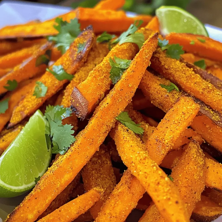 To make spiced sweet potato fries, you need the following ingredients: - 2 large sweet potatoes - 2 tablespoons olive oil - Spices: smoked paprika, garlic powder, ground cumin, cayenne pepper, salt, black pepper - Fresh cilantro for garnish - Lime wedges for serving Using fresh, high-quality ingredients makes a big difference. Sweet potatoes are naturally sweet and creamy. They pair well with the spices, creating a tasty snack. The olive oil helps the fries crisp up nicely in the oven. For the spices, I recommend using smoked paprika. It adds a warm, smoky flavor. Garlic powder gives a nice kick, and ground cumin adds depth. Cayenne pepper gives heat, but you can adjust it to your taste. Salt and black pepper enhance all the flavors. I love garnishing the fries with fresh cilantro. It adds brightness and a pop of color. Lime wedges are perfect for squeezing over the fries. They bring a zesty freshness that balances the sweetness of the potatoes. This recipe is simple yet full of flavor. You can find the full recipe for these delicious spiced sweet potato fries in the complete article outline. 1. First, preheat your oven to 425°F (220°C). This step is key for crispy fries. 2. Line a baking sheet with parchment paper. This helps with easy cleanup. 3. Next, peel the sweet potatoes. Make sure to remove all the skin. 4. Slice the sweet potatoes into thin fries. Aim for uniform thickness for even cooking. 1. Place the sliced fries in a large bowl. 2. Drizzle the olive oil over the fries. This helps the spices stick. 3. Toss the fries gently to coat them evenly in oil. Make sure each fry is covered. 4. In a separate bowl, mix the spices: smoked paprika, garlic powder, ground cumin, cayenne pepper, salt, and black pepper. 5. Sprinkle the spice blend over the oiled fries. Toss again to coat every fry well. 1. Spread the seasoned fries on the lined baking sheet. Give them space to cook evenly. 2. Place the baking sheet in the preheated oven. Bake for 25-30 minutes. 3. Flip the fries halfway through. This ensures they crisp up on all sides. 4. Once they are golden brown, carefully take them out. Let them cool for a few minutes. 5. Serve the fries hot with chopped cilantro and lime wedges for a fresh taste. For the full recipe, refer to the detailed instructions above. To get crispy sweet potato fries, spacing is key. When you lay the fries on the baking sheet, keep them apart. This allows hot air to flow around each fry. If they touch, they will steam instead of crisp up. Flipping the fries halfway is also important. Set a timer for 15 minutes into baking. Use a spatula to turn them. This ensures both sides cook evenly. You’ll see a nice golden color on each side when done. Want more heat? You can change the cayenne pepper. If you like it mild, use less. Start with a pinch and add more if needed. Adjust it to fit your taste. You can also mix in different spices. For a twist, try adding chili powder or some herbs. Experiment with your favorite flavors. This lets you create your own unique blend. Get creative! For the full recipe, check out the Sassy Spiced Sweet Potato Fries. {{image_4}} You can change the flavor of your sweet potato fries easily. For a Mediterranean twist, try adding herbs like oregano and thyme. These herbs give a fresh taste. Just mix them into your spice blend. You can use about 1 teaspoon of each. This adds depth and a new kick to your fries. If you want something sweet, think about using cinnamon and nutmeg. These spices can turn your fries into a dessert treat. Add 1 teaspoon of cinnamon and a pinch of nutmeg to the mix. This creates a warm, cozy flavor. Serve these with a drizzle of honey or maple syrup for a tasty contrast. You don’t have to bake your fries to make them crispy. An air fryer is a great option. It cooks the fries quickly and makes them crispy without much oil. Simply toss your sweet potato fries with olive oil and spices. Cook them at 400°F (200°C) for about 15-20 minutes. Shake the basket halfway through to ensure even cooking. Another method is pan-frying. This adds extra flavor and a nice crunch. Heat 2 tablespoons of oil in a large skillet over medium heat. Add the fries in a single layer. Cook them for about 5-7 minutes on each side. This way, you get deliciously crispy fries with a rich taste. To keep your leftover fries fresh, place them in an airtight container. Make sure they cool down before sealing. Store them in the fridge for up to three days. For best taste, eat them within one day. When you are ready to enjoy them again, reheating is key. The oven is the best option for keeping them crispy. Preheat the oven to 400°F (200°C). Spread the fries on a baking sheet. Heat them for about 10 minutes, flipping halfway through. This method restores their original crunch. If you want to freeze uncooked fries, cut them as you normally would. Rinse them in cold water to remove excess starch. Pat them dry with a towel. Spread them on a baking sheet in a single layer. Freeze them for 1-2 hours until firm. Then, transfer them to a freezer-safe bag. They can last up to three months in the freezer. When you're ready to cook the frozen fries, there's no need to thaw them. Preheat your oven to 425°F (220°C). Spread the frozen fries on a baking sheet. Bake for about 30-35 minutes, flipping halfway. Enjoy your crispy fries straight from the oven! For a complete guide, check the Full Recipe. Spiced sweet potato fries taste best when fresh. You can store leftovers in the fridge for up to three days. Make sure to place them in an airtight container. Reheat them in the oven for a crisp texture. Yes, you can use other potatoes like russet or Yukon gold. Each type will give a different flavor and texture. Sweet potatoes add natural sweetness, while regular potatoes offer a classic fry taste. Feel free to experiment! Sweet potato fries pair well with many sauces. Here are some great options: - Ketchup - Garlic aioli - Chipotle mayo - Honey mustard - Ranch dressing These sauces enhance the flavors and add fun to your snack! You can prepare the fries in advance. Slice and season them, then store in the fridge for up to a day. When ready, bake them straight from the fridge. This saves time and still gives you crispy, flavorful fries. For the full recipe, check out the details above! This post showed you how to make tasty spiced sweet potato fries. We covered the key ingredients, the step-by-step process, and ways to ensure perfect crispiness. You learned how to adjust spice levels and even explore different flavors. Remember, you can store or freeze leftovers for later enjoyment. With just a few simple steps, you can create fries that are delicious and fun. Enjoy your cooking and savor every bite!