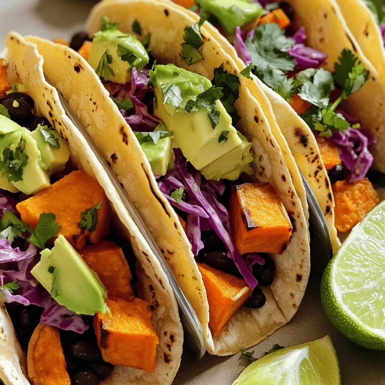 To make savory sweet potato black bean tacos, gather these ingredients: - 2 medium sweet potatoes, peeled and diced into 1-inch cubes - 1 can (15 oz) black beans, thoroughly drained and rinsed - 1 tablespoon extra-virgin olive oil - 1 teaspoon ground cumin - 1 teaspoon chili powder - 1/2 teaspoon smoked paprika - Sea salt and freshly cracked black pepper, to taste - 8 small corn tortillas - 1 ripe avocado, sliced into thin pieces - 1/2 cup red cabbage, finely shredded - Fresh cilantro leaves, for garnish - Lime wedges, for serving You can swap some ingredients if you need to. Here are a few ideas: - Use butternut squash instead of sweet potatoes for a different flavor. - Any canned beans work, like pinto or kidney beans. - If you don’t have olive oil, try avocado oil or coconut oil. - For a smoky taste, you can use smoked salt instead of regular salt. - You can use flour tortillas if corn tortillas are not your favorite. These tacos are not just tasty; they are good for you! Here’s a quick look at the nutrition: - Sweet Potatoes: High in fiber and vitamins A and C. - Black Beans: Great source of protein and iron. - Avocado: Packed with healthy fats and potassium. - Red Cabbage: Rich in antioxidants and vitamins K and C. Each serving has around 400 calories, making them a healthy meal option. You get a good mix of carbs, protein, and fats in every bite. Enjoy these tacos knowing you are eating well! For the full recipe, check out the details above. 1. Preheat your oven to 400°F (200°C). This heat helps the sweet potatoes cook well. 2. Peel and cut 2 medium sweet potatoes into 1-inch cubes. Place them in a large bowl. 3. Add 1 tablespoon of olive oil, 1 teaspoon of cumin, 1 teaspoon of chili powder, 1/2 teaspoon of smoked paprika, and salt and pepper to taste. 4. Mix well so the sweet potatoes are evenly coated with oil and spices. 1. Spread the sweet potatoes on a baking sheet in a single layer. This helps them roast evenly. 2. Roast in the oven for 25-30 minutes. Stir halfway through to ensure they brown well. 3. While the sweet potatoes roast, heat 8 small corn tortillas in a dry skillet over medium heat for about 1 minute on each side. 4. Keep the warm tortillas wrapped in a clean towel to stay soft and warm. 5. In another bowl, drain and rinse 1 can of black beans. Lightly mash the beans with a fork, leaving some whole for texture. 1. Once the sweet potatoes are ready, combine them gently with the black beans. 2. Take a warm tortilla and spoon the sweet potato and black bean mixture into the center. 3. Add slices of 1 ripe avocado, a handful of shredded red cabbage, and fresh cilantro leaves on top. 4. Serve the tacos right away with lime wedges on the side for a zesty touch. For the full recipe, check out the detailed instructions and tips to make your cooking easier! To get the best sweet potatoes, start by cutting them evenly. This helps them cook at the same time. Use a good amount of olive oil. It adds flavor and helps them brown nicely. Don't forget the spices! Cumin, chili powder, and smoked paprika bring out the sweet potato's natural taste. Stir them halfway through cooking to make sure they roast evenly. You want them soft and slightly caramelized for the best flavor. Keeping your tortillas warm is key for tasty tacos. After you warm each tortilla in a skillet, stack them on a plate. Cover the stack with a clean kitchen towel. This keeps them soft and warm until you're ready to serve. You can also place the covered plate in a low oven if you need to keep them warm for a while. Want to make these tacos even better? Try adding some lime juice over the top. It adds a zesty kick that pairs well with the sweet potatoes. You can also add hot sauce for a spicy twist. For crunch, top with finely shredded cabbage or fresh radishes. Fresh cilantro gives a bright flavor and a lovely touch. Serve your tacos on a platter with lime wedges to share. Check out the Full Recipe for more tips and ideas! {{image_4}} You can add different proteins to your sweet potato black bean tacos. For meat lovers, chicken or beef work well. Cook the meat with the same spices you use for the sweet potatoes. This way, you keep the flavors bold and rich. If you want a quick option, try shredded rotisserie chicken. It saves time and still tastes great. For plant-based protein, consider adding quinoa or lentils. Both are nutritious and filling options that blend seamlessly with the sweet potatoes and beans. These tacos are already vegan-friendly, but you can make a few tweaks for variety. Use a dairy-free yogurt instead of sour cream as a topping. You can also experiment with different plant-based cheeses. A sprinkle of nutritional yeast adds a cheesy flavor without dairy. If you want a kick, add some diced jalapeños or hot sauce to the mix. This gives you an extra layer of flavor without sacrificing your vegan goals. The toppings can transform your tacos. Try pickled onions for a zesty bite. They add a nice crunch too. You can also use fresh corn salsa for sweetness and texture. If you love heat, add a drizzle of chipotle sauce. For sides, consider serving with a fresh salad or some roasted veggies. A side of black bean soup complements these tacos perfectly. Explore these options to elevate your meal and impress your guests. For the full recipe, check the details above. To keep your tacos fresh, you need to store them right. Place any leftover tacos in an airtight container. If you have extra filling, store it separately. This helps keep the tortillas from getting soggy. You can keep them in the fridge for 2-3 days. When you're ready to enjoy your leftover tacos, here's how to reheat them. If they are in a container, take them out and place them on a plate. Cover with a damp paper towel to keep them moist. Heat in the microwave for 30 to 60 seconds. If you prefer a crispy tortilla, use a skillet. Warm them over medium heat for 1-2 minutes on each side. Freezing your sweet potato black bean tacos is easy. First, let the filling cool completely. Then, place it in a freezer-safe bag. Squeeze out the air and seal it tight. You can freeze the filling for up to 3 months. For best results, freeze the tortillas separately. When you want to eat them, let them thaw in the fridge overnight before reheating. This way, you can enjoy your tacos anytime! For the full recipe, check out the Sweet Potato Black Bean Tacos section above. Yes, you can use other beans. Pinto beans work well too. You might try kidney beans for a different taste. Chickpeas can add a nice texture, too. Each bean brings its unique flavor, so feel free to experiment. You can add many veggies to your tacos. Bell peppers add color and crunch. Zucchini or corn can be tasty options. Onions can bring sweetness when cooked. Just chop them small and mix them in with the sweet potatoes. To spice up your tacos, add more chili powder. You can also use jalapeños or hot sauce. A sprinkle of cayenne pepper adds heat without altering the flavor. If you like it hot, try chipotle peppers for a smoky kick. For the full recipe, check out the Sweet Potato Black Bean Tacos! We covered the key ingredients and steps to make delicious tacos. You learned about substitutions and nutritional info, plus how to store and reheat leftovers. Adapting this recipe to your taste is easy with different proteins and toppings. Don’t forget the helpful tips for perfecting your dish. So, gather your ingredients and get cooking. Enjoy your tasty tacos and make them your own!