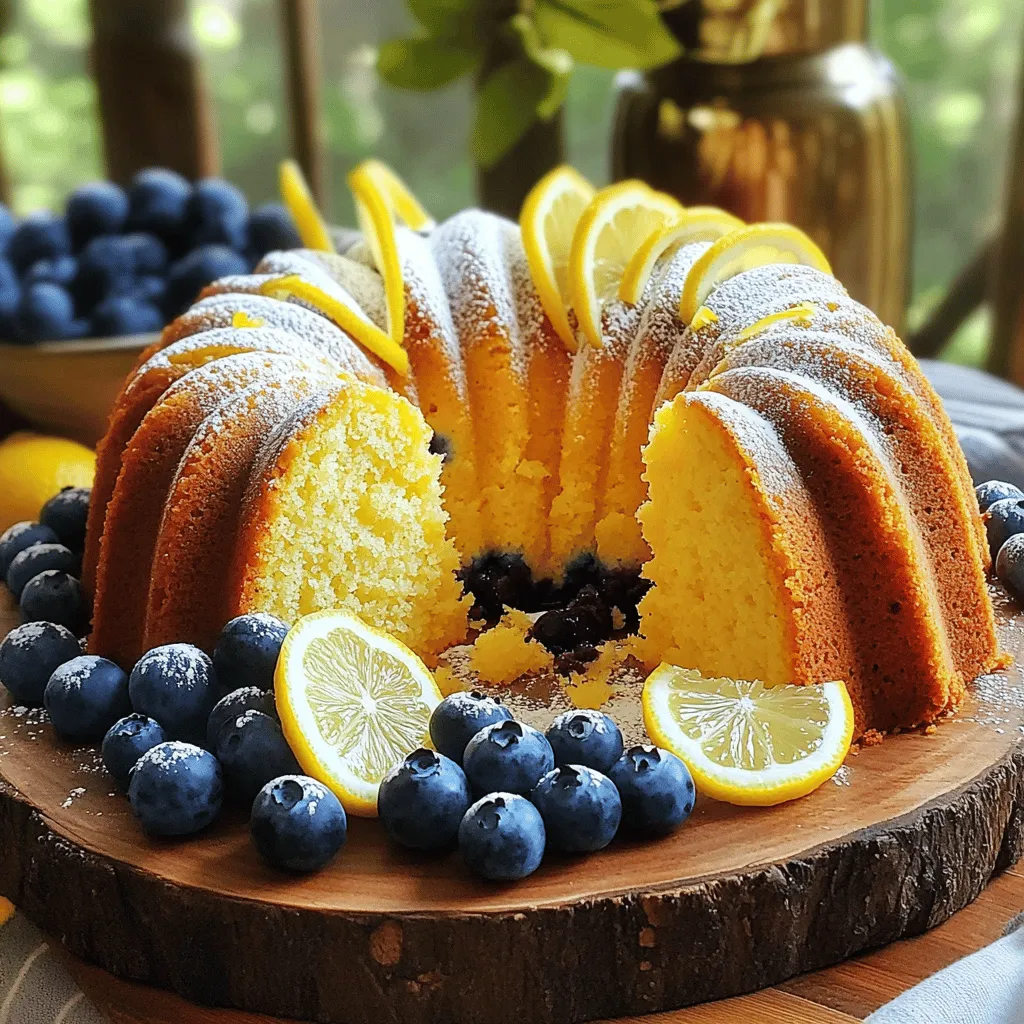 - 1 cup unsalted butter, softened to room temperature - 2 cups granulated sugar - 4 large eggs, at room temperature - 3 cups all-purpose flour, sifted - 1 teaspoon baking powder - 1/2 teaspoon baking soda - 1/2 teaspoon salt - 1 cup creamy Greek yogurt - Zest of 2 large lemons (about 2 tablespoons) - 1/4 cup freshly squeezed lemon juice - 2 cups fresh blueberries (or frozen, if fresh are unavailable) - 1 teaspoon pure vanilla extract Using fresh blueberries and real lemon is key for great flavor. Fresh blueberries burst with juice, adding sweetness and color. They keep the cake moist and tasty. Real lemon juice and zest bring a bright, tangy note that balances the sugar. These fresh ingredients make the cake stand out. You can add a glaze or frosting for extra sweetness. A simple lemon glaze is easy to make. Just mix powdered sugar with lemon juice until smooth. Drizzle it over the cooled cake for a zesty touch. For serving, pair the cake with whipped cream or a scoop of vanilla ice cream. A dollop of Greek yogurt also works well. These options add creaminess and contrast to the lemony flavor. For the full recipe, check out the Lemon Blueberry Bliss Pound Cake recipe. Start by preheating your oven to 350°F (175°C). This ensures your cake bakes evenly. Next, you need to prepare your loaf pan. Generously grease and flour a 10-cup loaf pan, or line it with parchment paper. This makes it easy to remove the cake later. Make sure to cover all the sides and corners well. In a large bowl, cream together 1 cup of softened butter and 2 cups of sugar using an electric mixer. Mix on medium speed until light and fluffy, which should take about 5 minutes. Add 4 large eggs, one at a time. Mix well after each egg to combine. In a separate bowl, whisk together 3 cups of sifted all-purpose flour, 1 teaspoon of baking powder, 1/2 teaspoon of baking soda, and 1/2 teaspoon of salt. This helps the cake rise evenly. Gradually add the dry mixture to the butter-sugar mix. Alternate with 1 cup of creamy Greek yogurt. Start and end with the flour mix. Mix gently, so you don’t overmix. Now, fold in the zest of 2 lemons, 1/4 cup of lemon juice, and 1 teaspoon of pure vanilla extract. Finally, fold in 2 cups of blueberries, being careful not to crush them. Pour the batter into your prepared loaf pan. Smooth the top with a spatula. Place the pan in the oven and bake for 60-70 minutes. A toothpick inserted into the center should come out clean or with a few moist crumbs. Let the cake cool in the pan for about 15 minutes after baking. Then, transfer it to a wire rack to cool completely. For serving, slice the cake and arrange it on a platter. You can garnish it with fresh blueberries and thin slices of lemon. This adds a nice touch to the presentation. If you want, sprinkle powdered sugar on top or drizzle a simple lemon glaze for extra sweetness. For the full recipe, check the provided details. To get a nice texture in your Lemon Blueberry Pound Cake, avoid overmixing. When you mix too much, the cake can become tough. Mix just until the ingredients are combined. This way, your cake will be soft and tender. If you use a different loaf pan size, adjust your baking time. A smaller pan may need less time, while a larger one may need more. Always check your cake with a toothpick. If it comes out clean, your cake is ready. Make sure your ingredients are at room temperature. Cold butter or eggs can affect how well they mix. Room temperature ingredients help create a fluffy batter. Accurate measurements are crucial. Use a kitchen scale or measuring cups to get it right. Too much flour can make your cake dry, while too little can make it dense. Following the Full Recipe helps ensure you get it right every time. {{image_4}} You can easily swap fruits in this recipe. Raspberries and strawberries work well. Each fruit brings a unique taste. Try mixing blueberries with lemon zest for a fun twist. You can also use flavor extracts. Almond or coconut extracts can add depth to your pound cake. Just use a teaspoon or two, depending on your taste. This small change can transform the cake into something special. For those needing gluten-free options, use gluten-free flour blends. They work well in pound cake. Make sure to check the package for the correct measurements. Lower-sugar alternatives also exist. You can use stevia or monk fruit sweetener. These swaps won't change the texture much. The cake will still be moist and full of flavor. For more details about making this cake, check the Full Recipe! To keep your lemon blueberry pound cake fresh, store it in the fridge. Wrap it tightly in plastic wrap or put it in an airtight container. This helps keep moisture in. If you want to save it longer, freeze the cake. Slice it first for easy thawing. Wrap each slice in plastic wrap, then place in a freezer bag. When you’re ready to enjoy it again, let it thaw in the fridge overnight. To reheat, place a slice in the microwave for about 10-15 seconds. This warms it up and keeps it moist. You can also warm slices in the oven at 350°F for about 5-7 minutes. The cake stays fresh in the fridge for about 5-7 days. If stored in the freezer, it can last up to 3 months. Always check for signs of spoilage. If you see mold or it smells off, it's best to discard it. A dry texture can also mean it's past its prime. Keeping an eye on your cake helps ensure you enjoy its delightful flavors at their best! Yes, you can use frozen blueberries in this recipe. Just remember a few tips: - Do not thaw the blueberries before adding them to the batter. This helps keep your cake from turning blue. - Toss the frozen blueberries in a bit of flour before mixing them in. This helps them stay suspended in the batter. If your pound cake turns out dry, here are some ideas to boost moisture: - Use full-fat Greek yogurt instead of low-fat. It adds creaminess. - Try adding a splash of milk or cream to the batter. This can help create a softer cake. - Ensure you do not overbake. Check for doneness a few minutes early. A lemon glaze is simple to make. Here’s a quick recipe: - Mix 1 cup of powdered sugar with 2 tablespoons of lemon juice. - Stir until smooth. Adjust the thickness by adding more sugar or lemon juice as needed. - Drizzle the glaze over the cooled pound cake for a sweet finish. Yes, you can adapt this recipe for various diets: - For gluten-free, use a gluten-free flour blend. Make sure it has a good structure. - To lower sugar, try using a sugar substitute that measures cup-for-cup. - For dairy-free, replace yogurt with a non-dairy yogurt. This keeps the cake moist. Explore the full recipe to see how you can mix and match! This blog covered the key ingredients needed for a delicious lemon blueberry pound cake. It explained preparation steps, mixing techniques, and how to achieve the best flavor and texture. You learned helpful tips, common mistakes to avoid, and various ways to customize your cake. Finally, we discussed storage methods and answered common questions. With this knowledge, you can bake confidently. Enjoy experimenting with flavors and sharing your cake with others. Happy baking!