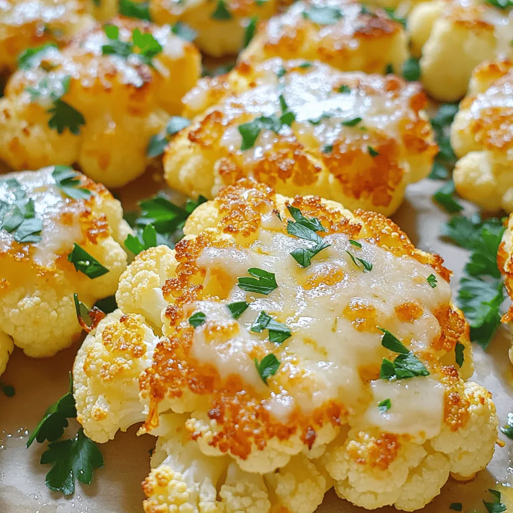 - 1 large head of cauliflower, cut into bite-sized florets - 3 tablespoons extra virgin olive oil - 4 cloves of garlic, finely minced - 1/2 cup freshly grated Parmesan cheese - 1 teaspoon onion powder - 1/2 teaspoon dried thyme - 1/2 teaspoon smoked paprika - Sea salt and freshly cracked black pepper to taste - Fresh parsley, finely chopped (for garnish) When I crave a flavor explosion, I turn to Garlic Parmesan Roasted Cauliflower. This dish uses simple ingredients but packs a punch. The cauliflower shines with the garlic, which brings warmth. The Parmesan adds a savory depth that makes it hard to stop eating. - Calories and Macronutrients: One serving has about 150 calories. It offers carbs, protein, and healthy fats. - Vitamins and Minerals: This dish is rich in vitamin C and K. It also provides calcium from the cheese. - Serving Size Details: The recipe serves four. You can easily adjust it for more guests. This Garlic Parmesan Roasted Cauliflower is not just tasty; it's also good for you. You can find the full recipe above for your cooking adventure. First, preheat your oven to 425°F (220°C). This high heat helps the cauliflower get crispy. While the oven heats, grab a rimmed baking sheet and line it with parchment paper. This keeps the cauliflower from sticking and makes clean-up easy. Next, prepare the garlic marinade. In a large bowl, pour in 3 tablespoons of extra virgin olive oil. Add 4 cloves of finely minced garlic, 1 teaspoon of onion powder, 1/2 teaspoon of dried thyme, and 1/2 teaspoon of smoked paprika. Season with sea salt and freshly cracked black pepper to taste. Whisk it all together until you have a smooth mixture. Now, it’s time to toss the cauliflower. Add 1 large head of cauliflower, cut into bite-sized florets, to the bowl. Use your hands or a spatula to coat each floret well with the marinade. Make sure every piece gets that tasty flavor! Spread the coated cauliflower evenly on the prepared baking sheet. Keep them in a single layer for the best roasting. Place the baking sheet in the oven and roast for 25-30 minutes. Stir the cauliflower halfway through. This helps it brown evenly and stay tender. Look for a nice golden brown color to know it’s done. After roasting, carefully remove the baking sheet from the oven. Immediately sprinkle 1/2 cup of freshly grated Parmesan cheese over the hot cauliflower. Make sure the cheese covers all the pieces. Return the baking sheet to the oven for an extra 5 minutes. This melts the cheese and adds a bubbly, golden touch. Once the cheese is melted, take the cauliflower out of the oven. For a beautiful finish, sprinkle finely chopped fresh parsley on top. This adds color and freshness to your dish. For presentation, serve the roasted cauliflower on a bright platter, garnished with parsley. A lemon wedge on the side offers a nice touch. Squeeze it over the cauliflower for extra zest! Enjoy your flavorful dish, inspired by the Full Recipe! To ensure even roasting, cut the cauliflower into similar-sized florets. Aim for bite-sized pieces. This helps them cook at the same rate. Spread the florets out on the baking sheet. Do not overcrowd them. Each piece needs space to roast well. Stir halfway through cooking for even browning. For optimal flavor with seasoning, mix the marinade well. Combine olive oil, garlic, and spices in a bowl. Toss the cauliflower in the marinade until each piece is coated. Let it sit for a few minutes to absorb the flavors. This step boosts the taste of your roasted cauliflower. Pair Garlic Parmesan Roasted Cauliflower with main dishes like grilled chicken or fish. It also complements pasta nicely. The rich flavors balance the meal. For garnishing ideas, sprinkle more parsley on top. You can also add lemon zest for a fresh touch. A squeeze of lemon juice enhances the dish's flavor too. Prepping ingredients in advance makes cooking easier. You can chop the cauliflower and make the marinade a day before. Keep them in the fridge until you're ready to roast. This saves time and keeps the flavors fresh. For reheating, place leftovers on a baking sheet. Heat them in a 350°F oven for about 10-15 minutes. This helps retain the crispy texture. You can also microwave them, but they may become soft. Enjoy your Garlic Parmesan Roasted Cauliflower as part of your meal or as a tasty snack! For the full recipe, click here. {{image_4}} Adding spices or herbs can take Garlic Parmesan Roasted Cauliflower to new levels. Try adding a pinch of red pepper flakes for heat. A sprinkle of Italian seasoning can bring a fresh twist. You can also experiment with fresh herbs like rosemary or basil to elevate the dish. Using different cheese options gives you more room to play. If you want a dairy-free option, try nutritional yeast for a cheesy flavor. For a richer taste, you can use aged cheddar or even feta cheese. Each cheese brings a unique profile to the dish. Vegan adaptations are easy to make. Replace Parmesan cheese with nutritional yeast or a vegan cheese. Use olive oil to sauté garlic and skip any dairy. This makes a delicious side dish that fits a vegan diet. For gluten-free considerations, this recipe is already gluten-free. Just ensure your cheese and any seasoning blends are also gluten-free. This way, anyone can enjoy this tasty dish without worry. Transforming Garlic Parmesan Roasted Cauliflower into a salad is simple. Toss it with fresh greens, cherry tomatoes, and a light vinaigrette. This adds crunch and freshness to your meal. Using the roasted cauliflower in grain bowls or wraps is another great idea. Combine it with quinoa, brown rice, or farro for a hearty bowl. Wrap it in a tortilla with hummus and fresh veggies for a quick lunch. For the full recipe, refer back to the ingredients and instructions provided earlier. Enjoy the many ways to make this dish your own! To keep your garlic parmesan roasted cauliflower fresh, store it right. Use an airtight container. Place it in the fridge within two hours after cooking. This helps prevent bacteria growth. You can enjoy leftovers for up to three days. Keep it in the main part of the fridge, not the door. Want to save some for later? Freezing works well for roasted cauliflower. First, let it cool completely. Then, spread it on a baking sheet and freeze for an hour. This prevents clumping. Next, transfer the cauliflower to a freezer-safe bag. Remove as much air as possible. You can freeze it for up to three months. To enjoy it later, thaw in the fridge overnight. Reheat in the oven at 350°F (175°C) for about 15 minutes. This brings back the crispy texture. For the best taste, eat your garlic parmesan roasted cauliflower within three days. If it looks mushy or smells off, it’s time to toss it. Always trust your senses. If unsure, better to be safe. How do I make Garlic Parmesan Roasted Cauliflower vegan? You can swap the Parmesan cheese for nutritional yeast or a vegan cheese. This keeps the flavor strong while making the dish plant-based. You still get that rich taste without dairy! Can I use frozen cauliflower for this recipe? Yes, you can use frozen cauliflower. Just thaw it first and pat it dry. This helps avoid excess moisture, ensuring a crispy finish in the oven. What can I serve with Garlic Parmesan Roasted Cauliflower? This dish pairs well with grilled chicken, fish, or a hearty pasta. You can also serve it as a side with a fresh salad or grain bowl for a complete meal. Can I adjust the seasoning for different tastes? Absolutely! Feel free to add more garlic or herbs to suit your taste. Adjusting the seasoning makes the dish personal and fun to enjoy. What oven temperature is best for roasting vegetables? I recommend roasting vegetables at 425°F (220°C). This high temperature caramelizes the veggies while keeping them tender and flavorful. What’s the best way to cut cauliflower for roasting? Cut the cauliflower into bite-sized florets. This size helps them cook evenly and get that perfect roast. Aim for uniform pieces to ensure they roast at the same rate. How do I know when the cauliflower is fully roasted? Look for a golden brown color and fork-tender texture. These signs show that the cauliflower has roasted perfectly. You can also taste a piece to check for flavor and tenderness. In this post, we explored a tasty recipe for Garlic Parmesan Roasted Cauliflower. We covered the ingredients, nutritional facts, and easy steps for preparation and roasting. I shared cooking tips to improve your dish and ideas for variations and serving styles. If you follow these steps, you’ll create a delicious side that impresses everyone. Enjoy experimenting with flavors and serving options. You can make this dish to suit your taste, whether you prefer vegan or gluten-free versions. Happy cooking!
