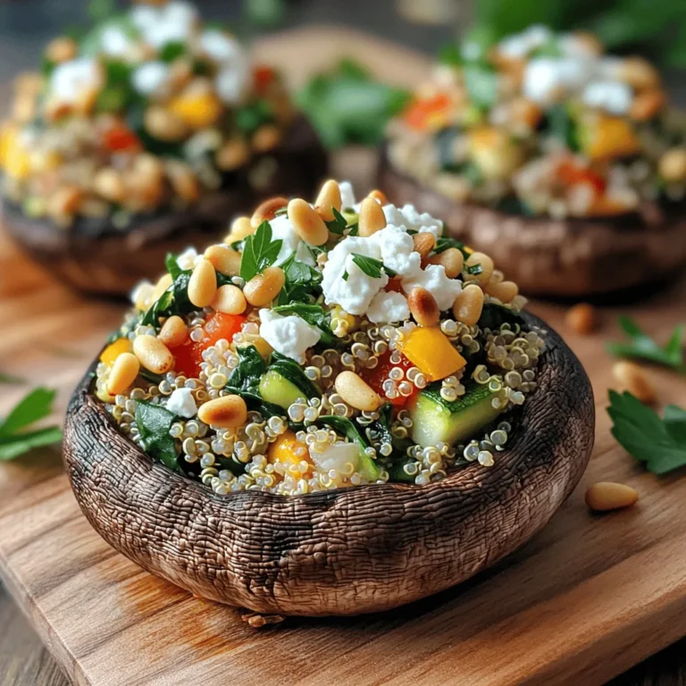 - 4 large portobello mushrooms, stems removed - 1 cup cooked quinoa - 1 small zucchini, finely diced - 1/2 cup feta cheese, crumbled - 2 cloves garlic, minced - 1 teaspoon dried oregano - 1 red bell pepper, finely diced - 1 small red onion, finely chopped - Fresh parsley, for garnish Using these ingredients, you will create a dish that is both tasty and simple. The portobello mushrooms serve as a perfect base. They have a meaty texture and a rich flavor. You will stuff them with a mix of cooked quinoa and fresh vegetables. The quinoa adds protein and texture, making this dish satisfying. The feta cheese brings a creamy saltiness that balances the flavors. Garlic and oregano add depth. You can also add a red bell pepper and red onion for sweetness and crunch. Finishing with fresh parsley gives a burst of color and freshness. This recipe is easy to follow and uses ingredients you can find at any grocery store. You can even customize it with your favorite veggies or cheese. For a full recipe, check out the [Full Recipe]. - Preheat oven to 375°F (190°C). - Clean portobello mushrooms gently. Use a damp cloth to wipe off dirt. Place them gill-side up on a baking sheet. This helps with the filling later. - Sauté onions and garlic until translucent. Heat olive oil in a skillet over medium heat. - Add zucchini and red bell pepper, sauté until softened. Stir for about five minutes. - Incorporate fresh spinach until wilted. This takes about two minutes. The spinach adds flavor and color. - Mix quinoa and sautéed vegetables in a bowl. This is where the magic happens! - Spoon mixture into the portobello mushrooms. Press down gently with a spoon for even filling. - Bake for 25-30 minutes until golden. The mushrooms will get tender and delicious. Check them often to avoid overcooking. Try this recipe for a tasty meal. For the full recipe, visit the recipe section. To make your stuffed portobello mushrooms really pop, add fresh herbs. Basil and thyme work great. They bring a lovely aroma and zest. You can also try different cheeses. Goat cheese adds tang, while mozzarella offers creaminess. Each cheese gives a unique taste to the dish. When serving your stuffed mushrooms, think about fresh salads. A light, crisp salad pairs well. It balances the rich flavors of the mushrooms. You can also add some dipping sauces. Try a tangy vinaigrette or a garlic aioli. For presentation, place the mushrooms on greens like arugula. A drizzle of balsamic reduction looks fancy and adds flavor. One mistake is overcooking the mushrooms. They should be tender but not mushy. Keep an eye on the time as they bake. Another common error is not seasoning the filling. Adding enough salt and pepper makes a big difference. Taste as you go to find the right balance. Following these tips will help you create perfect stuffed portobello mushrooms. For the full recipe, check out the instructions above. {{image_4}} You can make stuffed Portobello mushrooms even more exciting. Start by using different vegetables in your filling. Try using eggplant, asparagus, or carrots for unique tastes. Each veggie adds its own flavor and texture. You can also switch out quinoa for brown rice or couscous. Brown rice gives a nutty flavor, while couscous offers a fluffy texture. Both options work well in these stuffed mushrooms. If you want to add meat, you have great options. You can include cooked ground meat or sausage in your stuffing. This adds a savory richness that meat lovers will enjoy. Another choice is to use chicken or turkey for a protein boost. Cooked and shredded chicken offers a wonderful taste that pairs well with the mushrooms. For those with dietary needs, there are easy swaps. If you need gluten-free options, make sure to use gluten-free grains. Quinoa is already gluten-free, but you can also use rice. For vegan adaptations, simply omit the cheese. You can replace feta with a nut-based cheese or nutritional yeast for a cheesy flavor without dairy. These changes help everyone enjoy the dish! To keep your stuffed portobello mushrooms fresh, store leftovers in an airtight container. This helps seal in flavors and moisture. Place the container in the fridge. The mushrooms will stay good for about three days. To keep them tasty, don’t stack them too high. This prevents squishing the filling. You can also freeze stuffed mushrooms for future meals. First, allow them to cool completely. Then, wrap each mushroom in plastic wrap and place them in a freezer bag. Make sure to remove as much air as possible. They can last for up to three months in the freezer. When you're ready to eat, thaw them overnight in the fridge. This helps maintain texture. When it’s time to reheat, you have two good options: oven or microwave. For the oven, preheat it to 350°F (175°C). Place the mushrooms on a baking sheet and cover with foil. Heat for about 15 minutes. This ensures they warm evenly without drying out. If you use a microwave, place the mushrooms on a microwave-safe plate. Heat in short bursts of 30 seconds until warm. This method is quick but can make them a bit soggy. Enjoy your stuffed mushrooms just like they were fresh! You can tell stuffed mushrooms are done when they feel tender. The tops should be lightly golden. If you see a nice brown color on top, that's a good sign! The mushrooms will shrink slightly as they cook, so check for softness. Yes, you can prepare stuffed mushrooms ahead of time! Here’s how: Make the filling and stuff the mushrooms. Then, cover them and put them in the fridge. You can keep them there for a day or two. When you’re ready, just bake them as usual. This saves time on busy days! Stuffed Portobello mushrooms go well with many sides. Here are some ideas: - A light salad with mixed greens - Roasted vegetables for extra flavor - Quinoa or rice to match the filling - A glass of white wine or sparkling water Pair these to make your meal even better! For more ideas, check out the Full Recipe for serving tips. Stuffed portobello mushrooms are a tasty and healthy dish. We covered the main ingredients, like quinoa and feta cheese, to create a flavorful filling. I shared step-by-step instructions to guide you through prepping, cooking, and assembling. You also learned tips for enhancing flavor and avoiding common mistakes. Finally, we explored variations for different diets and storage methods. These mushrooms offer endless possibilities. Enjoy making them your way and savor the delicious results.