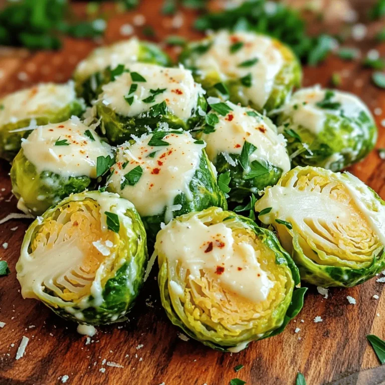 To make this dish, you need a few key items. Here’s what you'll gather: - 1 lb Brussels sprouts, cleaned and halved - 2 tablespoons extra-virgin olive oil - 4 cloves garlic, finely minced - 1 cup heavy cream - 1 cup freshly grated Parmesan cheese - Salt and freshly cracked black pepper to taste For those who like a bit more kick, consider these options: - 1/2 teaspoon red pepper flakes (for added heat) - Fresh parsley, finely chopped (for garnish) Measuring your ingredients is important. It ensures your dish comes out just right. Use a digital scale for accuracy. For volume, use standard measuring cups and spoons. When you measure, keep everything neat. This helps when you cook. Having all your ingredients ready makes the cooking process smoother. Remember, prep is key in cooking! If you want to try the full recipe, check out the details above. First, preheat your oven to 400°F (200°C). This helps the Brussels sprouts roast well. Take 1 pound of Brussels sprouts and clean them. Cut them in half. In a big bowl, toss the halved sprouts with 2 tablespoons of extra-virgin olive oil. Make sure they are nicely coated. Add salt and freshly cracked black pepper to taste. If you want some heat, sprinkle in 1/2 teaspoon of red pepper flakes. Mix everything well. While the sprouts roast, let’s make the creamy garlic sauce. In a medium saucepan, add 4 cloves of finely minced garlic. Heat it on medium for 1-2 minutes until it smells great. Be careful; you don’t want the garlic to brown. Next, pour in 1 cup of heavy cream. Let it gently simmer for 3-4 minutes. Gradually stir in 1 cup of freshly grated Parmesan cheese. Keep stirring until the sauce is smooth and creamy. Taste it. If needed, add more salt and cracked pepper. Once the Brussels sprouts are golden and tender, take them out of the oven. Drizzle the creamy garlic sauce over the sprouts. Gently stir to coat them fully. Put the baking sheet back in the oven for 5-7 minutes. This lets the flavors mix well. When done, sprinkle fresh parsley on top for a pop of color. Serve your delicious dish in a bowl or on a platter. Enjoy your Creamy Garlic Parmesan Brussels Sprouts Delight! For the full recipe, check out the details above. To get the best Brussels sprouts, follow these steps. First, make sure your oven is hot. Preheat it to 400°F (200°C). This heat helps the sprouts get crispy. Cut the Brussels sprouts in half. This allows them to cook evenly. Toss them in olive oil and season well. Use salt and pepper to bring out their taste. Lay them flat on a baking sheet. Space them out so they roast, not steam. Roast for 20-25 minutes until they are golden and tender. The sauce makes this dish shine. Start by sautéing minced garlic in a pan. Cook it for 1-2 minutes until it smells great. Be careful not to burn it! Add heavy cream and let it simmer. This step helps it thicken and get creamy. Gradually mix in grated Parmesan cheese. Stir until it melts and becomes smooth. Taste the sauce and adjust the salt and pepper. If you like heat, add red pepper flakes for a kick. Presentation matters! Serve the Brussels sprouts in a nice bowl or dish. Drizzle the creamy sauce over them just before serving. For a pop of color, sprinkle fresh parsley on top. You can also add more Parmesan cheese for extra flavor. This final touch makes the dish look inviting and delicious. Your guests will love the vibrant colors and rich taste! For the full recipe, check out the Creamy Garlic Parmesan Brussels Sprouts Delight. {{image_4}} You can easily add protein to your creamy garlic Parmesan Brussels sprouts. Chicken, shrimp, or crispy bacon work great. Just cook the protein first, then add it to the dish. It makes the meal heartier and more filling. You can also try adding lentils for a plant-based option. They add a nice texture and are high in protein. If you need a gluten-free version, this recipe already fits that bill. For a dairy-free option, swap the heavy cream with coconut cream or a nut milk. Use nutritional yeast in place of Parmesan cheese for a cheesy flavor without the dairy. Adjust the seasoning as needed to keep the flavors bold and rich. Brussels sprouts are great, but you can mix in other seasonal veggies. Try adding butternut squash, carrots, or green beans. Just chop them to a similar size as the Brussels sprouts. This not only boosts nutrition but also adds color and variety to your plate. Feel free to experiment with what you have on hand to make it your own! For the full recipe, check out the Creamy Garlic Parmesan Brussels Sprouts Delight. To keep your leftover Brussels sprouts fresh, first let them cool. Place them in an airtight container. They can stay in the fridge for up to three days. Make sure to cover the dish well to avoid drying out. When you're ready to enjoy your leftovers, reheat them in the oven. Preheat it to 350°F (175°C). Spread the Brussels sprouts on a baking sheet and cover them with foil. Heat for about 10-15 minutes. This keeps them tender and helps the sauce stay creamy. You can also microwave them if you're in a hurry. Just heat in short bursts to avoid overcooking. If you want to freeze your Brussels sprouts, first cool them completely. Place them in a freezer-safe container or bag. Remove as much air as possible. They can last up to three months in the freezer. When you're ready to eat them, thaw them in the fridge overnight before reheating. This way, your dish will taste just as good as fresh. For the full recipe, check the previous section. Yes, you can use frozen Brussels sprouts. Just thaw them first. They need a bit longer to cook and may not get as crispy. Roasting them at 400°F helps, but keep an eye on them. You can use half-and-half or whole milk for a lighter option. For a dairy-free choice, try coconut milk or cashew cream. These will change the flavor but still taste great. You can prep Brussels sprouts and sauce in advance. Store them separately in the fridge. When ready to cook, just follow the baking steps. This keeps everything fresh and tasty. Yes, this dish is great for meal prep. You can make a big batch and store it in airtight containers. Just reheat in the oven or microwave when you're ready to eat. In this guide, we explored how to make creamy garlic Parmesan Brussels sprouts. We discussed key ingredients to use and added tips for extra flavor. I shared step-by-step instructions for preparing your dish. You learned how to perfect roasting and make your sauce pop. Plus, I included storage tips and answered common questions. Enjoy making this dish and feel free to make it your own!