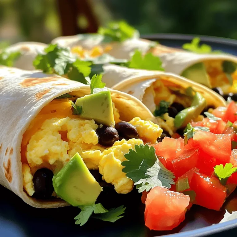 - 4 large eggs - 1 cup cooked black beans, drained and rinsed - 1 cup shredded cheddar cheese - 1 ripe avocado, diced - 1 medium tomato, diced - 1 small red onion, finely chopped - 1 jalapeño, finely chopped (optional for heat) - 4 flour tortillas (10-inch size) - 1 tablespoon olive oil - 1 teaspoon ground cumin - Salt and freshly cracked black pepper, to taste - Fresh cilantro, chopped (for garnish) - Salsa or hot sauce (for serving) I love starting with fresh ingredients. They make all the difference. The eggs provide protein and richness. Black beans add fiber and a nice texture. Cheddar cheese brings creaminess and flavor. Avocado adds creaminess, while tomatoes and onions give a fresh crunch. If you enjoy heat, jalapeños are a great touch. Make sure to use large flour tortillas. They hold all the goodness inside. Olive oil helps sauté the veggies and adds flavor. Ground cumin gives the eggs a warm spice. Don't forget salt and pepper to enhance all the flavors. Fresh cilantro is perfect for a bright finish, while salsa or hot sauce adds a kick to each bite. - Non-stick skillet - Mixing bowl - Whisk - Spatula Having the right tools makes cooking easy. A non-stick skillet ensures your eggs cook without sticking. A mixing bowl is perfect for whisking the eggs. Use a whisk to blend the eggs smoothly. A spatula helps stir and serve the eggs without breaking them. - Approximate calories per burrito: 350 - Macronutrient breakdown: - Protein: 18g - Carbs: 40g - Fats: 15g This recipe is filling and balanced. Each burrito offers a good amount of protein, carbs, and fats. It’s a great start to your day. For the full recipe, follow the steps to create these delicious breakfast burritos. Start by whisking the eggs in a bowl. Add a pinch of salt, black pepper, and ground cumin. Whisk until the mixture is smooth. This adds flavor to your eggs. Next, chop the vegetables. Dice the avocado and tomato into small pieces. Finely chop the red onion and jalapeño. If you want heat, use the jalapeño. Heat your non-stick skillet over medium heat. Add the olive oil and let it shimmer. Once hot, toss in the chopped onion and jalapeño (if using). Sauté them for about three minutes. The onion should turn soft and fragrant. Now, pour in the whisked eggs. Stir gently as they cook. Scramble the eggs until they are just set, which takes about five to six minutes. Lay the flour tortillas flat on your clean surface. Spoon an even amount of the egg mixture onto each tortilla. Then, sprinkle shredded cheese on top. To roll the burrito, fold the sides inward first. Then, roll from the bottom up. Make sure it is tight to hold all the filling inside. Place the burritos seam-side down back in the skillet. Cook them on low heat for two to three minutes. This toasts the tortillas and melts the cheese. Once done, remove the burritos from the skillet. Cut each burrito in half for easier serving. Garnish with chopped cilantro. Serve with salsa or hot sauce for an extra kick. For the full recipe, check out the details provided earlier. - Ideal cooking temperature: Keep your skillet on medium heat. This helps the eggs cook evenly without burning. - Avoiding overcooking the eggs: Stir gently and remove them from heat while soft. Eggs continue to cook even off the heat, so stop when they are just set. - Cooling and refrigerating tips: Let burritos cool completely. Wrap them tightly in foil or plastic wrap. Store in the fridge for up to three days. - Reheating methods for best results: Use the microwave for quick heating. For a crispy wrap, place in a skillet over low heat until warm. - Accompaniments like salsa and hot sauce: Serve with fresh salsa or your favorite hot sauce for added flavor. - Ideal drinks to pair with breakfast burritos: Enjoy with a fresh orange juice or a hot cup of coffee. These drinks complement the meal beautifully. For the complete recipe, check out the Full Recipe. {{image_4}} You can easily make a vegetarian breakfast burrito. First, substitute eggs with tofu or an egg substitute. Tofu scrambles well and soaks up flavors nicely. You can also add more vegetables like spinach or bell peppers for extra nutrition. These veggies add color and taste, making your burrito fun and healthy. If you crave protein, you have many options. You can use cooked sausage or bacon for a hearty touch. Cook them until crispy for the best flavor. If you prefer plant-based proteins, try black beans, lentils, or tempeh. These options keep your burrito filling and satisfying. To make your burrito pop, add different spices or sauces. A dash of chili powder or paprika can elevate the taste. You could also drizzle hot sauce for a spicy kick! Incorporating different cheeses can change the flavor profile, too. Try pepper jack for heat or feta for a tangy twist. For more tasty ideas, check the Full Recipe for inspiration! To keep your burritos fresh, follow these tips: - Refrigeration: Wrap each burrito in foil or plastic wrap. Place them in an airtight container. They stay good in the fridge for up to 3 days. - Freezing: For longer storage, freeze burritos. Wrap each one tightly in foil, then place in a freezer bag. They can last up to 3 months in the freezer. How long do refrigerated burritos last? When stored properly in the fridge, burritos last about 3 days. Signs of spoilage to watch out for include: - Unpleasant smell - Discoloration of ingredients - Excess moisture or freezer burn if frozen Best methods for reheating frozen burritos include: - Microwave: Remove foil and wrap in a damp paper towel. Heat for 2-3 minutes or until hot. - Oven: Preheat to 350°F (175°C). Remove foil, place on a baking sheet, and heat for about 15 minutes. Tips for maintaining texture and flavor: - For crispy burritos, reheat in a skillet over medium heat. This keeps the tortilla nice and crunchy. - Add a splash of water to the skillet to create steam. Covering it helps heat the inside without burning the outside. Yes, you can make breakfast burritos ahead of time. Meal prepping is a great idea for busy mornings. To do this, follow these steps: - Prepare the filling: Cook your eggs, beans, and other fillings as usual. - Assemble the burritos: Roll them up tightly and wrap each one in foil or plastic wrap. - Store them: Place the wrapped burritos in a sealed container in the fridge for up to three days. For longer storage, you can freeze them. Just make sure to wrap them well to avoid freezer burn. When ready to eat, thaw in the fridge overnight, then reheat in the microwave or oven. Customizing your breakfast burrito is fun and easy. Here are some options: - Different fillings: Try adding cooked sausage, bacon, or tofu for protein. You can also add veggies like peppers, mushrooms, or spinach. - Toppings: Consider fresh salsa, sour cream, or guacamole. A sprinkle of cheese or chopped herbs adds flavor. To balance flavors, mix creamy ingredients like avocado with crunchy items like lettuce. This way, you create a tasty bite every time. If you want alternatives to flour tortillas, you have options: - Corn tortillas: These are gluten-free and add a nice flavor. - Whole wheat tortillas: These offer more fiber and a nutty taste. - Low-carb options: Look for cauliflower or almond flour tortillas if you want to reduce carbs. These substitutes change the taste but still work well with your fillings. Breakfast burritos can be enjoyed any time of day. Here are some suggestions: - Lunch or dinner: Pair them with a salad or some roasted veggies. - Variations: Add spices like chili powder or hot sauce to make them more savory for lunch or dinner. With creative twists, breakfast burritos become a versatile dish for any meal. In this blog post, we explored how to make delicious breakfast burritos. We covered ingredients, tools, and steps for perfect eggs and assembly. I shared tips for storage and delicious variations. Remember, these burritos are versatile. They fit any meal and diet. With a few changes, you can customize them to your taste. Enjoy your cooking and savor every bite!