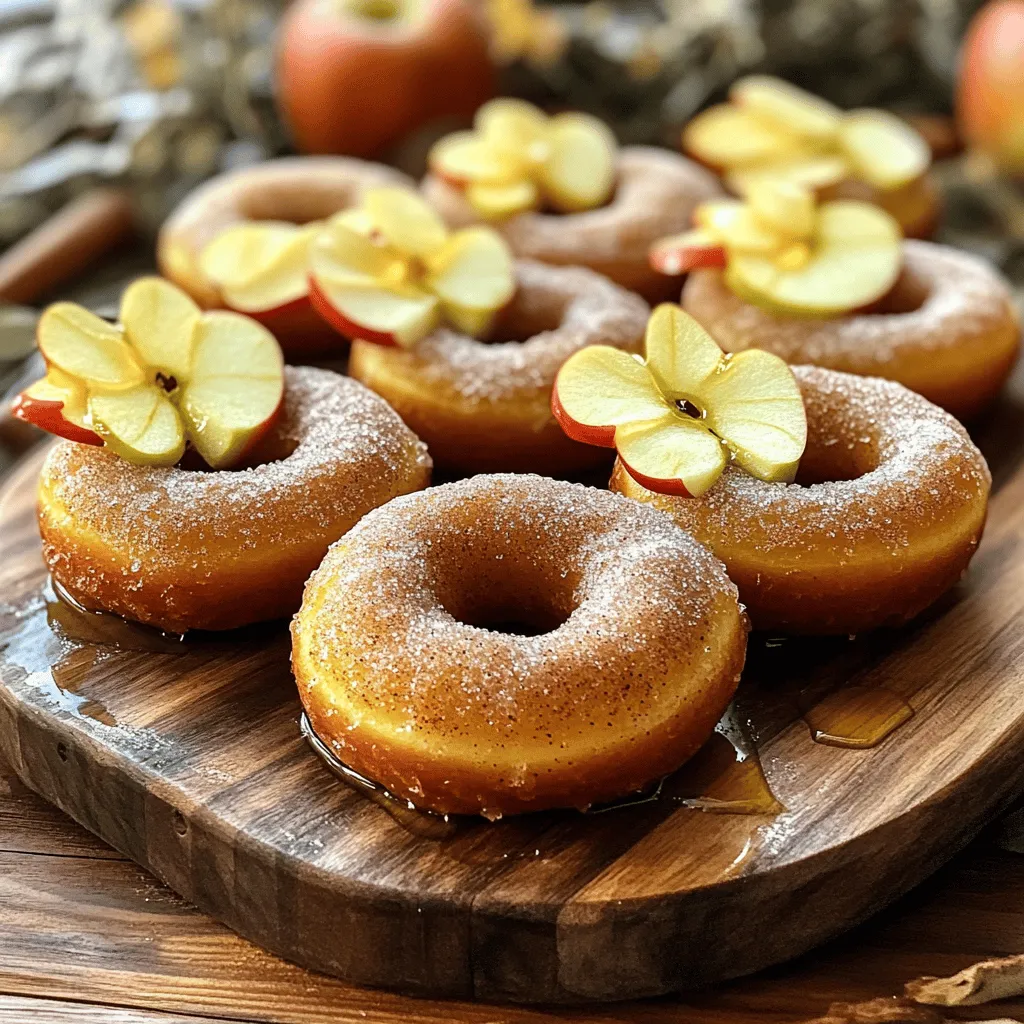 - 1 cup apple cider - 1/2 cup unsweetened applesauce - 1/4 cup vegetable oil - 1/2 cup packed brown sugar - 1 large egg - 1 teaspoon vanilla extract - 2 cups all-purpose flour - 1 teaspoon baking powder - 1 teaspoon baking soda - 1 teaspoon ground cinnamon - 1/2 teaspoon ground nutmeg - 1/4 teaspoon salt - 1/2 cup granulated sugar (for coating) - 1/2 teaspoon ground cinnamon (for coating) I love using fresh apple cider in this recipe. It adds a rich flavor that makes the donuts special. The unsweetened applesauce keeps them moist and adds more apple goodness. Vegetable oil helps the donuts rise well and keeps them soft. Brown sugar gives a hint of caramel flavor that pairs nicely with spices. Ground cinnamon and nutmeg create a warm, inviting aroma. These spices remind me of cozy autumn days. You will need a large egg to bind everything together. The vanilla extract adds a sweet, fragrant note that enhances the apple flavors. The all-purpose flour is your base. It gives the donuts structure. Baking powder and baking soda help them rise, creating a fluffy texture. Salt is a must. It enhances all the flavors and balances the sweetness. Finally, the granulated sugar and cinnamon mix for coating adds a delightful crunch. Tossing the warm donuts in this mix makes them irresistible. For the full recipe, check the details on how to put this all together! 1. Preheat your oven to 350°F (175°C). This step is key for even baking. 2. In a small saucepan, bring 1 cup of apple cider to a boil. Keep an eye on it! Reduce the heat and let it simmer until it shrinks to about 1/2 cup. This concentrates the flavor. Once done, take it off the heat and let it cool a bit. 3. In a large bowl, mix together 1/2 cup unsweetened applesauce, 1/4 cup vegetable oil, 1/2 cup packed brown sugar, 1 large egg, 1 teaspoon vanilla extract, and the cooled apple cider. Whisk until smooth. 4. In another bowl, sift together 2 cups all-purpose flour, 1 teaspoon baking powder, 1 teaspoon baking soda, 1 teaspoon ground cinnamon, 1/2 teaspoon ground nutmeg, and 1/4 teaspoon salt. This helps mix everything nicely. 1. Gently fold the dry ingredients into the wet mixture using a spatula. Be careful! Overmixing can ruin the texture. The batter should be thick but smooth. 2. Transfer the batter into a piping bag or a ziplock bag with a corner cut off. This makes filling the donut pan easy. Pipe the batter into the molds, filling them about 3/4 full. 3. Bake the donuts in your preheated oven for 12-15 minutes. They should turn golden brown. A toothpick inserted in the center should come out clean. 4. Let the donuts cool in the pan for about 5 minutes. Then, move them to a wire rack to cool fully. 5. While still warm, mix 1/2 cup granulated sugar with 1/2 teaspoon cinnamon in a shallow bowl. Toss the donuts in this mix until they are fully coated. Enjoy this tasty Baked Apple Cider Donuts recipe! For the complete recipe, refer to the Full Recipe section. To make the best baked apple cider donuts, you need to pay close attention to a few key steps. First, avoid overmixing the batter. This can make the donuts tough instead of fluffy. Mix just until the dry ingredients blend with the wet ones. Next, check for doneness with a toothpick. Insert it into the center of a donut; if it comes out clean, your donuts are ready. Lastly, cool donuts adequately before coating. If you coat them while hot, the sugar won’t stick well. You can enhance the flavor of your donuts in many ways. Experiment with spices like ginger or cloves for a warm, cozy touch. You can also mix in a dash of allspice for extra depth. For toppings, consider drizzling maple glaze or adding a sprinkle of chopped nuts. These little touches make your donuts stand out. You can find the full recipe for making these delicious treats in the previous section. {{image_4}} You can make baked apple cider donuts even more exciting with a few simple tweaks. Here are some fun ways to change up the flavor: - Adding nuts or chocolate chips: Toss in some chopped walnuts or pecans for a crunchy bite. You can also add chocolate chips for a sweet twist. Both options add a new layer of flavor and texture. - Substituting different spices: Instead of just cinnamon and nutmeg, try adding ginger or allspice. These spices bring warmth and depth. You can mix and match to find your favorite flavor combo. - Using different apple varieties: Different apples change the taste of your donuts. Try using Granny Smith for tartness or Honeycrisp for sweetness. Each apple brings its own unique flavor to the mix. If you have dietary needs, you can still enjoy these donuts. Here are some easy swaps: - Gluten-free options: Use a gluten-free all-purpose flour blend in place of regular flour. This keeps the donuts soft and tasty without gluten. - Vegan adaptations: Replace the egg with a flaxseed meal mixture or applesauce. Use plant-based oil and ensure your apple cider is vegan-friendly. These swaps keep the flavor while making the recipe plant-based. Feel free to get creative with these variations. Each change can lead to a new favorite recipe. For the complete process, check out the Full Recipe! To keep your baked apple cider donuts fresh, store them in a cool place. Use an airtight container. This helps keep them soft and tasty. You can also wrap them in plastic wrap for extra safety. - How to store leftovers: Place the cooled donuts in a container. If you want to freeze them, wrap each donut in plastic wrap and then place them in a freezer bag. This keeps them safe from freezer burn. - Recommended storage duration: Donuts can last at room temperature for about 2 days. In the fridge, they stay good for up to a week. If you freeze them, they can last for about 3 months. If you want to enjoy warm donuts again, here are some great ways to reheat them. - Best ways to reheat donuts: To reheat, place the donuts in a microwave for about 10-15 seconds. You can also warm them in an oven set to 350°F for about 5 minutes. This will help restore their softness. - Serving suggestions after storage: Serve the warmed donuts with a dusting of powdered sugar or a drizzle of honey. Fresh apple slices on the side add a nice touch. Enjoy your delightful treat! How do I know when the donuts are done baking? Donuts are done when they turn a golden brown color. A toothpick inserted in the center should come out clean. This takes about 12-15 minutes in the oven. Can I make the batter in advance? Yes, you can make the batter ahead of time. Store it in the fridge for up to 24 hours. Just give it a good stir before baking to mix any settled ingredients. How can I make these donuts healthier? You can swap out some oil for applesauce to cut fat. Use whole wheat flour instead of all-purpose flour. You can also reduce the sugar or use a natural sweetener. Where can I find similar apple cider donuts? You can find similar apple cider donuts at local bakeries or farmers' markets in the fall. Many online recipes, like the Full Recipe here, offer great options for making them at home. You learned how to make delicious apple cider donuts from scratch. We covered the key ingredients, easy steps, and helpful tips to ensure they come out perfect every time. You can add your twist with various flavors and dietary options. Remember to store them right and reheat for the best taste. Enjoy sharing these treats with family and friends. Your homemade apple cider donuts can be a tasty hit!
