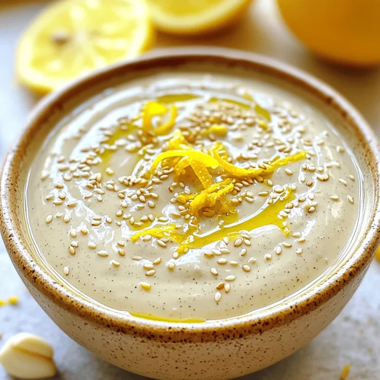 This Zesty Lemon Tahini Dressing is a bright and tasty addition to many dishes. It takes just 10 minutes to make and serves four people. You can use it on salads, grain bowls, or as a dip for veggies. The balanced mix of flavors will make your meals pop! - 1/4 cup tahini paste - 1/4 cup freshly squeezed lemon juice (approximately 2 medium lemons) - 2 tablespoons extra virgin olive oil - 1 garlic clove, finely minced - 1 tablespoon maple syrup or honey (to taste) - 2-3 tablespoons filtered water (adjust for desired consistency) - Sea salt and freshly cracked black pepper, to taste - Zest of 1 lemon (for an aromatic finish) - Tahini paste provides healthy fats and protein, making it creamy and rich. - Lemon juice adds vitamin C and a bright, zesty flavor that lifts your dishes. - Extra virgin olive oil is a heart-healthy fat with a smooth taste that enhances the dressing. - Garlic brings flavor and has health benefits like boosting immunity. - Maple syrup or honey adds a hint of sweetness, balancing the tang of lemon. - Sea salt and black pepper enhance all the flavors, making every bite enjoyable. - Lemon zest gives an aromatic finish that deepens the lemon taste. This dressing is not only simple to make, but it also packs a punch of flavor and nutrition. You can easily adjust the sweetness and thickness to fit your taste. To make Zesty Lemon Tahini Dressing, start with the right ingredients. Gather your tahini paste, lemon juice, olive oil, garlic, maple syrup, water, salt, pepper, and lemon zest. Use fresh lemons for the best taste. Squeeze enough juice to fill 1/4 cup. A good juicer helps extract the juice easily. In a medium mixing bowl, add the tahini paste first. This helps create a smooth base. Pour in the lemon juice, extra virgin olive oil, and minced garlic. Next, add the maple syrup or honey for sweetness. Use a whisk to mix these ingredients together until smooth. Make sure there are no lumps left in the tahini. This step is key for a creamy dressing. Once the mixture is smooth, it’s time to adjust the consistency. Slowly add filtered water, one tablespoon at a time. If you want a thinner dressing, add more water. For a thicker dip, use less. Taste your dressing and decide if you need more salt, pepper, or lemon juice. The zest adds a nice aromatic touch. For best results, chill the dressing for about 10 minutes before serving. This enhances the flavors. This recipe makes about four servings of a fresh and zesty dressing. Enjoy experimenting with it on salads or as a dip! To make the best Zesty Lemon Tahini Dressing, I focus on balance. Each ingredient plays a role. The tahini brings creaminess, while the lemon adds bright zest. Use fresh lemon juice for the best taste. The garlic gives a nice kick, and sweet maple syrup rounds it out. Taste your dressing as you mix. Adjust the sweetness or tartness as needed. If it's too thick, add more water slowly. This dressing shines on salads. It pairs well with leafy greens or roasted veggies. I love to drizzle it over grain bowls with quinoa or farro. Use it as a dip for fresh veggies or pita chips. You can even spread it on wraps for extra flavor. The options are endless, so get creative with your meals! How you present the dressing matters. I like to serve it in a small, stylish bowl. Drizzle a little extra olive oil on top for shine. Sprinkle sesame seeds for texture and a nice look. You can also add lemon slices around the bowl for a colorful touch. This makes it eye-catching and fun to enjoy. For a truly gourmet touch, pair it with your favorite dishes and watch everyone enjoy! {{image_4}} You can tweak this recipe to suit your tastes. Try using sunflower seed butter in place of tahini. This adds a nutty flavor without sesame. If you're allergic to nuts, sunflower butter is a good choice. You can also use lime juice for a different citrus kick. It gives the dressing a unique twist. For a creamier texture, try adding Greek yogurt. This will thicken the dressing and add protein. Want to boost the flavor? Add fresh herbs like parsley, cilantro, or dill. These herbs bring freshness and color. For a spicy kick, mix in red pepper flakes or a dash of hot sauce. This adds heat and complexity. If you love garlic, increase the amount or add roasted garlic for a sweeter taste. A pinch of cumin can also deepen the flavor profile. This dressing works with many cuisines. It pairs well with Mediterranean dishes like falafel or grilled vegetables. Drizzle it over a fresh Greek salad for a zesty touch. You can also use it in Asian dishes, like a cold noodle salad. The lemon tahini dressing complements sesame flavors well. It is perfect for drizzling on grain bowls filled with quinoa or brown rice. For a fun twist, use it as a dip for fresh spring rolls. Explore the [Full Recipe] for all the delicious details! Store your Zesty Lemon Tahini Dressing in an airtight container. Glass jars work great. Make sure the lid is tight. This keeps the flavors fresh. Always use a clean spoon to scoop out the dressing. This way, you avoid adding germs. Keep your dressing in the fridge. It helps maintain its zesty flavor. If you leave it out, it can spoil quickly. Always chill it right after you make it. The colder it is, the better it tastes. Your dressing lasts up to a week in the fridge. After that, it may not taste good. Watch for changes in color or smell. If it smells sour or looks odd, throw it away. Trust your senses; they guide you well. This dressing is already vegan! It uses tahini, lemon juice, and maple syrup or honey. If you prefer, just stick with maple syrup. It gives a sweet touch and keeps everything plant-based. I don’t recommend freezing this dressing. Freezing can change its texture. When thawed, it may separate and lose its creamy feel. Instead, store it in the fridge for fresh use. This dressing shines on salads, grain bowls, and roasted veggies. Try it with fresh greens, quinoa, or as a dip for crisp veggies. It adds a zesty kick to any meal. To cut calories, reduce the olive oil or use less tahini. You can also add more water for a thinner dressing. This keeps the flavor while lowering the calorie count. For the full recipe, check the details above. In this post, we explored the key ingredients, step-by-step instructions, and helpful tips for Zesty Lemon Tahini Dressing. You learned about the benefits of each ingredient and how to achieve the perfect flavor balance. We also discussed variations and storage tips. To wrap up, this dressing is versatile and easy to make. With the right approach, you can impress your guests and enjoy tasty meals. Use this dressing often to enhance your dishes.