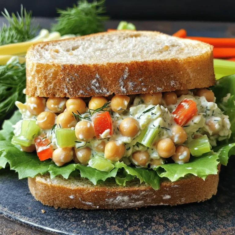 Chickpea salad sandwiches are quick to make and full of flavor. Here are the main ingredients you'll need: - 1 can (15 oz) chickpeas, drained and rinsed - 1/4 cup Greek yogurt (or vegan yogurt) - 1 tablespoon Dijon mustard - 1 tablespoon freshly squeezed lemon juice - 1/2 teaspoon garlic powder - 1/2 teaspoon smoked paprika - 1/4 cup celery, finely chopped - 1/4 cup red onion, finely chopped - 1/4 cup red bell pepper, diced - 2 tablespoons fresh dill (or 1 tablespoon dried dill) - Salt and black pepper to taste - Whole grain or sourdough bread - Optional: crisp lettuce leaves for garnish Each ingredient brings something special to the dish. Chickpeas add protein and keep you full. Greek yogurt gives it creaminess, while mustard and lemon juice add a nice bite. The vegetables add crunch and color. Dill ties everything together with its fresh taste. You can find the full recipe in the article. It’s simple, quick, and perfect for a tasty meal! - Step 1: Mash the Chickpeas In a large bowl, take your can of chickpeas. Drain and rinse them well. Use a fork or a potato masher to mash them. Aim for a slightly chunky texture. You want some pieces left whole for a great bite. - Step 2: Mix in the Creamy Ingredients Now, add the Greek yogurt, Dijon mustard, lemon juice, garlic powder, and smoked paprika to the bowl. Stir everything together until you mix it well. The mixture should look creamy and delicious. - Step 3: Fold in Vegetables and Seasoning Next, fold in the finely chopped celery, red onion, and red bell pepper. Add the fresh dill for a nice herbal touch. Season with salt and black pepper to taste. Give it a gentle mix to combine all the flavors. - Step 4: Toasting Bread (optional) If you like, toast your bread slices to make them warm and crunchy. This step adds a nice texture to your sandwich. It’s not a must, but it can enhance your meal. - Step 5: Assemble the Sandwich Take one slice of your bread. Spread a generous portion of the chickpea salad on it. Add crisp lettuce leaves on top. Finish with another slice of bread. Press down lightly to hold it all together. - Step 6: Serve and Enjoy Cut the sandwich diagonally in half for easy eating. Serve it right away and enjoy every bite. Pair it with fresh veggie sticks or chips for a nice crunch. You can find the full recipe [here](#). Choosing the Right Bread for Best Results Use whole grain or sourdough bread for your sandwich. These options add great flavor and texture. Whole grain offers a nutty taste, while sourdough gives a tangy bite. Both hold up well against the creamy chickpea salad. Adjusting Seasoning to Suit Your Taste Taste as you mix! If you like it spicier, add more smoked paprika. Want a zesty kick? Toss in an extra dash of lemon juice. Salt and pepper can elevate the flavors, so adjust them to your liking. Don’t be shy to make it your own! Storing Leftovers Safely Keep any leftover chickpea salad in an airtight container. It stays fresh for up to three days in the fridge. If you make extra sandwiches, wrap them tightly in plastic wrap. This helps to prevent the bread from getting soggy. For best taste, eat them within a day. Check out the Full Recipe for more details! {{image_4}} Adding Avocado for Creaminess Avocado makes everything better, right? When you add ripe avocado to your chickpea salad, you boost creaminess. It adds healthy fats, too! Just mash half an avocado into the mixture. This makes it richer and smoother. Incorporating Different Vegetables Get creative with your veggies. You can use any crunchy veggie you like. Carrots, cucumbers, or even radishes bring a nice crunch. Dice them up and mix them in. This not only adds texture but also color. Your salad will look and taste vibrant! Exploring Spice Combinations Want to switch up the flavor? Try different spices! You can add cumin or curry powder for warmth. A pinch of cayenne pepper adds heat if you like spice. Just remember to start small. Mix in a little and taste as you go. This way, you’ll find your perfect flavor blend! Try these ideas to make your chickpea salad unique and fun. For more details, check the Full Recipe. Refrigeration Guidelines You can store chickpea salad in an airtight container. It keeps well in the fridge for up to three days. The flavors blend better over time, so it tastes even better the next day. Freezing Chickpea Salad I do not recommend freezing chickpea salad. The texture changes and may become mushy. It’s best enjoyed fresh or refrigerated. Best Practices for Storing Sandwiches If you make sandwiches, wrap them tightly in plastic wrap or foil. They stay fresh for up to two days in the fridge. To keep the bread from getting soggy, add the salad only when you're ready to eat. Keep lettuce separate until serving for a crisp bite. How long can I store the chickpea salad in the fridge? You can keep the chickpea salad in the fridge for about 3 to 5 days. Make sure to store it in an airtight container. This helps keep it fresh and tasty. Can I make this sandwich gluten-free? Yes! To make this sandwich gluten-free, simply use gluten-free bread. Many brands offer tasty options that work well with the chickpea salad. What are the best side dishes to serve with a chickpea salad sandwich? Some great side dishes include fresh veggie sticks, a light salad, or even some crunchy chips. These add texture and color to your meal. Is this recipe suitable for meal prep? This recipe is perfect for meal prep! You can make a big batch of chickpea salad. Just store it in the fridge and assemble the sandwiches when you're ready to eat. How can I add more protein to my salad? To boost the protein, you can add diced tofu, cooked quinoa, or even some nuts. Each option adds flavor and makes your meal more filling. What can I substitute for the Greek yogurt? You can use vegan yogurt or mashed avocado as a substitute. Both options give a creamy texture while keeping the salad delicious and healthy. For the full recipe, check out the detailed instructions above! This blog post covered how to make a tasty chickpea salad sandwich. We discussed all key ingredients. You learned easy steps to prepare it. I shared tips for flavor and texture. Variations gave you ideas for creating new tastes. In the end, this dish is healthy and fun. Enjoy experimenting with your own twists! Your kitchen can be your playground. Try this recipe today and share your results!