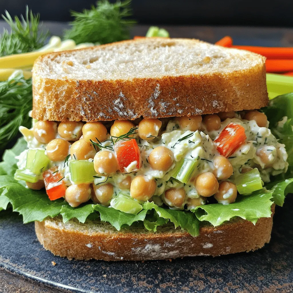 Chickpea salad sandwiches are quick to make and full of flavor. Here are the main ingredients you'll need: - 1 can (15 oz) chickpeas, drained and rinsed - 1/4 cup Greek yogurt (or vegan yogurt) - 1 tablespoon Dijon mustard - 1 tablespoon freshly squeezed lemon juice - 1/2 teaspoon garlic powder - 1/2 teaspoon smoked paprika - 1/4 cup celery, finely chopped - 1/4 cup red onion, finely chopped - 1/4 cup red bell pepper, diced - 2 tablespoons fresh dill (or 1 tablespoon dried dill) - Salt and black pepper to taste - Whole grain or sourdough bread - Optional: crisp lettuce leaves for garnish Each ingredient brings something special to the dish. Chickpeas add protein and keep you full. Greek yogurt gives it creaminess, while mustard and lemon juice add a nice bite. The vegetables add crunch and color. Dill ties everything together with its fresh taste. You can find the full recipe in the article. It’s simple, quick, and perfect for a tasty meal! - Step 1: Mash the Chickpeas In a large bowl, take your can of chickpeas. Drain and rinse them well. Use a fork or a potato masher to mash them. Aim for a slightly chunky texture. You want some pieces left whole for a great bite. - Step 2: Mix in the Creamy Ingredients Now, add the Greek yogurt, Dijon mustard, lemon juice, garlic powder, and smoked paprika to the bowl. Stir everything together until you mix it well. The mixture should look creamy and delicious. - Step 3: Fold in Vegetables and Seasoning Next, fold in the finely chopped celery, red onion, and red bell pepper. Add the fresh dill for a nice herbal touch. Season with salt and black pepper to taste. Give it a gentle mix to combine all the flavors. - Step 4: Toasting Bread (optional) If you like, toast your bread slices to make them warm and crunchy. This step adds a nice texture to your sandwich. It’s not a must, but it can enhance your meal. - Step 5: Assemble the Sandwich Take one slice of your bread. Spread a generous portion of the chickpea salad on it. Add crisp lettuce leaves on top. Finish with another slice of bread. Press down lightly to hold it all together. - Step 6: Serve and Enjoy Cut the sandwich diagonally in half for easy eating. Serve it right away and enjoy every bite. Pair it with fresh veggie sticks or chips for a nice crunch. You can find the full recipe [here](#). Choosing the Right Bread for Best Results Use whole grain or sourdough bread for your sandwich. These options add great flavor and texture. Whole grain offers a nutty taste, while sourdough gives a tangy bite. Both hold up well against the creamy chickpea salad. Adjusting Seasoning to Suit Your Taste Taste as you mix! If you like it spicier, add more smoked paprika. Want a zesty kick? Toss in an extra dash of lemon juice. Salt and pepper can elevate the flavors, so adjust them to your liking. Don’t be shy to make it your own! Storing Leftovers Safely Keep any leftover chickpea salad in an airtight container. It stays fresh for up to three days in the fridge. If you make extra sandwiches, wrap them tightly in plastic wrap. This helps to prevent the bread from getting soggy. For best taste, eat them within a day. Check out the Full Recipe for more details! {{image_4}} Adding Avocado for Creaminess Avocado makes everything better, right? When you add ripe avocado to your chickpea salad, you boost creaminess. It adds healthy fats, too! Just mash half an avocado into the mixture. This makes it richer and smoother. Incorporating Different Vegetables Get creative with your veggies. You can use any crunchy veggie you like. Carrots, cucumbers, or even radishes bring a nice crunch. Dice them up and mix them in. This not only adds texture but also color. Your salad will look and taste vibrant! Exploring Spice Combinations Want to switch up the flavor? Try different spices! You can add cumin or curry powder for warmth. A pinch of cayenne pepper adds heat if you like spice. Just remember to start small. Mix in a little and taste as you go. This way, you’ll find your perfect flavor blend! Try these ideas to make your chickpea salad unique and fun. For more details, check the Full Recipe. Refrigeration Guidelines You can store chickpea salad in an airtight container. It keeps well in the fridge for up to three days. The flavors blend better over time, so it tastes even better the next day. Freezing Chickpea Salad I do not recommend freezing chickpea salad. The texture changes and may become mushy. It’s best enjoyed fresh or refrigerated. Best Practices for Storing Sandwiches If you make sandwiches, wrap them tightly in plastic wrap or foil. They stay fresh for up to two days in the fridge. To keep the bread from getting soggy, add the salad only when you're ready to eat. Keep lettuce separate until serving for a crisp bite. How long can I store the chickpea salad in the fridge? You can keep the chickpea salad in the fridge for about 3 to 5 days. Make sure to store it in an airtight container. This helps keep it fresh and tasty. Can I make this sandwich gluten-free? Yes! To make this sandwich gluten-free, simply use gluten-free bread. Many brands offer tasty options that work well with the chickpea salad. What are the best side dishes to serve with a chickpea salad sandwich? Some great side dishes include fresh veggie sticks, a light salad, or even some crunchy chips. These add texture and color to your meal. Is this recipe suitable for meal prep? This recipe is perfect for meal prep! You can make a big batch of chickpea salad. Just store it in the fridge and assemble the sandwiches when you're ready to eat. How can I add more protein to my salad? To boost the protein, you can add diced tofu, cooked quinoa, or even some nuts. Each option adds flavor and makes your meal more filling. What can I substitute for the Greek yogurt? You can use vegan yogurt or mashed avocado as a substitute. Both options give a creamy texture while keeping the salad delicious and healthy. For the full recipe, check out the detailed instructions above! This blog post covered how to make a tasty chickpea salad sandwich. We discussed all key ingredients. You learned easy steps to prepare it. I shared tips for flavor and texture. Variations gave you ideas for creating new tastes. In the end, this dish is healthy and fun. Enjoy experimenting with your own twists! Your kitchen can be your playground. Try this recipe today and share your results!