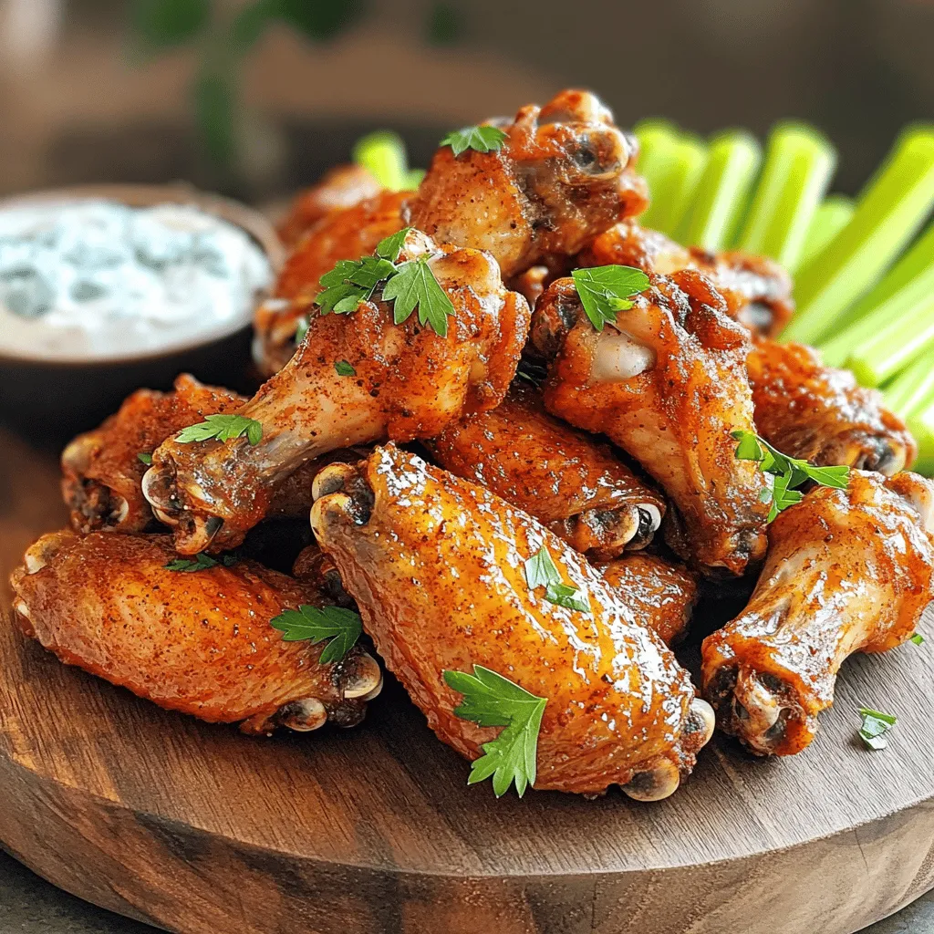 For this crispy air fryer chicken wings recipe, you'll need: - 2 pounds of chicken wings The key to great flavor comes from these seasoning ingredients: - 1 tablespoon baking powder - 1 teaspoon garlic powder - 1 teaspoon onion powder - 1 teaspoon smoked paprika - 1 teaspoon salt - ½ teaspoon black pepper - ½ teaspoon cayenne pepper (adjust to your spice preference) - 1 tablespoon olive oil These spices create a delicious mix. The baking powder helps the skin get crispy. The garlic and onion powders add nice depth. The smoked paprika brings warmth and color. Salt and pepper enhance all the flavors. If you like heat, add more cayenne! To make your wings even more appealing, consider this optional garnish: - Fresh herbs (such as parsley or cilantro) Fresh herbs add color and a burst of freshness. You can sprinkle them on top right before serving. This small touch makes a big difference in presentation. For the full recipe, check out the entire article! Start with fresh chicken wings. You need about 2 pounds for this recipe. Pat them dry with paper towels. This step helps remove moisture. Less moisture means crispier skin. Make sure to get every wing dry. In a large bowl, mix your seasonings. Use 1 tablespoon of baking powder. Add 1 teaspoon each of garlic powder, onion powder, and smoked paprika. Toss in 1 teaspoon of salt, ½ teaspoon of black pepper, and ½ teaspoon of cayenne pepper. Mix well. This blend gives the wings great flavor. Next, place the chicken wings in the bowl with the seasoning. Drizzle 1 tablespoon of olive oil over them. Toss everything together. Make sure each wing is coated well. Preheat your air fryer to 390°F (200°C) for about 5 minutes. Once it's hot, arrange the wings in a single layer in the basket. If your air fryer is small, cook them in batches. Cook the wings for 25-30 minutes. Halfway through, shake the basket gently. This helps them cook evenly and get crispy. For extra crispiness, raise the temperature to 400°F (204°C) for the last 5 minutes. When done, the wings should be golden brown and crispy. Carefully take them out and let them rest for a few minutes. Enjoy your crispy air fryer chicken wings right away! For the full recipe, check the earlier sections. To make your wings extra crispy, ensure they are very dry before cooking. Pat them dry with paper towels to remove moisture. Adding baking powder helps create a crunchy texture. It raises the pH of the skin, allowing it to brown better. For even more crispiness, increase the air fryer temperature to 400°F for the last five minutes. Cooking time can change based on wing size and air fryer model. For small wings, 25 minutes should be enough. Larger wings may need 30 to 35 minutes. Always check for doneness. The internal temperature should reach 165°F for safe eating. You can adjust cooking times slightly for your personal preference on crispiness. Avoid overcrowding the air fryer basket. This helps air circulate around each wing, ensuring even cooking. If you have many wings, cook them in batches. Shaking the basket halfway through cooking promotes even browning. Always preheat your air fryer for better results. Following these steps will help you get the best crispy wings. For the [Full Recipe], refer to the earlier section. {{image_4}} If you love heat, try making spicy Buffalo wings. Start with the base recipe. Before seasoning, toss the wings in hot sauce. You can use your favorite brand. After cooking, toss the wings in more hot sauce for an extra kick. Serve with blue cheese or ranch dressing. This adds a cool contrast to the spice. For a unique twist, go Asian-inspired. Mix soy sauce, ginger, and garlic into the seasoning. Instead of cayenne, use five-spice powder. This will give your wings a sweet and savory taste. After frying, drizzle with sesame oil and sprinkle sesame seeds. This adds a nice crunch and flavor pop. If you prefer fresh flavors, try this herb and lemon zest infusion. Add fresh herbs like thyme or rosemary to the seasoning mix. Zest one lemon and mix it in for brightness. This will make the wings taste light and refreshing. Serve with a lemon wedge for extra zing. These variations make it easy to switch things up. Enjoy your crispy air fryer chicken wings with these fun flavors! For the complete recipe, check out the Full Recipe section above. You can store leftover crispy air fryer chicken wings in the fridge. Place them in an airtight container. They will stay fresh for up to three days. To keep them crispy, avoid stacking them too high. To reheat, use your air fryer. Set it to 350°F (175°C). Heat the wings for about 5-7 minutes. This method will help retain their crispiness. You can also use a microwave, but they may lose some crunch. You can freeze the wings if you have extra. Place them in a freezer-safe bag or container. They can last for up to three months in the freezer. To thaw, move them to the fridge overnight. Reheat them in the air fryer when ready to enjoy again. For the full recipe, check out the section above! To make air fryer chicken wings extra crispy, start by drying them well. Pat them with paper towels to remove moisture. Next, use baking powder in your seasoning mix. This ingredient helps create that crunchy skin. Air fry them at a high temperature, and remember to shake the basket halfway through. For even more crispiness, raise the temperature in the last few minutes. The best temperature for cooking chicken wings in an air fryer is 390°F (200°C). This heat cooks the wings evenly and helps them become crispy. If you want them super crispy, boost the temperature to 400°F (204°C) for the final few minutes. This method ensures delicious, golden brown wings every time. Yes, you can cook frozen chicken wings in the air fryer. It’s easy and a real time-saver. Just add a few extra minutes to the cooking time. Start by cooking them at 400°F (204°C) for about 30-35 minutes. Shake the basket halfway to ensure even cooking. This method gives you crispy wings straight from the freezer! For the full recipe, check out the previous section. In this blog post, we covered how to make tasty air fryer chicken wings. We discussed ingredients, seasoning, and cooking steps. I shared tips to make your wings extra crispy and how to store them. You can even try different flavors like buffalo or Asian-inspired wings. To wrap up, air frying is a fun, easy way to enjoy wings. Now, get cooking and enjoy your delicious wings!