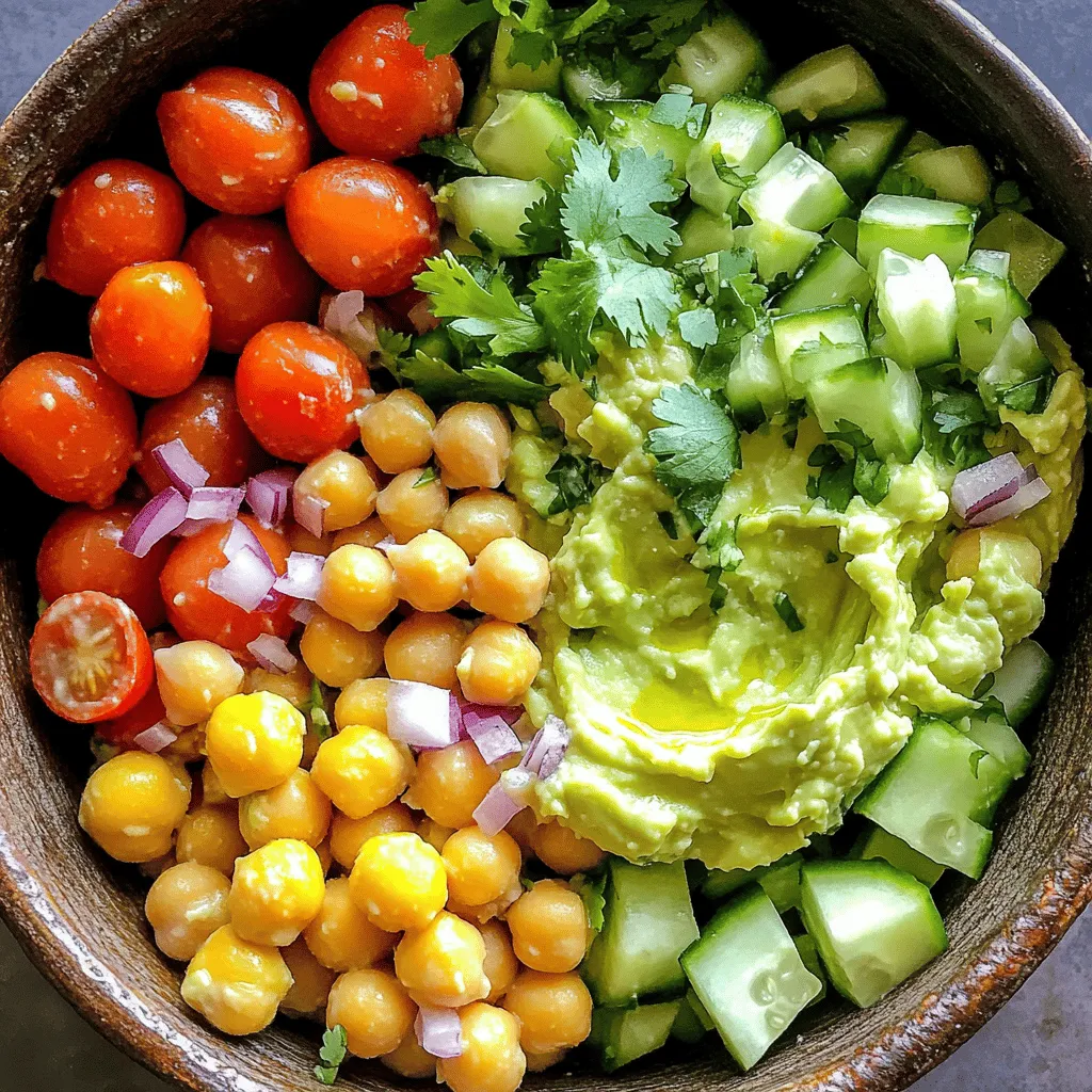- 1 can (15 oz) chickpeas, thoroughly drained and rinsed - 1 perfectly ripe avocado, peeled and pitted - 1 cup cherry tomatoes, halved - 1 medium cucumber, diced - 1/4 red onion, finely chopped - 1/4 cup fresh cilantro, chopped - 2 tablespoons freshly squeezed lemon juice - 1 tablespoon high-quality olive oil - Sea salt and freshly ground black pepper - 1/4 teaspoon ground cumin - Extra herbs for garnish - Each serving has about 200 calories. - Key vitamins include vitamin C, vitamin K, and fiber. This avocado chickpea salad packs a punch of flavor and nutrients! You get protein from chickpeas, healthy fats from avocado, and lots of vitamins from fresh veggies. The combo is not just tasty; it is good for you too. Pair this salad with pita chips for a crunchy bite. For the full recipe, check out the [Full Recipe]. To start, you need to mash the avocado. Take a ripe avocado and cut it in half. Remove the pit and scoop the flesh into a bowl. Use a fork to mash it. You want it creamy but still chunky. This adds a nice texture to your salad. Next, mix in the chickpeas. Open a can of chickpeas, drain and rinse them well. Carefully add them to the mashed avocado. Gently fold the chickpeas into the avocado. Be careful not to mash them. You want to keep the chickpeas whole for great bites. Now it's time to add in your vegetables. Chop up one cup of cherry tomatoes in half, dice a cucumber, and finely chop a quarter of a red onion. Don’t forget the cilantro! Add all these colorful veggies to your bowl. Gently mix everything together until the ingredients are well combined and coated in avocado. Then, you’ll make the dressing. In a small bowl, whisk together two tablespoons of freshly squeezed lemon juice and one tablespoon of high-quality olive oil. Add sea salt and freshly ground black pepper to taste. If you like, you can add a quarter teaspoon of ground cumin for extra flavor. This dressing will brighten the salad and tie everything together nicely. Now, drizzle the dressing over the chickpea and avocado mixture. Toss the salad gently. Make sure each ingredient gets a nice coat of dressing. Taste the salad. If it needs more flavor, adjust your seasoning. You can add more salt or lemon juice if you want it brighter. For the best taste, serve your salad right away. If you have time, let it chill in the refrigerator for 15-20 minutes. This allows the flavors to mix well. Don’t forget to check out the Full Recipe for more details! To select ripe avocados, look for ones that yield slightly when pressed. They should feel soft but not mushy. If they are hard, leave them at room temperature for a few days. Once ripe, keep them in the fridge to slow down the ripening process. To store leftover salad, use an airtight container. This keeps the salad fresh for up to two days. If you notice browning from the avocado, add a bit more lemon juice to help keep it vibrant. For a tasty pairing, serve your salad with crispy pita chips. The crunch adds a fun texture. You can also enjoy it on toasted bread for a quick meal. To present the salad, use a colorful bowl. Garnish with extra cilantro for a lively look. A sprinkle of sea salt on top can enhance the visual appeal, too. One common mistake is over-mashing the avocado. You want a creamy yet chunky texture. This keeps the salad interesting. Another mistake is not seasoning adequately. Be sure to taste and adjust your salt and lemon juice. Proper seasoning brings out all the fresh flavors in this dish. {{image_4}} You can easily boost your avocado chickpea salad with protein. Here are two great options: - Grilled chicken or shrimp: Both add a delicious, savory flavor. Just grill them and slice them up before mixing in. - Tofu for a vegetarian option: Tofu is a great meat substitute. Use firm tofu, press it, and cube it. Then toss it in for added protein. Adding new flavors can make your salad even better. Try these ideas: - Adding feta cheese: Crumbled feta adds a tangy taste that pairs well with the creamy avocado. - Experimenting with different dressings: You can switch up the dressing to change the flavor. Try balsamic, ranch, or a spicy vinaigrette for a twist. Using fresh, seasonal ingredients makes your salad shine. Here are some tips: - Incorporating seasonal veggies: Add bell peppers, radishes, or zucchini when they are in season for extra crunch and flavor. - Switching up herbs for different flavors: Try basil, parsley, or dill instead of cilantro to give your salad a new taste. These variations can turn your avocado chickpea salad into a unique dish every time you make it. For the full recipe, check out the earlier section. To keep your salad fresh, store it in the fridge. Use an airtight container to seal in the flavors. This method helps prevent browning and keeps the salad crisp. If you have space, consider using glass containers. They do not absorb odors and help you see the salad clearly. This salad lasts about three days in the fridge. After that, the ingredients may start to spoil. Check for signs like brown avocado or a sour smell. If you see either, it’s best to toss the salad. Freshness is key to enjoying this dish. Can you freeze avocado chickpea salad? I do not recommend freezing it. The avocado and tomatoes do not freeze well. They can become mushy when thawed. If you want to freeze, store the chickpeas and veggies separately. This way, you can mix fresh ingredients when you’re ready to eat. To make your avocado chickpea salad creamy, mash the ripe avocado well. Use a fork for this step. Aim for a mix of smooth and chunky textures. This keeps it interesting. Combine the mashed avocado with chickpeas gently. Folding helps maintain the shape of the chickpeas. Also, add a drizzle of olive oil for extra creaminess. Finally, use fresh lemon juice to brighten the flavors. These steps ensure your salad has a rich, creamy base. Yes, you can prepare this salad in advance. Start by chopping all the vegetables and storing them separately. This keeps them fresh and crisp. Mash the avocado just before serving. If you mash it early, it may brown. To keep the salad fresh, store it in an airtight container. You can also add lemon juice to the avocado to slow down browning. Chill the salad in the fridge for about 20 minutes before serving. This helps the flavors blend well. If you want to switch things up, try other legumes. White beans are a great option. They have a mild taste and a creamy texture. Black beans can add a fun twist with a bolder flavor. You can also use lentils for a different texture. Each legume gives a unique taste to the salad. So, feel free to get creative with your choices. Yes, this salad is gluten-free. All the main ingredients, like chickpeas and vegetables, are naturally free from gluten. This makes it a great option for those with gluten sensitivities. Always check your ingredient labels, especially for dressings. Some pre-made dressings may contain gluten. Using fresh lemon juice and olive oil ensures your dressing stays gluten-free. Enjoy this light and healthy salad without worry! For the full recipe, check out this Creamy Avocado Chickpea Delight. This blog post covered how to make a tasty avocado chickpea salad. We discussed key ingredients and gave precise steps for preparation. I shared helpful tips on freshness, serving ideas, and common mistakes to avoid. You can customize it with proteins or seasonal veggies. In summary, this salad is simple, nutritious, and versatile. It’s perfect for any meal. I encourage you to try it and share it with others. Enjoy crafting your delicious creation!