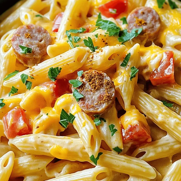 - 12 oz penne or rotini pasta - 12 oz smoked sausage, sliced - 1 tablespoon Cajun seasoning - 1 medium onion, diced - 1 bell pepper, diced - 2 cloves garlic, minced - 4 cups chicken or vegetable broth - 1 can diced tomatoes with green chilies - 1 cup heavy cream In this One Pot Cajun Sausage Pasta, the main ingredients give you a hearty base. The pasta, whether you choose penne or rotini, cooks perfectly in one pot. The smoked sausage adds a rich flavor. Cajun seasoning brings all the spice. Next are the vegetables and aromatics. A diced onion and bell pepper add sweetness and crunch. Minced garlic gives a warm, fragrant touch. These ingredients combine for a tasty mix that enhances the dish. For the liquid components, broth is key. Use chicken or vegetable broth for depth. The can of diced tomatoes with green chilies adds color and zest. Finally, heavy cream makes the sauce creamy and luscious. This blend of ingredients creates a simple yet satisfying meal. You can find the full recipe details to guide you through the cooking process. Start by heating olive oil in a large pot over medium heat. Once hot, add the sliced sausage. Sauté it for about 5 minutes until it turns brown. Make sure to stir it occasionally for even cooking. Next, add the diced onion, bell pepper, and minced garlic into the pot. Sauté this mix for 3 to 4 minutes. You want the veggies to become fragrant and slightly soft. This step builds a solid flavor base for the dish. Now, sprinkle the Cajun seasoning over the sausage and vegetables. Stir well to mix everything. This step makes your dish come alive with flavor. Pour in the can of undrained diced tomatoes and the broth. Bring this mixture to a vigorous boil. The broth adds depth and richness to your dish. Now it’s time to incorporate the pasta. Stir it into the pot, making sure it is fully submerged in the liquid. Reduce the heat to low, cover the pot, and let it simmer for about 12 minutes. Stir it occasionally to prevent sticking. The pasta should be al dente and absorb some liquid. When the pasta is cooked, reduce the heat to low again. Now, stir in the heavy cream and shredded cheddar cheese. Mix until the cheese melts and creates a creamy sauce. This is where the magic happens! Taste your dish and adjust the seasoning. Add salt and black pepper as needed. This step ensures every bite is just right. Remove the pot from heat and let it sit for a couple of minutes. This helps the sauce thicken slightly. Garnish with freshly chopped parsley before serving. This adds a pop of color and freshness. For the full recipe, check out the details provided above. To make your dish just right, adjust the Cajun seasoning. If you like it hot, add more. For a milder flavor, use less. You can also mix in other spices like paprika or cayenne for depth. A pinch of oregano or thyme can give it a fresh taste too. If you prefer softer pasta, cook it a bit longer. Just check for doneness. You can make this dish ahead of time. Simply cool it and store it in the fridge. When ready to eat, reheat it on low heat. Add a splash of broth if it seems dry. Garnish your pasta with fresh herbs. Chopped parsley or basil adds color and flavor. Serve with a side of garlic bread or a crisp salad. This makes a complete meal that everyone will love. For extra flair, sprinkle more cheese on top before serving. {{image_4}} You can change the protein in this dish. Swap the smoked sausage for chicken or turkey sausage. This switch keeps the flavor while making it a bit healthier. If you want a vegetarian or vegan option, use plant-based sausages. They work great and still bring in that Cajun flavor. Feel free to try different types of pasta. Using gluten-free pasta makes this dish friendly for those with gluten issues. You can also experiment with shapes like fusilli or farfalle. Each shape will give a unique twist to the dish. Adding veggies boosts both flavor and nutrition. Try adding spinach or mushrooms for extra texture. You can also mix in different cheeses. Cream cheese or pepper jack can add a rich, creamy taste. Don’t be afraid to get creative and make the dish your own! For the full recipe, check out the detailed instructions. Store any leftover Cajun sausage pasta in an airtight container. This keeps it fresh and safe. Let the pasta cool before sealing it. I recommend using glass or BPA-free plastic containers. They work well for storing food. You can freeze this dish for later use. To do this, let the pasta cool completely. Then, place it in freezer-safe bags or containers. Remove as much air as possible to prevent freezer burn. When you're ready to eat, thaw it overnight in the fridge. To reheat, warm it on the stove over low heat. Add a splash of broth or cream to keep it creamy. Leftovers will last about 3-4 days in the fridge. In the freezer, they can stay good for up to 3 months. Always check for signs of spoilage before eating. Look for off smells, changes in color, or mold. If you see any of these, it’s best to toss it. Yes, you can make this dish ahead of time. To prep, cook the pasta and sausage as directed. Let it cool completely. Store it in an airtight container in the fridge. You can keep it for up to three days. When ready to eat, simply reheat it on the stove. Add a splash of broth or cream to keep it moist. This dish pairs well with many sides. Consider these options: - Garlic bread for a crunchy bite - A fresh green salad for a crisp contrast - Roasted vegetables for added flavor - Corn on the cob for a sweet touch These sides create a complete meal and complement the rich flavors of the pasta. The recipe has a mild spice level. The Cajun seasoning adds warmth without overwhelming heat. If you want more spice, simply add more Cajun seasoning. You can also try red pepper flakes for an extra kick. Adjusting the heat makes this dish perfect for your taste. This blog post shared a delicious Cajun sausage pasta recipe. We covered the key ingredients, cooking steps, and tips for flavor. You learned how to adjust spice levels and explore protein options. We discussed storage methods and shelf life for leftovers. With these insights, you can confidently create a tasty meal. Enjoy trying different variations and make it your own! The flavors and ease of this recipe will leave everyone asking for more.